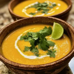 - 1 medium butternut squash, peeled and cubed - 1 can (13.5 oz) coconut milk - 1 tablespoon coconut oil - 1 medium onion, chopped - 2 cloves garlic, minced - 1 tablespoon fresh ginger, grated - 2 tablespoons red curry paste - 4 cups vegetable broth - 1 teaspoon ground cumin - 1 teaspoon turmeric powder - Salt and pepper, to taste - Fresh cilantro, for garnish - Lime wedges, for serving When making Coconut Curry Butternut Squash Soup, you might wonder about ingredient swaps. If you cannot find butternut squash, use sweet potatoes or pumpkin instead. For coconut milk, almond or cashew milk adds creaminess but changes the flavor. If you're not a fan of red curry paste, green curry paste works well too. This soup is perfect for many diets. It is vegan and gluten-free, making it great for various eaters. It also has healthy fats from coconut milk and many vitamins from squash. The full recipe includes all the details you need to make this delicious soup. To make the Coconut Curry Butternut Squash Soup, follow these steps closely. 1. Start by heating the coconut oil in a large pot over medium heat. Add the chopped onion and sauté it for about 5 minutes. You want the onion to soften but not brown. 2. Next, stir in the minced garlic and grated ginger. Cook this mix for 1-2 minutes. You will know it's ready when you smell the wonderful aroma. 3. Now, add the red curry paste. Stir it well to blend with the onion mixture. Let it cook for another minute to enhance the flavors. 4. It's time to add the cubed butternut squash. Stir it to coat it fully in the curry mixture. This helps the squash absorb all the flavors. 5. Pour in the vegetable broth and add the ground cumin and turmeric. Bring this mix to a gentle boil. When it boils, lower the heat, cover the pot, and let it simmer for 20-25 minutes. The squash should be tender when done. 6. Once cooked, take the pot off the heat. Use an immersion blender to purée the soup until smooth. If you use a traditional blender, be careful and blend in small batches. 7. Return the blended soup to low heat. Stir in the coconut milk and season with salt and pepper. Warm it for another 5 minutes to meld the flavors. 8. Serve the soup warm. Garnish with fresh cilantro and squeeze lime juice on top for extra brightness. - Immersion Blender: I prefer this tool for ease. It lets you blend right in the pot, saving time and dishes. - Traditional Blender: If using this, allow the soup to cool slightly first. Hot soup can splash and burn you. Always cover the lid with a kitchen towel. - Be careful with hot ingredients. Use oven mitts to protect your hands. - Never fill the blender all the way. Leave room for steam to escape. This keeps the soup safe and avoids spills. For the full recipe, check out the complete guide. Enjoy your cooking! To make your Coconut Curry Butternut Squash Soup shine, focus on a few key tips. - Perfecting flavor: Always start with fresh ingredients. Use ripe butternut squash for the best taste. Sauté your onion until it's soft and sweet. This builds a solid base for flavor. - Texture matters: Blend your soup until it's silky smooth. If you prefer a chunkier soup, hold back some squash before blending. Add it back in for a hearty bite. - Common mistakes: Avoid overcooking the squash. It should be tender, not mushy. Also, watch the salt. Taste as you go to keep the flavors balanced. - Tools and equipment: An immersion blender is ideal for this soup. It’s easier and keeps pots clean. If you use a traditional blender, let the soup cool a bit first. Hot soup can splatter and cause burns. These tips will help you create a delicious and inviting soup. For a full recipe, check the ingredients and steps above. {{image_2}} You can easily change this soup to fit your taste. I love adding protein to make it heartier. Lentils or chickpeas work great. They soak up the flavors and add texture. If you want to switch up the veggies, try carrots or sweet potatoes. They add sweetness and color. You can also use leafy greens like spinach or kale for extra nutrients. For spices, the red curry paste gives a nice kick. If you like it spicier, add more curry paste or some red pepper flakes. If you prefer a milder flavor, use less curry paste or add coconut milk to tone it down. Feel free to get creative! You can mix and match these ingredients to make your perfect bowl. For the complete experience, check the Full Recipe. To keep your Coconut Curry Butternut Squash Soup fresh, follow these simple tips. - Refrigeration: Store the soup in an airtight container. It lasts about 3 to 5 days in the fridge. - Freezing: For longer storage, freeze the soup. Use freezer-safe containers or bags. It keeps well for up to 3 months. When you’re ready to eat, here’s how to reheat: - Thaw: If frozen, let the soup thaw overnight in the fridge. - Reheat: Heat on low in a pot, stirring often. You can also use the microwave, heating in short bursts. By following these steps, you ensure your soup stays tasty and fresh. Enjoy this comforting dish whenever you like! For the full recipe, check out the details provided earlier. How to thicken Coconut Curry Butternut Squash Soup? To thicken the soup, blend it longer until smooth. You can also add more butternut squash or a bit of cornstarch mixed with water. If you want a creamier texture, try adding more coconut milk. Can I make this soup ahead of time? Yes! You can make this soup a day or two ahead. Just store it in the fridge after it cools down. Reheat it on the stove over low heat. Stir well so it warms evenly. What to serve with Coconut Curry Butternut Squash Soup? This soup goes well with crusty bread or a fresh salad. You can also pair it with rice for a filling meal. For a fun twist, add some roasted chickpeas on top for crunch. Full Recipe guide and resources for more recipes. For the full recipe, check out the detailed steps and tips above. You can find more tasty recipes by exploring my other articles. This blog post covered everything you need to make Coconut Curry Butternut Squash Soup. You learned about the fresh ingredients, preparation steps, and handy tips for perfecting your dish. We explored variations to suit your taste, plus how to store leftovers safely. Remember, cooking should be fun and adaptable. Try different ingredients and methods to make it your own. Enjoy your cooking journey and relish each tasty spoonful!