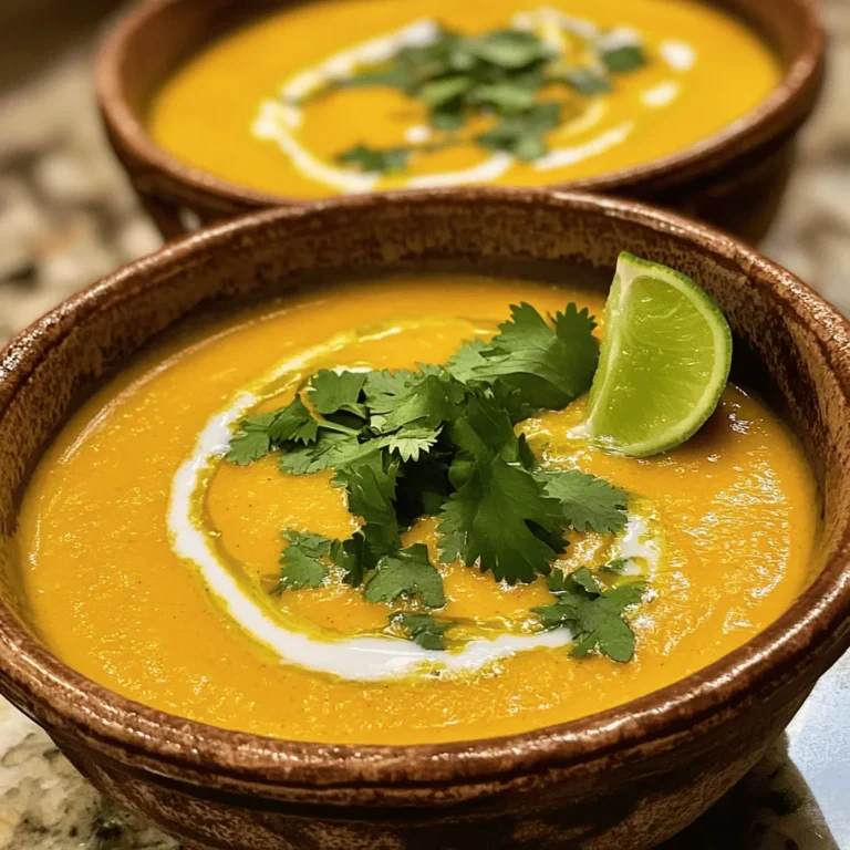 - 1 medium butternut squash, peeled and cubed - 1 can (13.5 oz) coconut milk - 1 tablespoon coconut oil - 1 medium onion, chopped - 2 cloves garlic, minced - 1 tablespoon fresh ginger, grated - 2 tablespoons red curry paste - 4 cups vegetable broth - 1 teaspoon ground cumin - 1 teaspoon turmeric powder - Salt and pepper, to taste - Fresh cilantro, for garnish - Lime wedges, for serving When making Coconut Curry Butternut Squash Soup, you might wonder about ingredient swaps. If you cannot find butternut squash, use sweet potatoes or pumpkin instead. For coconut milk, almond or cashew milk adds creaminess but changes the flavor. If you're not a fan of red curry paste, green curry paste works well too. This soup is perfect for many diets. It is vegan and gluten-free, making it great for various eaters. It also has healthy fats from coconut milk and many vitamins from squash. The full recipe includes all the details you need to make this delicious soup. To make the Coconut Curry Butternut Squash Soup, follow these steps closely. 1. Start by heating the coconut oil in a large pot over medium heat. Add the chopped onion and sauté it for about 5 minutes. You want the onion to soften but not brown. 2. Next, stir in the minced garlic and grated ginger. Cook this mix for 1-2 minutes. You will know it's ready when you smell the wonderful aroma. 3. Now, add the red curry paste. Stir it well to blend with the onion mixture. Let it cook for another minute to enhance the flavors. 4. It's time to add the cubed butternut squash. Stir it to coat it fully in the curry mixture. This helps the squash absorb all the flavors. 5. Pour in the vegetable broth and add the ground cumin and turmeric. Bring this mix to a gentle boil. When it boils, lower the heat, cover the pot, and let it simmer for 20-25 minutes. The squash should be tender when done. 6. Once cooked, take the pot off the heat. Use an immersion blender to purée the soup until smooth. If you use a traditional blender, be careful and blend in small batches. 7. Return the blended soup to low heat. Stir in the coconut milk and season with salt and pepper. Warm it for another 5 minutes to meld the flavors. 8. Serve the soup warm. Garnish with fresh cilantro and squeeze lime juice on top for extra brightness. - Immersion Blender: I prefer this tool for ease. It lets you blend right in the pot, saving time and dishes. - Traditional Blender: If using this, allow the soup to cool slightly first. Hot soup can splash and burn you. Always cover the lid with a kitchen towel. - Be careful with hot ingredients. Use oven mitts to protect your hands. - Never fill the blender all the way. Leave room for steam to escape. This keeps the soup safe and avoids spills. For the full recipe, check out the complete guide. Enjoy your cooking! To make your Coconut Curry Butternut Squash Soup shine, focus on a few key tips. - Perfecting flavor: Always start with fresh ingredients. Use ripe butternut squash for the best taste. Sauté your onion until it's soft and sweet. This builds a solid base for flavor. - Texture matters: Blend your soup until it's silky smooth. If you prefer a chunkier soup, hold back some squash before blending. Add it back in for a hearty bite. - Common mistakes: Avoid overcooking the squash. It should be tender, not mushy. Also, watch the salt. Taste as you go to keep the flavors balanced. - Tools and equipment: An immersion blender is ideal for this soup. It’s easier and keeps pots clean. If you use a traditional blender, let the soup cool a bit first. Hot soup can splatter and cause burns. These tips will help you create a delicious and inviting soup. For a full recipe, check the ingredients and steps above. {{image_2}} You can easily change this soup to fit your taste. I love adding protein to make it heartier. Lentils or chickpeas work great. They soak up the flavors and add texture. If you want to switch up the veggies, try carrots or sweet potatoes. They add sweetness and color. You can also use leafy greens like spinach or kale for extra nutrients. For spices, the red curry paste gives a nice kick. If you like it spicier, add more curry paste or some red pepper flakes. If you prefer a milder flavor, use less curry paste or add coconut milk to tone it down. Feel free to get creative! You can mix and match these ingredients to make your perfect bowl. For the complete experience, check the Full Recipe. To keep your Coconut Curry Butternut Squash Soup fresh, follow these simple tips. - Refrigeration: Store the soup in an airtight container. It lasts about 3 to 5 days in the fridge. - Freezing: For longer storage, freeze the soup. Use freezer-safe containers or bags. It keeps well for up to 3 months. When you’re ready to eat, here’s how to reheat: - Thaw: If frozen, let the soup thaw overnight in the fridge. - Reheat: Heat on low in a pot, stirring often. You can also use the microwave, heating in short bursts. By following these steps, you ensure your soup stays tasty and fresh. Enjoy this comforting dish whenever you like! For the full recipe, check out the details provided earlier. How to thicken Coconut Curry Butternut Squash Soup? To thicken the soup, blend it longer until smooth. You can also add more butternut squash or a bit of cornstarch mixed with water. If you want a creamier texture, try adding more coconut milk. Can I make this soup ahead of time? Yes! You can make this soup a day or two ahead. Just store it in the fridge after it cools down. Reheat it on the stove over low heat. Stir well so it warms evenly. What to serve with Coconut Curry Butternut Squash Soup? This soup goes well with crusty bread or a fresh salad. You can also pair it with rice for a filling meal. For a fun twist, add some roasted chickpeas on top for crunch. Full Recipe guide and resources for more recipes. For the full recipe, check out the detailed steps and tips above. You can find more tasty recipes by exploring my other articles. This blog post covered everything you need to make Coconut Curry Butternut Squash Soup. You learned about the fresh ingredients, preparation steps, and handy tips for perfecting your dish. We explored variations to suit your taste, plus how to store leftovers safely. Remember, cooking should be fun and adaptable. Try different ingredients and methods to make it your own. Enjoy your cooking journey and relish each tasty spoonful!