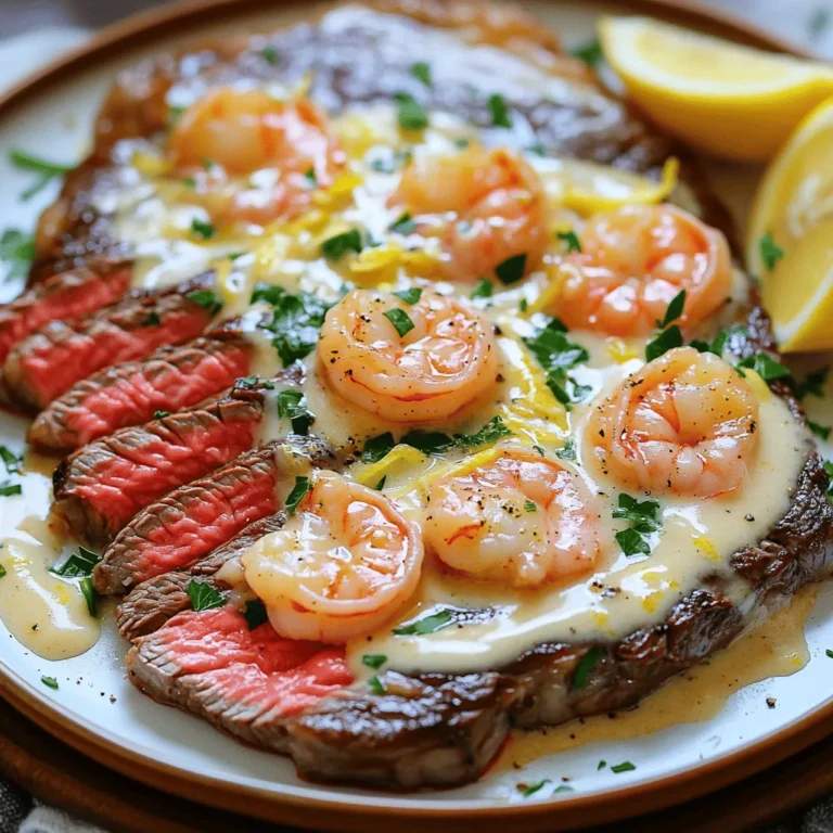 - 2 ribeye steaks (about 1-inch thick) - 8 oz shrimp, peeled and deveined - 2 tablespoons butter - 2 cloves garlic, minced - 1/2 cup heavy cream - 1/4 cup grated Parmesan cheese - 1 tablespoon fresh parsley, chopped - 1 tablespoon Worcestershire sauce - Salt and pepper to taste - Lemon wedges for serving The ribeye steaks are rich and juicy. They add a great depth of flavor to this dish. Shrimp brings a sweet and tender bite. Together, they create a wonderful mix of land and sea. Butter adds richness and helps cook the garlic. Garlic gives a warm, savory touch to the sauce. For the creamy sauce, heavy cream makes it smooth and rich. Parmesan cheese adds a nice salty bite. Fresh parsley brightens the dish with color and flavor. Worcestershire sauce enhances all the flavors, making them pop. Salt and pepper balance everything perfectly. Lastly, lemon wedges add a refreshing zing to each bite. You can find the full recipe to make this delicious Surf and Turf dish. Each ingredient works together to create a meal that impresses anyone. - Seasoning and resting First, take your ribeye steaks. Season them well with salt and pepper on both sides. This adds great flavor to the meat. Let the steaks sit at room temperature for about 30 minutes. This helps them cook evenly. - Cooking time for doneness Heat a large skillet over medium-high heat. Add 1 tablespoon of butter and let it melt. Place the seasoned steaks in the skillet. Cook for about 4-5 minutes on each side for medium-rare. If you want them more cooked, leave them longer. Once done, remove the steaks and cover them with aluminum foil to keep them warm. - Using the same skillet Now, you’ll use the same skillet for the shrimp. This adds extra flavor from the steak. Add the remaining tablespoon of butter to the skillet. Let it melt. - Cooking tips for shrimp Once the butter is melted, add minced garlic and the shrimp. Sauté the shrimp for about 3-4 minutes. They should turn pink and look opaque. This means they are ready! - Combining sauce ingredients Lower the heat. Add Worcestershire sauce and heavy cream to the skillet. Stir well. Then, mix in the grated Parmesan cheese. Cook for 2-3 minutes until the sauce thickens slightly. - Tips for a thick sauce To make the sauce thicker, let it simmer a bit longer. You can also add more cheese if you like it extra creamy. Lastly, stir in chopped parsley and season with salt and pepper to taste. For the complete recipe, visit the [Full Recipe]. To cook your steak just right, aim for the perfect doneness. Use a meat thermometer for accuracy. For medium-rare, the internal temperature should be 135°F. For medium, aim for 145°F. Remember to let your steaks rest after cooking. This step allows juices to redistribute, making each bite juicy and tender. To make your creamy sauce pop, add flavors and spices. A pinch of cayenne or smoked paprika can add a nice kick. Fresh herbs like thyme or chives also enhance the taste. You can try adding a splash of white wine for depth. For creamy sauce variations, consider using blue cheese or goat cheese for a tangy twist. Presentation makes your meal look inviting. Use warm plates to keep your food hot. Slice your steak and fan it out on the plate. Spoon the creamy sauce over the steak and shrimp. For garnishing, sprinkle fresh parsley on top. A lemon wedge on the side adds color and a zesty touch. For a final flourish, drizzle some extra sauce around the plate for a restaurant-style finish. {{image_2}} You can swap shrimp with other seafood. Scallops, lobster, or crab work well. Each adds unique flavors. For example, scallops have a sweet taste. Lobster adds a rich, buttery note. Crab meat brings a mild sweetness. Combining different seafood can create a fun twist. Mix shrimp with scallops for a great flavor blend. Try different cuts of steak for variety. Filet mignon is tender and buttery. New York strip has bold flavor. You can even use flank steak for a leaner option. Each cut offers a unique taste and texture. Cooking methods matter too! Grilling adds a smoky flavor. Broiling gives a nice char without needing a grill. Sauce can change the whole dish. You can make it spicy by adding red pepper flakes. An herb-infused sauce with thyme or basil is also tasty. You can even mix in vegetables like spinach or mushrooms. These add color and nutrition. Just sauté them before adding to the sauce. For a twist, try adding a splash of white wine for depth. For the full recipe, check out the link above. To store any leftovers, use airtight containers. Glass or plastic containers work well. Be sure to let the dish cool before sealing. This helps to keep moisture in while avoiding sogginess. Place the container in the fridge. Leftovers stay fresh for up to three days. When reheating seafood and steak, do it gently. Use a skillet over low heat for the best results. Add a splash of water or broth to keep the dish moist. Stir often to avoid burning. For steak, you can also use the microwave. Just cover it with a damp paper towel to maintain moisture. If you want to freeze the cooked dish, let it cool completely first. Then, place it in a freezer-safe container. Be sure to remove as much air as possible. This keeps the flavors locked in. The dish can last for about three months in the freezer. To thaw, move it to the fridge overnight. You can also use the microwave for quick thawing if needed. To know if your steak is cooked just right, check its doneness levels. Here’s a quick guide: - Rare: 125°F (51°C) – cool red center - Medium-rare: 135°F (57°C) – warm red center - Medium: 145°F (63°C) – pink center - Medium-well: 150°F (66°C) – slightly pink center - Well done: 160°F (71°C) – no pink, fully cooked Use a meat thermometer for best results. Insert it into the thickest part of the steak. Remember, the steak will continue cooking after you take it off the heat. Let it rest for a few minutes before cutting. This helps keep the juices inside. Yes, you can make the sauce in advance. Here are some tips for preparing it ahead of time: - Make it early: Cook the sauce up to a day before. - Store properly: Keep it in an airtight container in the fridge. - Reheat gently: Warm it on low heat when ready to serve. Stir well to combine. This way, you save time when you cook the steak and shrimp. Yes, using frozen shrimp is fine. Here’s how to thaw and cook them properly: - Thawing: Place shrimp in a bowl of cold water for about 15-20 minutes. This helps them thaw quickly. - Cooking: Cook thawed shrimp as you would fresh shrimp. They will still taste great in the creamy sauce. Frozen shrimp can be very handy and save time. Just make sure to thaw them correctly before cooking. In this post, I covered how to make a delicious ribeye and shrimp dish. We explored the main ingredients like steaks, shrimp, and creamy sauce. I shared step-by-step instructions to cook perfect steaks and sauté shrimp. I included tips for presentation and variations to customize your dish. Remember, good food brings joy. Experiment with flavors and enjoy your cooking journey. With the right steps, you can impress anyone at the table!