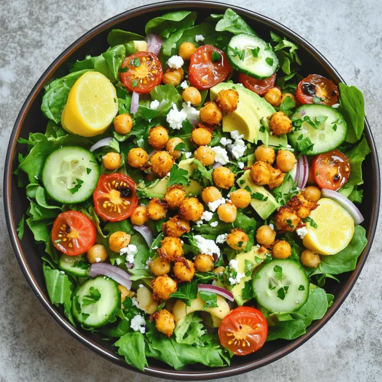 To make a tasty crispy chickpea salad, you need some simple ingredients. Here’s what you will need: - 1 can (15 oz) chickpeas, drained and rinsed - 2 tablespoons olive oil - 1 teaspoon smoked paprika - 1/2 teaspoon garlic powder - Salt and pepper to taste - 4 cups mixed salad greens (like lettuce, spinach, and arugula) - 1 cup cherry tomatoes, halved - 1 cucumber, diced - 1/4 red onion, thinly sliced - 1 avocado, sliced - 1/4 cup feta cheese, crumbled (optional) - 2 tablespoons fresh lemon juice - 1 tablespoon balsamic vinegar - Fresh parsley, for garnish These ingredients work together to create a fresh and flavorful delight. The chickpeas give protein and crunch, while the greens add color and nutrients. If you want to mix things up, you can change some ingredients. Try adding: - Bell peppers for extra crunch and color - Carrots for a sweet touch - A different cheese like goat cheese or nutritional yeast for a vegan option - Quinoa or farro for more texture You can also swap oils. Use avocado oil or sesame oil for a different flavor. The options are endless! Chickpeas are great for you. They are high in protein and fiber. This helps you feel full and satisfied. Mixed greens provide vitamins A, C, and K. These are important for your health. Tomatoes add antioxidants, which protect your body. Avocados give healthy fats that support your heart. You can read the full recipe for more details and enjoy this salad knowing you are eating healthy! This crispy chickpea salad is quick and easy. You need about 10 minutes to prep and 25 minutes to cook. In total, it takes about 35 minutes to make. This recipe serves 4 people. 1. Preheat Oven: Set your oven to 400°F (200°C). This high heat makes the chickpeas crispy. 2. Prepare Chickpeas: Drain and rinse 1 can (15 oz) of chickpeas. Toss them with 2 tablespoons of olive oil, 1 teaspoon of smoked paprika, 1/2 teaspoon of garlic powder, and salt and pepper. Spread them evenly on a baking sheet. 3. Roast Chickpeas: Place the baking sheet in the oven. Roast for 20-25 minutes. Shake the pan halfway through for even cooking. The chickpeas should be crispy and golden. 4. Prepare Salad Base: In a large bowl, mix 4 cups of salad greens, 1 cup of halved cherry tomatoes, 1 cucumber (diced), and 1/4 red onion (thinly sliced). This mix adds fresh crunch. 5. Make Dressing: In a small bowl, whisk together 2 tablespoons of fresh lemon juice, 1 tablespoon of balsamic vinegar, and more salt and pepper. This dressing ties all the flavors together. 1. Assemble Salad: Once the chickpeas cool for a few minutes, add them to the salad mix. Drizzle with the dressing and toss gently. 2. Plate & Serve: Top with sliced avocado and optional feta cheese. Garnish with fresh parsley for a pop of color. Now you have a beautiful and tasty crispy chickpea salad! For more details, check the Full Recipe. To get crispy chickpeas, start with a can of chickpeas. Drain and rinse them well. Pat them dry with a towel. This step is key. Moisture makes them soggy. Toss the chickpeas with olive oil, smoked paprika, garlic powder, salt, and pepper. Spread them out on a baking sheet. Bake them at 400°F (200°C) for 20 to 25 minutes. Shake the pan halfway through for even cooking. Look for a golden color and crunch. Let them cool a bit before adding to the salad. You can play with the dressing to fit your taste. A simple mix of lemon juice and balsamic vinegar works well. For a creamier option, add yogurt or a bit of mayonnaise. You can also try mustard for a tangy kick. If you love herbs, mix in fresh basil or dill. Each twist adds a unique flavor to your crispy chickpea salad. Preparing ahead saves time on busy days. You can roast the chickpeas a day in advance. Store them in an airtight container at room temperature. They stay crispy this way. Chop your veggies and keep them in the fridge. Combine everything just before serving. This keeps the salad fresh and crunchy. Enjoy your crispy chickpea salad anytime! {{image_2}} You can easily make this salad vegetarian or vegan. The base is already plant-based. Just skip the feta cheese. You can add some nutritional yeast for a cheesy flavor. This adds a nice twist to the salad. You can also use tahini dressing for a creamy touch. It blends well with the fresh salad. Feel free to swap in seasonal veggies. In summer, use ripe peaches instead of tomatoes. In fall, try adding roasted sweet potatoes. Both bring great flavors to the salad. You can also mix in seasonal greens like kale or swiss chard. These changes keep the salad fresh and exciting all year. If you want more protein, add grilled chicken or shrimp. These options make the salad more filling. You can also use hard-boiled eggs for a tasty twist. For a vegetarian option, add quinoa or edamame. These choices keep the meal balanced and nutritious. Remember to adjust the dressing to match your added proteins. You can find the full recipe linked above for all the details. To keep your crispy chickpea salad fresh, store it in an airtight container. This helps maintain the crunch of the chickpeas and the freshness of the greens. Place it in the fridge right after your meal. Do not mix the chickpeas with the salad until you are ready to eat. This keeps everything crispy and tasty. If you have leftover crispy chickpeas, you can reheat them. Preheat your oven to 350°F (175°C). Spread the chickpeas on a baking sheet. Heat for about 10 minutes or until they are warm. This will help regain some of their original crunch. Avoid microwaving them, as this can make them soft. The salad can last in the fridge for about 3 days if stored properly. However, the chickpeas will stay crispy for only one day. Fresh ingredients like tomatoes and cucumbers will start to lose their texture after a day. It’s best to eat the salad soon after making it for the best taste and quality. Yes, you can use dried chickpeas. First, soak them overnight. Then, cook them until tender. This process can take a few hours, but it gives great flavor. If you want a cheese substitute, try goat cheese or cubed tofu. Both add creaminess. You can also skip cheese for a lighter salad. This salad is naturally gluten-free. Just be sure to check all your ingredients. Some dressings or added toppings might contain gluten. Chickpeas are packed with protein and fiber. They help you feel full and support digestion. They also provide vitamins and minerals, which are great for your health. Plus, they are versatile and taste delicious in many dishes! This article covered how to make a tasty, crispy chickpea salad. We explored key ingredients, cooking steps, and tips for perfect chickpeas. I shared ways to adapt the salad and store leftovers. In conclusion, chickpeas make a healthy, filling choice. Changing ingredients lets you enjoy new flavors. With these steps, you can enjoy a fun, easy meal. Now, you can create your own yummy chickpea salad!
