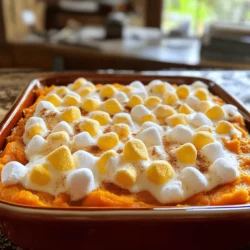 - 4 large sweet potatoes - 1/2 cup brown sugar - 1/4 cup unsalted butter - 1/2 teaspoon cinnamon - 1/4 teaspoon nutmeg - 1/4 teaspoon salt - 1/2 cup milk - 2 large eggs - 1 teaspoon vanilla extract - 2 cups mini marshmallows - Pecans or walnuts for added crunch - Coconut flakes for extra flavor - Maple syrup for sweetness Each serving has about 250 calories. - Carbs: 40g - Protein: 3g - Fats: 10g To make this dish pop, I always choose fresh, high-quality sweet potatoes. They give the best flavor and texture. The brown sugar adds a nice sweetness, while the butter makes it rich and creamy. Feel free to experiment with optional ingredients. Adding nuts gives a great crunch. Coconut flakes add a tropical twist. Maple syrup can boost the sweetness if you like it sweeter. For those watching their calories, you can adjust the sugar or butter. Sweet potatoes are already sweet, so you may not need all the added sugar. This sweet potato casserole is not just tasty but also packed with nutrients. Sweet potatoes are high in fiber and vitamins. It's a dish that can please everyone at the table. For the full recipe, check out the Heavenly Sweet Potato Delight. - Preheat the oven to 350°F (175°C). - Peel and cube the sweet potatoes for boiling. - Boil the sweet potatoes until fork-tender, about 15-20 minutes. - Drain and let them cool slightly. - In a large bowl, mash the sweet potatoes until smooth. - Add brown sugar, melted butter, cinnamon, nutmeg, salt, milk, beaten eggs, and vanilla extract. - Mix until everything is well combined and creamy. - Pour the sweet potato mixture into a greased 9x13 inch baking dish. - Spread it evenly in the dish. - Bake for 25 minutes in the preheated oven. - Remove from the oven and sprinkle mini marshmallows on top. - Return to the oven for an additional 10-15 minutes. - Bake until the marshmallows are golden and bubbly. - Allow to cool for a few minutes before serving warm. For the complete recipe, check out the Full Recipe section. To get the best texture, start with fresh sweet potatoes. Use large ones, as they cook evenly. Boil them until tender but not mushy. This way, your casserole won’t be watery. After mashing, mix in the ingredients gently. Overmixing can make it gluey, so be careful. Using fresh ingredients is key. Fresh sweet potatoes have a sweeter taste. Also, fresh spices pack more flavor. Don’t skip the vanilla extract; it adds a nice depth. One big mistake is overmixing the ingredients. This can ruin the texture and make it dense. Mix just until combined for a lighter dish. Another common error is skipping the cooling time. Letting it cool a bit helps the flavors blend better. It also makes serving easier. To boost the flavor, add spices like ginger or allspice. These can give your casserole a warm, cozy taste. Experimenting with sweeteners is fun too. You can swap brown sugar for maple syrup or honey. These add unique flavors and sweetness. {{image_2}} You can make sweet potato casserole healthier. Start by reducing sugar and fat. Use less brown sugar to cut calories. Swap unsalted butter for coconut oil or applesauce. This change keeps it moist and tasty. Next, try using non-dairy milk options. Almond or oat milk works well. These swaps still give you great flavor without extra fat. Want to spice things up? Adding spices like ginger or cloves adds warmth. These spices make the dish unique and fun. You can also incorporate fruits like apple or pear. Diced apples bring a sweet crunch. Pears add a soft texture and extra flavor. Mixing these in transforms your casserole into a new dish. Sweet potato casserole pairs great with many main dishes. Serve it alongside roasted turkey or ham for a classic meal. It also goes well with chicken or pork. Try it with complementary sides like green beans or cranberry sauce. These side dishes balance the sweetness of the casserole. If you want to impress, serve it on special occasions. It always brings smiles and warmth to the table. For the full recipe, check the earlier section. To store leftovers, let the casserole cool. Then, cover it with plastic wrap or foil. You can also place it in an airtight container. It’s best to eat it within three to four days. This keeps the flavors fresh and tasty. You can freeze Sweet Potato Casserole for up to two months. First, let it cool completely. Then, wrap it tightly with plastic wrap and foil. To reheat, thaw it in the fridge overnight. Then, warm it in the oven at 350°F (175°C) until hot. This method helps maintain the soft texture. In the fridge, the casserole lasts around three to four days. If you see any mold or smell something off, it’s time to toss it. Always check for signs of spoilage to stay safe. Keeping it stored properly ensures you enjoy every delicious bite. Yes, you can make this casserole ahead of time. Prepare the sweet potato mixture and store it in the fridge for up to two days. On the day you plan to serve it, just add the marshmallows and bake. This keeps the flavors fresh and makes cooking easier. To make this dish gluten-free, simply ensure your ingredients are gluten-free. The sweet potatoes, sugar, butter, eggs, and marshmallows are naturally gluten-free. Always check labels for any hidden gluten in pre-packaged items. If you want to skip marshmallows, consider using chopped pecans or walnuts for a crunchy topping. Alternatively, you can use a sweet potato crumble made from oats and brown sugar. This adds texture and flavor. Yes, you can make a vegan version. Replace eggs with flax eggs and use almond or coconut milk instead of regular milk. For the butter, use coconut oil or a vegan butter substitute. Look for vegan marshmallows to keep the topping. To avoid burning the marshmallows, add them halfway through baking. Bake the casserole without the marshmallows for 25 minutes, then add them and bake for another 10-15 minutes. This ensures they get golden without burning. Serve this casserole warm, right from the oven. It pairs well with roasted meats, like turkey or ham. You can also serve it as a sweet side for a holiday meal. Enjoy it with family and friends for a cozy gathering. For the full recipe, check the previous section! Sweet potato casserole is a delightful dish with sweet and creamy flavors. You need simple ingredients like sweet potatoes, sugar, and butter. Following the step-by-step instructions helps ensure great results. Remember to avoid common mistakes like overmixing. You can also customize with nuts or fruits for fun variations. Lastly, proper storage makes leftovers last longer. Enjoy your perfect sweet potato casserole at every meal!
