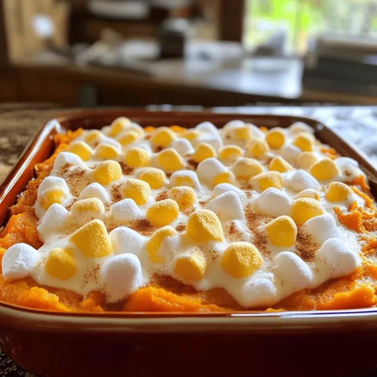 - 4 large sweet potatoes - 1/2 cup brown sugar - 1/4 cup unsalted butter - 1/2 teaspoon cinnamon - 1/4 teaspoon nutmeg - 1/4 teaspoon salt - 1/2 cup milk - 2 large eggs - 1 teaspoon vanilla extract - 2 cups mini marshmallows - Pecans or walnuts for added crunch - Coconut flakes for extra flavor - Maple syrup for sweetness Each serving has about 250 calories. - Carbs: 40g - Protein: 3g - Fats: 10g To make this dish pop, I always choose fresh, high-quality sweet potatoes. They give the best flavor and texture. The brown sugar adds a nice sweetness, while the butter makes it rich and creamy. Feel free to experiment with optional ingredients. Adding nuts gives a great crunch. Coconut flakes add a tropical twist. Maple syrup can boost the sweetness if you like it sweeter. For those watching their calories, you can adjust the sugar or butter. Sweet potatoes are already sweet, so you may not need all the added sugar. This sweet potato casserole is not just tasty but also packed with nutrients. Sweet potatoes are high in fiber and vitamins. It's a dish that can please everyone at the table. For the full recipe, check out the Heavenly Sweet Potato Delight. - Preheat the oven to 350°F (175°C). - Peel and cube the sweet potatoes for boiling. - Boil the sweet potatoes until fork-tender, about 15-20 minutes. - Drain and let them cool slightly. - In a large bowl, mash the sweet potatoes until smooth. - Add brown sugar, melted butter, cinnamon, nutmeg, salt, milk, beaten eggs, and vanilla extract. - Mix until everything is well combined and creamy. - Pour the sweet potato mixture into a greased 9x13 inch baking dish. - Spread it evenly in the dish. - Bake for 25 minutes in the preheated oven. - Remove from the oven and sprinkle mini marshmallows on top. - Return to the oven for an additional 10-15 minutes. - Bake until the marshmallows are golden and bubbly. - Allow to cool for a few minutes before serving warm. For the complete recipe, check out the Full Recipe section. To get the best texture, start with fresh sweet potatoes. Use large ones, as they cook evenly. Boil them until tender but not mushy. This way, your casserole won’t be watery. After mashing, mix in the ingredients gently. Overmixing can make it gluey, so be careful. Using fresh ingredients is key. Fresh sweet potatoes have a sweeter taste. Also, fresh spices pack more flavor. Don’t skip the vanilla extract; it adds a nice depth. One big mistake is overmixing the ingredients. This can ruin the texture and make it dense. Mix just until combined for a lighter dish. Another common error is skipping the cooling time. Letting it cool a bit helps the flavors blend better. It also makes serving easier. To boost the flavor, add spices like ginger or allspice. These can give your casserole a warm, cozy taste. Experimenting with sweeteners is fun too. You can swap brown sugar for maple syrup or honey. These add unique flavors and sweetness. {{image_2}} You can make sweet potato casserole healthier. Start by reducing sugar and fat. Use less brown sugar to cut calories. Swap unsalted butter for coconut oil or applesauce. This change keeps it moist and tasty. Next, try using non-dairy milk options. Almond or oat milk works well. These swaps still give you great flavor without extra fat. Want to spice things up? Adding spices like ginger or cloves adds warmth. These spices make the dish unique and fun. You can also incorporate fruits like apple or pear. Diced apples bring a sweet crunch. Pears add a soft texture and extra flavor. Mixing these in transforms your casserole into a new dish. Sweet potato casserole pairs great with many main dishes. Serve it alongside roasted turkey or ham for a classic meal. It also goes well with chicken or pork. Try it with complementary sides like green beans or cranberry sauce. These side dishes balance the sweetness of the casserole. If you want to impress, serve it on special occasions. It always brings smiles and warmth to the table. For the full recipe, check the earlier section. To store leftovers, let the casserole cool. Then, cover it with plastic wrap or foil. You can also place it in an airtight container. It’s best to eat it within three to four days. This keeps the flavors fresh and tasty. You can freeze Sweet Potato Casserole for up to two months. First, let it cool completely. Then, wrap it tightly with plastic wrap and foil. To reheat, thaw it in the fridge overnight. Then, warm it in the oven at 350°F (175°C) until hot. This method helps maintain the soft texture. In the fridge, the casserole lasts around three to four days. If you see any mold or smell something off, it’s time to toss it. Always check for signs of spoilage to stay safe. Keeping it stored properly ensures you enjoy every delicious bite. Yes, you can make this casserole ahead of time. Prepare the sweet potato mixture and store it in the fridge for up to two days. On the day you plan to serve it, just add the marshmallows and bake. This keeps the flavors fresh and makes cooking easier. To make this dish gluten-free, simply ensure your ingredients are gluten-free. The sweet potatoes, sugar, butter, eggs, and marshmallows are naturally gluten-free. Always check labels for any hidden gluten in pre-packaged items. If you want to skip marshmallows, consider using chopped pecans or walnuts for a crunchy topping. Alternatively, you can use a sweet potato crumble made from oats and brown sugar. This adds texture and flavor. Yes, you can make a vegan version. Replace eggs with flax eggs and use almond or coconut milk instead of regular milk. For the butter, use coconut oil or a vegan butter substitute. Look for vegan marshmallows to keep the topping. To avoid burning the marshmallows, add them halfway through baking. Bake the casserole without the marshmallows for 25 minutes, then add them and bake for another 10-15 minutes. This ensures they get golden without burning. Serve this casserole warm, right from the oven. It pairs well with roasted meats, like turkey or ham. You can also serve it as a sweet side for a holiday meal. Enjoy it with family and friends for a cozy gathering. For the full recipe, check the previous section! Sweet potato casserole is a delightful dish with sweet and creamy flavors. You need simple ingredients like sweet potatoes, sugar, and butter. Following the step-by-step instructions helps ensure great results. Remember to avoid common mistakes like overmixing. You can also customize with nuts or fruits for fun variations. Lastly, proper storage makes leftovers last longer. Enjoy your perfect sweet potato casserole at every meal!