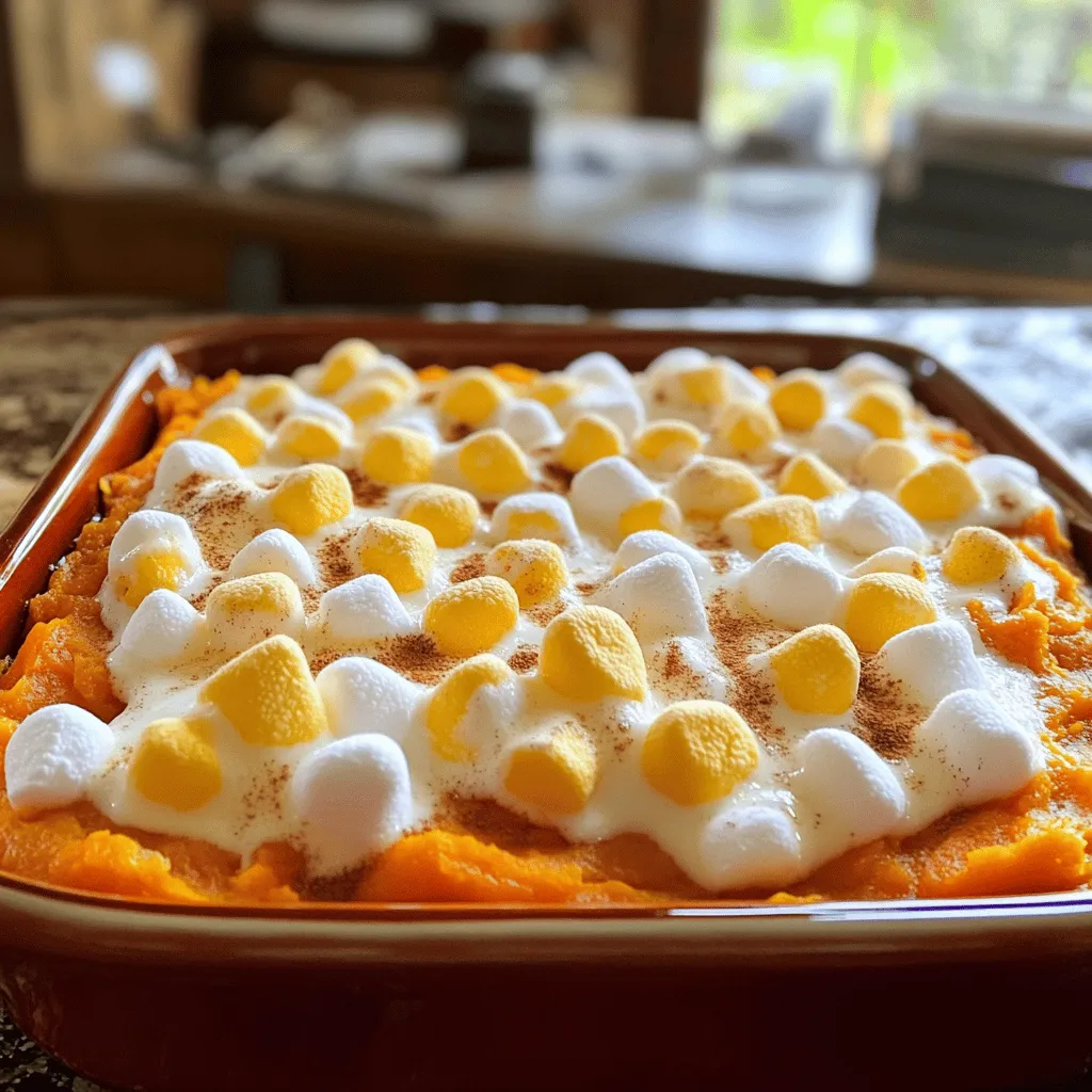 - 4 large sweet potatoes - 1/2 cup brown sugar - 1/4 cup unsalted butter - 1/2 teaspoon cinnamon - 1/4 teaspoon nutmeg - 1/4 teaspoon salt - 1/2 cup milk - 2 large eggs - 1 teaspoon vanilla extract - 2 cups mini marshmallows - Pecans or walnuts for added crunch - Coconut flakes for extra flavor - Maple syrup for sweetness Each serving has about 250 calories. - Carbs: 40g - Protein: 3g - Fats: 10g To make this dish pop, I always choose fresh, high-quality sweet potatoes. They give the best flavor and texture. The brown sugar adds a nice sweetness, while the butter makes it rich and creamy. Feel free to experiment with optional ingredients. Adding nuts gives a great crunch. Coconut flakes add a tropical twist. Maple syrup can boost the sweetness if you like it sweeter. For those watching their calories, you can adjust the sugar or butter. Sweet potatoes are already sweet, so you may not need all the added sugar. This sweet potato casserole is not just tasty but also packed with nutrients. Sweet potatoes are high in fiber and vitamins. It's a dish that can please everyone at the table. For the full recipe, check out the Heavenly Sweet Potato Delight. - Preheat the oven to 350°F (175°C). - Peel and cube the sweet potatoes for boiling. - Boil the sweet potatoes until fork-tender, about 15-20 minutes. - Drain and let them cool slightly. - In a large bowl, mash the sweet potatoes until smooth. - Add brown sugar, melted butter, cinnamon, nutmeg, salt, milk, beaten eggs, and vanilla extract. - Mix until everything is well combined and creamy. - Pour the sweet potato mixture into a greased 9x13 inch baking dish. - Spread it evenly in the dish. - Bake for 25 minutes in the preheated oven. - Remove from the oven and sprinkle mini marshmallows on top. - Return to the oven for an additional 10-15 minutes. - Bake until the marshmallows are golden and bubbly. - Allow to cool for a few minutes before serving warm. For the complete recipe, check out the Full Recipe section. To get the best texture, start with fresh sweet potatoes. Use large ones, as they cook evenly. Boil them until tender but not mushy. This way, your casserole won’t be watery. After mashing, mix in the ingredients gently. Overmixing can make it gluey, so be careful. Using fresh ingredients is key. Fresh sweet potatoes have a sweeter taste. Also, fresh spices pack more flavor. Don’t skip the vanilla extract; it adds a nice depth. One big mistake is overmixing the ingredients. This can ruin the texture and make it dense. Mix just until combined for a lighter dish. Another common error is skipping the cooling time. Letting it cool a bit helps the flavors blend better. It also makes serving easier. To boost the flavor, add spices like ginger or allspice. These can give your casserole a warm, cozy taste. Experimenting with sweeteners is fun too. You can swap brown sugar for maple syrup or honey. These add unique flavors and sweetness. {{image_2}} You can make sweet potato casserole healthier. Start by reducing sugar and fat. Use less brown sugar to cut calories. Swap unsalted butter for coconut oil or applesauce. This change keeps it moist and tasty. Next, try using non-dairy milk options. Almond or oat milk works well. These swaps still give you great flavor without extra fat. Want to spice things up? Adding spices like ginger or cloves adds warmth. These spices make the dish unique and fun. You can also incorporate fruits like apple or pear. Diced apples bring a sweet crunch. Pears add a soft texture and extra flavor. Mixing these in transforms your casserole into a new dish. Sweet potato casserole pairs great with many main dishes. Serve it alongside roasted turkey or ham for a classic meal. It also goes well with chicken or pork. Try it with complementary sides like green beans or cranberry sauce. These side dishes balance the sweetness of the casserole. If you want to impress, serve it on special occasions. It always brings smiles and warmth to the table. For the full recipe, check the earlier section. To store leftovers, let the casserole cool. Then, cover it with plastic wrap or foil. You can also place it in an airtight container. It’s best to eat it within three to four days. This keeps the flavors fresh and tasty. You can freeze Sweet Potato Casserole for up to two months. First, let it cool completely. Then, wrap it tightly with plastic wrap and foil. To reheat, thaw it in the fridge overnight. Then, warm it in the oven at 350°F (175°C) until hot. This method helps maintain the soft texture. In the fridge, the casserole lasts around three to four days. If you see any mold or smell something off, it’s time to toss it. Always check for signs of spoilage to stay safe. Keeping it stored properly ensures you enjoy every delicious bite. Yes, you can make this casserole ahead of time. Prepare the sweet potato mixture and store it in the fridge for up to two days. On the day you plan to serve it, just add the marshmallows and bake. This keeps the flavors fresh and makes cooking easier. To make this dish gluten-free, simply ensure your ingredients are gluten-free. The sweet potatoes, sugar, butter, eggs, and marshmallows are naturally gluten-free. Always check labels for any hidden gluten in pre-packaged items. If you want to skip marshmallows, consider using chopped pecans or walnuts for a crunchy topping. Alternatively, you can use a sweet potato crumble made from oats and brown sugar. This adds texture and flavor. Yes, you can make a vegan version. Replace eggs with flax eggs and use almond or coconut milk instead of regular milk. For the butter, use coconut oil or a vegan butter substitute. Look for vegan marshmallows to keep the topping. To avoid burning the marshmallows, add them halfway through baking. Bake the casserole without the marshmallows for 25 minutes, then add them and bake for another 10-15 minutes. This ensures they get golden without burning. Serve this casserole warm, right from the oven. It pairs well with roasted meats, like turkey or ham. You can also serve it as a sweet side for a holiday meal. Enjoy it with family and friends for a cozy gathering. For the full recipe, check the previous section! Sweet potato casserole is a delightful dish with sweet and creamy flavors. You need simple ingredients like sweet potatoes, sugar, and butter. Following the step-by-step instructions helps ensure great results. Remember to avoid common mistakes like overmixing. You can also customize with nuts or fruits for fun variations. Lastly, proper storage makes leftovers last longer. Enjoy your perfect sweet potato casserole at every meal!