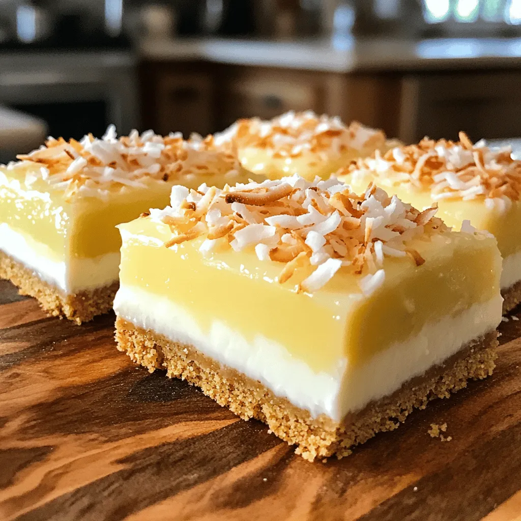 Let’s dive into the essential ingredients for making these delightful Coconut Cream Pie Bars. Each item plays a key role in creating that rich and creamy texture, along with a burst of coconut flavor. - 1 cup graham cracker crumbs - 1/4 cup unsweetened shredded coconut - 1/4 cup granulated sugar - 1/2 cup unsalted butter, melted - 1 (14 oz) can coconut milk - 1 cup heavy cream - 1/2 cup powdered sugar - 3 tablespoons cornstarch - 1/4 teaspoon salt - 1 teaspoon vanilla extract - 2 large egg yolks - Toasted coconut flakes for topping Here’s how these ingredients work together. The graham cracker crumbs form a crunchy base. The shredded coconut adds texture and flavor to the crust. Granulated sugar sweetens the mix, while melted butter binds everything together. Next, coconut milk and heavy cream create a rich filling. The powdered sugar adds sweetness, and cornstarch helps thicken the filling. Salt enhances all the flavors, and vanilla extract adds a warm note. Finally, egg yolks give the filling its creamy texture. Don’t forget to sprinkle toasted coconut flakes on top for that perfect finish. For the full recipe, check the section above. Enjoy creating your Coconut Cream Pie Bars! Preheating the Oven Start by preheating your oven to 350°F (175°C). This step is key for a perfect crust. Mixing the Crust Ingredients In a bowl, combine: - 1 cup graham cracker crumbs - 1/4 cup unsweetened shredded coconut - 1/4 cup granulated sugar - 1/2 cup unsalted butter, melted Stir these until they mix well. This will be your crust. Baking the Crust Press the mixture into the bottom of a greased 8x8 inch baking dish. Make sure it is even. Bake for about 10 minutes. You want the crust to be lightly golden. Remove it from the oven and let it cool. Combining the Filling Ingredients In a medium saucepan, whisk together: - 1 (14 oz) can coconut milk - 1 cup heavy cream - 3 tablespoons cornstarch - 1/2 cup powdered sugar - 1/4 teaspoon salt This mix will be creamy and rich. Cooking the Mixture Place the saucepan over medium heat. Whisk continuously until the mixture thickens. You want it to just begin to simmer. Tempering the Egg Yolks In a small bowl, whisk 2 large egg yolks until they are lightly beaten. Gradually pour about a cup of the hot coconut cream mixture into the egg yolks. Whisk as you pour to prevent cooking the eggs. Then, add this back into the saucepan. Cook for another 2-3 minutes until it thickens further. Remove from heat and stir in 1 teaspoon vanilla extract. Pouring the Filling over the Crust Carefully pour the coconut cream filling over your cooled crust. Spread it evenly to cover the entire surface. Cooling Process Let the bars cool to room temperature. Then, transfer them to the refrigerator for at least 4 hours. This helps them set properly. Cutting and Serving the Bars Once set, cut the bars into squares. Top each square with toasted coconut flakes for added crunch. Enjoy your delicious creation! For the full recipe, check out the Coconut Cream Pie Bars. - Importance of Cooling Time Cooling is key! After baking your crust, let it cool fully. This helps the filling set well. If you skip this step, your bars may turn out mushy. Trust me, wait for it to cool down before adding the filling. This way, you get a nice, firm base. - How to Avoid Curds in the Filling To avoid curds, whisk well when cooking the filling. Make sure the heat is medium, not too high. If you see clumps forming, keep stirring until smooth. Also, temper the egg yolks properly. This means mixing them with hot filling first, then combining. It prevents curdling and keeps your filling silky. - Suggestions for Additional Toppings Add fun toppings! Try whipped cream for a soft touch. Fresh fruit like bananas or berries can brighten the taste. You can also sprinkle extra toasted coconut on top. It adds crunch and looks pretty too! - Using Quality Ingredients Always choose good ingredients. Use fresh coconut milk for a rich flavor. Opt for real vanilla extract instead of imitation. Quality makes a big difference in taste. When you use the best, your Coconut Cream Pie Bars will shine! For a detailed guide on making these bars, check out the Full Recipe. {{image_2}} To make vegan coconut cream pie bars, swap the dairy for plant-based options. Use coconut cream instead of heavy cream. You can also replace egg yolks with cornstarch. A good ratio is 1 tablespoon of cornstarch mixed with 3 tablespoons of water for each egg yolk. This keeps the filling thick and creamy. For a gluten-free version, choose gluten-free graham cracker crumbs. Many brands offer tasty options, so read the labels carefully. You might also use almond flour or oats in place of crumbs. This makes the crust just as delightful without gluten. You can add variety to the filling by mixing in chocolate or fruit. For a chocolate twist, stir in some cocoa powder or melted dark chocolate. If you prefer fruit, try adding mashed bananas or fresh berries. These additions give a fun flair to the classic taste. Feel free to explore these variations. Each one brings its own joy to the table. You can find the full recipe for coconut cream pie bars and customize it to your liking! To keep your Coconut Cream Pie Bars fresh, place them in an airtight container. This will help prevent moisture loss and keep them from drying out. Store the bars in the fridge. They will stay good for up to a week. If you want the best taste, eat them within three days. If you want to save some bars for later, freezing is a great option. First, cut the bars into squares. Wrap each square in plastic wrap, then place them in a freezer bag. Be sure to remove as much air as possible before sealing. You can freeze the bars for up to three months. To enjoy them, let them thaw in the fridge overnight. This keeps them fresh and tasty. For more details, refer to the Full Recipe. Coconut Cream Pie Bars stay fresh for about 4 to 5 days when stored in the fridge. Make sure to cover them well. This helps keep them moist and tasty. If you want to enjoy them longer, you can freeze them. They can last up to 2 months in the freezer. Just wrap them tightly in plastic wrap and then foil. Yes, you can make Coconut Cream Pie Bars without egg yolks. If you want to skip the eggs, use a thickener like cornstarch. You can increase the cornstarch to about 4 tablespoons to help with the creaminess. The bars will still taste great and be smooth. To cut the bars neatly, first chill them until they are fully set. Use a sharp knife for clean cuts. Run the knife under hot water, then dry it before cutting. This helps create smooth edges. Cut them into squares or rectangles, depending on your preference. You can make the crust more flavorful by adding spices or extras. Try mixing in a teaspoon of cinnamon or a pinch of nutmeg. You can also use crushed nuts, like almonds or pecans, for added crunch. A touch of brown sugar can add a deeper taste, too. The main difference between bars and a pie is their shape and serving style. Bars are typically cut into squares or rectangles, while pies are served in slices. Bars usually have a thicker crust and filling ratio. Pies often have a crust on the bottom and sometimes on the top. Both are delicious, but bars are easier to grab and go! This blog post revealed a tasty recipe for Coconut Cream Pie Bars. You learned about the key ingredients and simple steps for making the crust and filling. I shared tips for perfecting the texture and enhancing flavor. You also discovered vegan and gluten-free options. In short, making these bars is fun and easy. Enjoy experimenting with flavors and impressing your friends and family with this delicious treat.