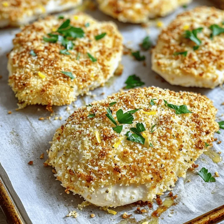 - 4 boneless, skinless chicken breasts - 1 cup grated Parmesan cheese - 1 cup panko breadcrumbs - 2 cloves garlic, minced - 1 tablespoon Italian seasoning - 1 teaspoon lemon zest - 2 large eggs - 1 tablespoon olive oil - Salt and pepper to taste To create a delicious Parmesan crust, you need a few key ingredients. First, the chicken breasts provide a juicy base. The grated Parmesan cheese adds a rich, nutty flavor. Panko breadcrumbs give a light, crispy texture. Next, the seasoning mix is vital. Minced garlic brings depth, while Italian seasoning adds herbs like oregano and basil. A touch of lemon zest brightens the dish. Finally, the binding ingredients hold everything together. Eggs help the coating stick to the chicken. Olive oil adds moisture and flavor. Don't forget salt and pepper to enhance all the tastes. With these ingredients, you can make a meal that is both crispy and flavorful. For the full recipe, check out the detailed steps. First, preheat your oven to 400°F (200°C). This temperature helps the chicken cook evenly. Next, prepare a baking sheet by lining it with parchment paper or lightly greasing it. This prevents sticking and makes cleanup easier. Now, let’s make the Parmesan mixture. In a shallow bowl, combine these ingredients: - 1 cup grated Parmesan cheese - 1 cup panko breadcrumbs - 2 cloves garlic, minced - 1 tablespoon Italian seasoning - 1 teaspoon lemon zest - Salt and pepper to taste Mix everything well until it is evenly combined. This blend gives your chicken that tasty crust. In another bowl, crack and whisk 2 large eggs until frothy. This egg wash helps the breadcrumbs stick to the chicken. Take one chicken breast and dip it into the egg mixture. Allow any excess egg to drip off. Then, coat the chicken with the Parmesan breadcrumb mixture. Press gently to make sure the crumbs stick well. Repeat this for all the chicken breasts. This step is key for that crispy texture you want. Now, heat 1 tablespoon of olive oil in a large skillet over medium heat. Once the oil is hot, place the breaded chicken breasts in the skillet. Sear them for about 2-3 minutes on each side until they turn golden brown. This step adds flavor and color. After searing, transfer the chicken to the prepared baking sheet. Bake in the preheated oven for 15-20 minutes. Make sure the chicken is cooked through, reaching an internal temperature of 165°F (75°C). Once cooked, let the chicken rest for 5 minutes before serving. This keeps it juicy. You can garnish with fresh chopped parsley for added color and freshness. For the full recipe, refer to the section above. To get that perfect crunch, use panko breadcrumbs. They are lighter and crispier than regular breadcrumbs. This difference makes your chicken extra crunchy and delightful. Make sure your oil is hot enough—about 350°F (175°C). If the oil isn't hot, the chicken may soak up too much oil, turning soggy instead of crispy. For great flavor, think beyond salt and pepper. You can add smoked paprika or cayenne for a kick. Fresh herbs like thyme, basil, or rosemary can elevate the taste. Just chop them fine and mix them into your breadcrumb mix for a fresh twist. To check if your chicken is done, use a meat thermometer. The thickest part should reach 165°F (75°C). This ensures it’s safe to eat and juicy. After cooking, let the chicken rest for five minutes. This helps the juices settle, keeping the meat moist and tasty. For the full recipe, check the details above. Enjoy your cooking! {{image_2}} You can change the protein in this dish. Using chicken thighs instead of breasts adds more fat and flavor. Thighs stay tender and juicy, making your meal even more enjoyable. For those needing gluten-free options, swap out regular breadcrumbs for gluten-free panko. You can find these at most grocery stores. They add the same crunch and taste without the gluten. Want to change the flavor? It’s easy! You can add spices like paprika or cayenne for heat. Fresh herbs like basil or thyme can also give a fresh twist. Try mixing in different cheese flavors. Cheddar adds a sharpness, while mozzarella makes it gooey and rich. Combining these with Parmesan creates a unique flavor blend. You don’t have to bake the chicken every time. An air fryer works great for a crispy texture. Just set it to 375°F (190°C) and cook for about 12-15 minutes. Grilling is another option. Grill the chicken over medium heat for about 6-7 minutes per side. This gives it a lovely smoky flavor, perfect for summer meals. For the full recipe, check out the instructions above. To store leftover Parmesan crusted chicken, follow these steps: - Cool the chicken to room temperature first. This helps prevent moisture buildup. - Slice the chicken into pieces if you prefer. It makes reheating easier. - Use airtight containers or wrap the chicken tightly in plastic wrap. This keeps the chicken fresh. Reheating properly helps keep the chicken crispy. Here’s how: - Oven Method: Preheat your oven to 375°F (190°C). Place the chicken on a baking sheet. Heat for about 10-15 minutes. This keeps the crust from getting soggy. - Skillet Method: Heat a skillet over medium heat. Add a small amount of oil. Cook the chicken for about 3-4 minutes on each side until warm and crispy. You can freeze Parmesan crusted chicken for later use: - Wrap the cooled chicken tightly in plastic wrap, then place it in a freezer bag. Remove as much air as possible. - Label the bag with the date before freezing. - To thaw, place the chicken in the fridge overnight. For quicker results, use the microwave on defrost setting. To keep your chicken juicy, cook it at the right temperature. Use a meat thermometer to check for 165°F (75°C). This way, you avoid overcooking. Letting the chicken rest is just as important. After baking, let it sit for about 5 minutes. This helps the juices redistribute, making each bite tender and moist. Yes, you can use regular breadcrumbs, but the texture will change. Panko gives a lighter, crunchier coating. Regular breadcrumbs are finer and may not be as crispy. If you don’t have panko, try crushing some crackers or using cornflakes. Both can add a nice crunch to your Parmesan crusted chicken. This dish pairs well with many sides. Here are some great options: - Steamed broccoli - Garlic mashed potatoes - Caesar salad - Roasted vegetables - Rice pilaf These sides complement the chicken’s flavors and add color to your plate. Yes, you can prep this dish ahead. Bread the chicken and store it in the fridge for a few hours. This helps the coating stick better when you cook it. To reheat, bake it in the oven at 350°F (175°C) until heated through. This keeps it crispy. Avoid microwaving, as it can make the crust soggy. For the full recipe, check the entire article. This recipe for Parmesan crusted chicken covers everything from ingredients to storage tips. You learned how to prepare, coat, and cook juicy chicken that stays crispy. I shared useful tricks to enhance flavor and texture. Don't hesitate to try variations like air frying or swapping ingredients for fun twists. Whether you make it ahead of time or enjoy leftovers, this dish is sure to please. With these steps, you'll create a yummy meal that everyone will love. Enjoy your cooking journey!