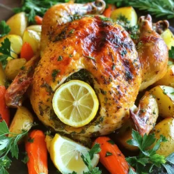- 1 whole chicken (about 4-5 lbs) - 1 tablespoon olive oil - 1 tablespoon unsalted butter, softened - 6 cloves garlic, minced - 2 teaspoons fresh thyme, chopped (or 1 teaspoon dried) - 2 teaspoons fresh rosemary, chopped (or 1 teaspoon dried) - 2 teaspoons fresh parsley, chopped - Zest of 1 lemon - Juice of 1 lemon - Salt and pepper to taste - 1 lemon, halved (for stuffing inside the chicken) - Fresh vegetables (such as carrots, potatoes, and onions) for roasting (optional) For your garlic herb roasted chicken, you need a whole chicken. Choose one that weighs around 4-5 lbs for the best results. Make sure to trim any excess fat and remove any giblets from the cavity. Next, gather fresh herbs for flavor. You will use thyme, rosemary, and parsley. Fresh herbs give a vibrant taste, but dried herbs work well too. Garlic is key in this recipe. Six cloves of minced garlic will enhance the flavors. You will also need lemon zest and juice. The zest adds freshness and brightness to the dish. Finally, consider adding vegetables. Carrots, potatoes, and onions are great options. They roast beautifully in the chicken's juices. Optional, but they make a great side. For the full recipe, follow the steps to create this delicious and flavorful dish. 1. Preheating the oven Start by preheating your oven to 425°F (220°C). This ensures even cooking and crispy skin. 2. Creating the herb paste In a small bowl, mix these items: - 6 cloves garlic, minced - 1 tablespoon olive oil - 1 tablespoon unsalted butter, softened - 2 teaspoons fresh thyme, chopped - 2 teaspoons fresh rosemary, chopped - 2 teaspoons fresh parsley, chopped - Zest of 1 lemon - Salt and pepper to taste Stir until well combined. This paste adds so much flavor. 3. Preparing the chicken Pat the whole chicken dry with paper towels. This step helps the skin crisp up nicely. 4. Stuffing the chicken Carefully loosen the skin from the meat, starting at the neck. Rub half of the herb paste under the skin. Spread the rest all over the chicken. Stuff the cavity with a halved lemon. This adds moisture and flavor. 5. Arranging vegetables (if using) If you want to add veggies, chop some carrots, potatoes, and onions. Place them around the chicken. Drizzle with olive oil and sprinkle salt and pepper for taste. 1. Roasting time and temperature Roast the chicken for about 1 hour and 20 minutes. You want the internal temperature to reach 165°F (74°C). This ensures the chicken is safe and juicy. 2. Importance of basting Halfway through cooking, baste the chicken with its juices. This keeps the meat moist and boosts flavor. 1. Resting time explanation After roasting, let the chicken rest for 10-15 minutes. This allows the juices to settle back into the meat. 2. Carving techniques To carve, start at the breast. Make clean cuts along the bone. Slice the thighs and legs next. Serve on a platter with those roasted veggies for a beautiful meal. For a complete experience, check out the Full Recipe for Garlic Herb Roasted Chicken. Enjoy this flavorful dinner delight! To get that perfect crispy skin on your garlic herb roasted chicken, start by drying the chicken. Use paper towels to pat it dry. This helps remove moisture that can make the skin soggy. Next, set your oven to 425°F (220°C). This high heat crisps the skin while keeping the meat juicy. Make sure your oven is fully preheated before you put in the chicken. For even more flavor, consider adding herbs like oregano or sage. These herbs can complement the garlic and lemon nicely. You can also try marinating the chicken a few hours before cooking. A simple mix of lemon juice, olive oil, and herbs works wonders. If you want to add a twist, try pre-seasoning the chicken with spices like paprika or cumin. These will give your dish a unique kick. Pair your roasted chicken with simple side dishes like mashed potatoes or green beans. Roasted vegetables, such as carrots and Brussels sprouts, also enhance the meal. For a complete experience, serve the chicken with a fresh salad or a tangy sauce. This adds brightness and balances the rich flavors. You can find the full recipe above to guide you through the cooking process! {{image_2}} You can change the flavor by using different herbs. Instead of thyme, try basil or oregano. These herbs add a fresh taste that complements the chicken. For a spicy kick, use chili flakes or paprika. Regional flavors can also inspire you. In Italy, use rosemary and sage. In Mexico, cilantro and lime create a zesty mix. Experimenting with herbs lets you create a unique dish every time. If you want to try a different cooking method, a slow cooker works well. It keeps the chicken juicy and tender. Set it on low for 6 to 8 hours for best results. Grilling is another tasty option. It gives the chicken a smoky flavor and crispy skin. Cook it over medium heat until the internal temp reaches 165°F. Each method offers its own delicious twist on this classic dish. You can also adapt this recipe for dietary needs. For a gluten-free option, ensure all your ingredients are certified gluten-free. Use fresh herbs and spices without any added fillers. If you want a low-carb variation, skip the vegetables and use cauliflower. This keeps it light while still being full of flavor. These adjustments help you enjoy garlic herb roasted chicken no matter your diet. Store leftover garlic herb roasted chicken in the fridge. Place it in an airtight container. This keeps the chicken fresh for up to four days. Always cool the chicken before sealing it. For longer storage, freeze the chicken. Wrap it tightly in plastic wrap. Then place it in a freezer bag. This method helps it last for about three months. To reheat the chicken, use the oven for best flavor. Preheat your oven to 350°F (175°C). Place the chicken in a baking dish. Add a splash of broth or water to keep it moist. Cover the dish with foil to prevent drying. Heat for about 20 minutes, or until warm. If you're short on time, you can use the microwave. Slice the chicken and place it on a plate. Cover it with a damp paper towel. Heat in 30-second bursts until warm. This helps avoid dry chicken. For the best results, always check the chicken's temperature. It should reach at least 165°F (74°C) before serving. Enjoy the juicy, flavorful chicken again! For the full recipe, check out the detailed steps above. Roasting a chicken takes about 20 minutes per pound. For a 4-5 pound chicken, aim for 1 hour and 20 minutes. Always check the internal temperature with a meat thermometer. It should reach 165°F (74°C) in the thickest part of the meat. This ensures it is safe to eat. Using frozen chicken is not ideal for this recipe. Thaw your chicken in the fridge for 24 hours before cooking. If you're short on time, place it in cold water for a few hours. Make sure to change the water every 30 minutes for safe thawing. If your chicken is undercooked, return it to the oven. Cook it until it reaches the safe temperature of 165°F (74°C). Always check multiple spots to ensure it's fully cooked. This way, you keep your meal safe and delicious. Stuffing the chicken cavity is not necessary. It can add flavor and moisture. However, it increases cooking time. If you choose to stuff it, make sure the stuffing also reaches 165°F (74°C). This keeps everything safe and tasty. To make this dish ahead, prepare the chicken up to the roasting step. Cover it and refrigerate for up to one day. You can also freeze it before cooking. Just thaw and roast when you're ready. This helps save time for events or gatherings. For the full recipe, check the instructions above. This article covered everything you need to know about making garlic herb roasted chicken. We explored the key ingredients, step-by-step instructions, and helpful tips for crispy skin and flavor. You learned about different cooking methods, storage practices, and FAQs that clarify common concerns. Mastering this dish creates a delicious meal everyone will enjoy. Now, take these insights and make your next chicken dish unforgettable! Happy cooking!