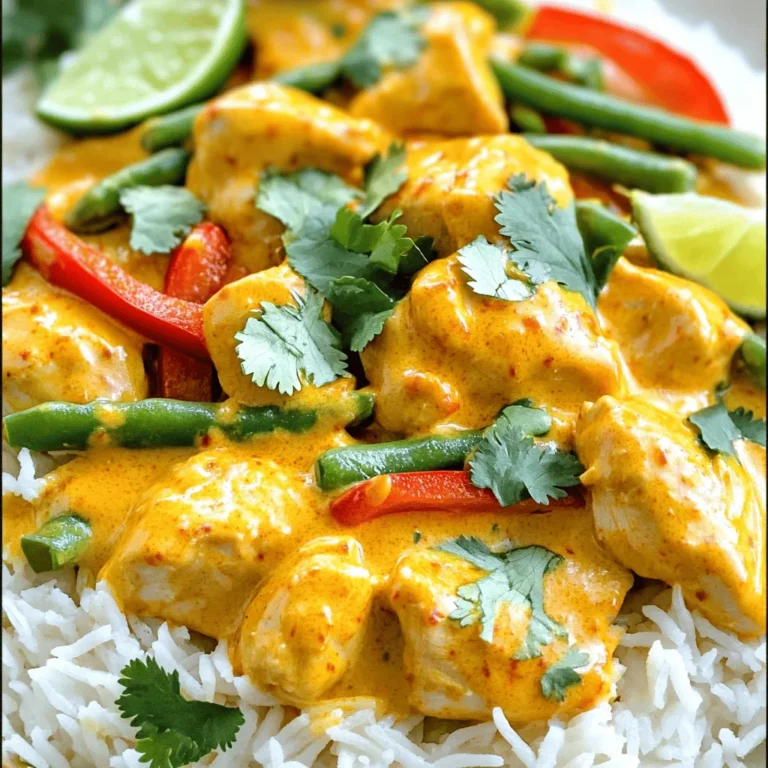 - 1 lb boneless, skinless chicken thighs (diced) - 1 can coconut milk - 2 tablespoons red curry paste - 1 tablespoon vegetable oil - 1 medium onion (chopped) - 2 cloves garlic (minced) - 1-inch piece ginger (grated) - 1 red bell pepper (sliced) - 1 cup green beans (trimmed) - 1 tablespoon fish sauce - 1 tablespoon brown sugar - Juice of 1 lime - Fresh cilantro (for garnish) - Salt and pepper to taste - Large skillet or pot - Measuring spoons - Cutting board - Sharp knife - Stirring utensil When I make coconut curry chicken, I always gather these key ingredients first. Fresh and tasty items make a big difference. I prefer using boneless, skinless chicken thighs because they stay juicy. Coconut milk gives the dish its creamy texture and rich flavor. Red curry paste adds warmth and depth to each bite. For the best flavor, I add onion, garlic, and ginger. These aromatics create a base that enhances the dish. The red bell pepper and green beans add color and crunch. Fish sauce and brown sugar balance the dish with saltiness and sweetness. The lime juice brightens everything up at the end. You’ll also need a large skillet or pot to cook everything. A measuring spoon helps with precise amounts. A sharp knife makes chopping easy and quick. Lastly, a sturdy stirring utensil is essential for mixing the ingredients well. If you want to see the full recipe, check out the Full Recipe section. - Heat vegetable oil in a large skillet over medium heat. - Add the chopped onion and sauté until it turns translucent, about 3-4 minutes. - Next, stir in the minced garlic and grated ginger. Cook for 1-2 minutes until fragrant. - Add the diced chicken thighs into the skillet. Season with salt and pepper. Cook until the chicken is browned on all sides, about 5-6 minutes. - Stir in the red curry paste. Mix it well with the chicken and cook for 1-2 minutes to deepen the flavor. - Pour in the coconut milk. Then, add the sliced red bell pepper and green beans. Make sure to stir well to combine all the ingredients. - Add the fish sauce and brown sugar. Bring the mixture to a gentle simmer. Cook for 10-15 minutes until the chicken is fully cooked and the vegetables are tender. - Squeeze in the lime juice and stir gently. Taste it and adjust seasoning with more salt, pepper, or lime juice if needed. - Serve the coconut curry chicken hot, garnished with fresh cilantro. For the full recipe, check out the [Full Recipe]. To brown chicken perfectly, heat the oil in your skillet first. Add the chicken once the oil is hot. Cook the chicken without stirring for a few minutes. This helps it to get a nice brown color. Turn the chicken to brown all sides. For simmering curry, keep the heat low. A gentle simmer lets the flavors mix well. Stir occasionally to prevent sticking. If it bubbles too much, lower the heat. To adjust spice levels in your curry, taste as you go. If it's too mild, add more red curry paste. For heat, try adding sliced chili peppers. If it's too hot, balance it with a bit of brown sugar. If you don't have fish sauce, soy sauce works great. For brown sugar, you can use honey or maple syrup. These substitutes still add a nice flavor. Serve your coconut curry chicken over jasmine rice or quinoa. Both soak up the delicious sauce well. You can also use cauliflower rice for a low-carb option. For garnishing, chop fresh cilantro and sprinkle it over the top. Add lime wedges on the side for a fresh finish. This adds color and brightens the dish. For full details, check the Full Recipe. {{image_2}} You can change up the protein in coconut curry chicken. Try using tofu or shrimp if you want. Tofu gives a nice texture, while shrimp cooks quickly. Both options still soak up that yummy curry flavor. For vegetables, you have plenty of choices. Zucchini and carrots work well in the curry. They add color and crunch. You can mix and match based on what you have at home. This makes the dish fun and fresh every time! Coconut curry chicken can take on different flavors, too. If you want a Thai twist, add some basil or lime leaves. These herbs brighten the dish and add a fresh taste. For an Indian twist, use garam masala or turmeric. This will give your curry a warm, rich flavor. You can also add chickpeas for more texture and protein. Both styles create a unique meal that feels special. If you need gluten-free options, just skip the fish sauce. Use gluten-free soy sauce instead. This keeps the flavor while making it friendly for everyone. For a vegan version, swap the chicken for chickpeas or more veggies. Use vegetable broth instead of fish sauce. The coconut milk will still give you that creamy feel. This way, everyone can enjoy coconut curry chicken! To keep your coconut curry chicken fresh, place leftovers in the fridge right away. Use airtight containers for best results. This method stops bacteria from growing and keeps flavors intact. Divide the curry into smaller portions. This makes it easier to reheat later. When it's time to enjoy your leftovers, reheat gently. Use a pot on the stovetop for even heating. Stir often to avoid hot spots. If you choose the microwave, cover the bowl with a lid. This traps steam and keeps the chicken juicy. Heat in short bursts, checking often. You can freeze coconut curry chicken for up to three months. Let the curry cool completely before storing. Transfer it to freezer-safe containers or bags. Be sure to remove as much air as possible. When ready to eat, thaw in the fridge overnight before reheating. Coconut curry chicken is a rich dish from Southeast Asia. It blends tender chicken with creamy coconut milk. The dish often uses spices like curry paste, garlic, and ginger. It has a warm, comforting flavor that many love. You can find variations in Thai and Indian cuisines. Each region adds its own twist to the base recipe. Yes, you can prepare coconut curry chicken ahead of time. Cooking it a day before can deepen the flavors. Just let it cool and store it in the fridge. When you’re ready to eat, heat it gently on the stove. The sauce will thicken a bit, but it will taste even better. To spice up your coconut curry chicken, try adding fresh chili peppers. You can include sliced jalapeños or Thai bird chilies for more heat. Another option is to mix in extra red curry paste. Taste as you go to find the right spice level for you. Coconut curry chicken pairs well with a few side dishes. Try serving it over jasmine rice or quinoa to soak up the sauce. You can also add a side of steamed vegetables. Fresh cilantro and lime wedges make great garnishes. They add color and extra flavor to your meal. In this blog post, we covered how to make tasty coconut curry chicken. You learned about the key ingredients, helpful cooking tools, and easy steps to prepare the dish. We discussed tips for cooking, flavor enhancements, and variations to fit different diets. Plus, we shared best practices for storing and reheating leftovers. Coconut curry chicken is versatile and delicious. Enjoy trying different flavors and make it your own!