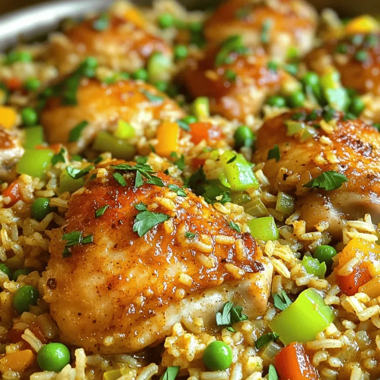 To make this dish, you will need: - 1 lb boneless, skinless chicken thighs, cut into bite-sized pieces - 1 cup long-grain rice - 1 small onion, diced - 1 bell pepper (any color), diced - 2 celery stalks, diced - 3 cloves garlic, minced - 2 cups chicken broth - 1 tablespoon Cajun seasoning - 1 teaspoon paprika - 1/2 teaspoon cayenne pepper (optional for extra heat) - 1 cup frozen peas - 2 tablespoons olive oil - Salt and pepper to taste - Fresh parsley, chopped (for garnish) You can add a few items to enhance the taste: - Chopped green onions for a fresh kick - Smoked sausage for a heartier meal - Diced tomatoes for added moisture and flavor - Bay leaves for a herbal touch To prepare this meal, gather these tools: - A large pot or Dutch oven for even cooking - A cutting board and sharp knife for prep - Measuring cups and spoons for accuracy - A wooden spoon for stirring - A fork for fluffing the rice This recipe is easy and fun to make. You will love how it all comes together in one pot. For the complete method, check out the Full Recipe. To make this dish, gather all your ingredients first. It helps to have everything ready. Chop the chicken, onion, bell pepper, celery, and garlic before you start cooking. This will save you time and keep your cooking smooth. Ensure your rice is measured out and set aside. 1. Heat two tablespoons of olive oil in a large pot over medium heat. 2. Once hot, add the diced chicken thighs. Season them with salt, pepper, and half of the Cajun seasoning. 3. Sear the chicken for about 5-7 minutes until it turns golden brown. 4. Remove the chicken from the pot and set it aside. 5. In the same pot, add the diced onion, bell pepper, and celery. Sauté for 3-4 minutes until the onion is soft and clear. 6. Stir in the minced garlic and cook for about 30 seconds, just until fragrant. 7. Add the remaining Cajun seasoning, paprika, and cayenne pepper if you like heat. Mix it well. 8. Pour in the rice and stir for 1 minute. This helps to toast the rice lightly. 9. Next, add the chicken broth. Bring it to a boil. 10. Once boiling, lower the heat and return the chicken to the pot. 11. Cover and let it simmer for 20 minutes or until the rice absorbs the broth. 12. In the last 5 minutes, add the frozen peas. Mix gently. 13. When done, fluff the rice with a fork. Adjust seasoning with salt and pepper if needed. 14. Garnish with fresh parsley before serving. To fluff the rice, use a fork instead of a spoon. This keeps the grains separate. Gently lift the rice without smashing it. This will give your dish a nice, airy texture. If the rice seems sticky, let it sit for a few minutes with the lid on before fluffing. This helps it firm up a bit. Enjoy your One Pot Cajun Chicken & Dirty Rice from the Full Recipe! To make the best one pot chicken and dirty rice, follow these tips: - Use bone-in chicken: Bone-in chicken adds more flavor. If you prefer thighs, go for skin-on for extra taste. - Sauté the veggies well: Cook the onion, bell pepper, and celery until soft. This step builds a rich base. - Toast the rice: Stir the rice in the pot for a minute. This adds a nutty flavor and helps it cook well. - Don’t skip the broth: Chicken broth enhances flavor. It gives the dish depth and moisture. - Let it rest: After cooking, let it sit for a few minutes. This helps the flavors meld together. Here are common mistakes that can ruin your dish: - Overcooking the chicken: Remove the chicken just when it turns brown. Overcooking can make it dry. - Using too much liquid: Stick to the right amount of broth. Too much liquid leads to mushy rice. - Not seasoning enough: Always taste your dish before serving. Adjust salt and spices for flavor. - Skipping the peas: Adding peas at the end keeps them bright and fresh. Don’t skip this step. To add more flavor, try these adjustments: - Add hot sauce: A splash of hot sauce can boost the spice level. It adds a nice kick. - Fresh herbs: Mix in fresh thyme or basil for a fresh taste. These herbs complement the dish well. - Smoky flavor: Use smoked paprika instead of regular paprika for a deeper flavor. - Citrus zest: A bit of lemon or lime zest can brighten the overall taste. It gives a refreshing note. For a full recipe, check out the [Full Recipe]. {{image_2}} You can switch the chicken for other meats. Try using shrimp or sausage for a tasty twist. Ground turkey or beef also works well. Each protein adds its flavor and texture. Simply adjust the cooking time based on what you choose. For example, shrimp cooks faster than chicken. For a meatless option, leave out the chicken. Replace it with mushrooms or lentils for protein. Use vegetable broth instead of chicken broth to keep it rich. You can also add more veggies like carrots or zucchini. This gives the dish color and nutrition. Season well to enhance the flavors. You can change the flavor by tweaking spices. For a smoky taste, add some smoked paprika. If you like heat, increase the cayenne pepper or add diced jalapeños. You can also try adding fresh herbs like thyme or oregano for a fragrant touch. Each change can make your dish unique and exciting. Feel free to explore these variations to make your One Pot Chicken and Dirty Rice truly your own! For the complete recipe, check out the Full Recipe. After you enjoy your one pot chicken and dirty rice, let it cool first. Then, place it in an airtight container. This helps keep the meal fresh. Store it in the fridge for up to three days. If you want to keep it longer, freezing is a great option. To reheat your leftovers, use the stove or microwave. If using the stove, add a splash of water or broth. Heat it on low, stirring often. This helps keep the rice from sticking. If you use the microwave, cover the dish to trap steam. Heat in short bursts, stirring in between, until hot throughout. For freezing, pack your dirty rice in a freezer-safe container. Leave a little space at the top for expansion. You can also use freezer bags, squeezing out the air before sealing. It can last up to three months in the freezer. When ready to eat, thaw it overnight in the fridge before reheating. Yes, you can use brown rice. Brown rice takes longer to cook. It also needs more liquid. Use 2 ½ cups of chicken broth instead of 2 cups. Cook it for about 30-40 minutes, until tender. This adds a nutty flavor and more fiber to your meal. To make One Pot Chicken and Dirty Rice in a slow cooker, first, brown the chicken in a pan. This adds great flavor. Then, place the chicken into the slow cooker. Add the veggies, broth, rice, and spices. Cook on low for 4-6 hours or high for 2-3 hours. Stir in the peas 30 minutes before serving. One Pot Chicken and Dirty Rice pairs well with many sides. Try a fresh green salad for crunch. Garlic bread is great for soaking up flavors. You can also serve it with coleslaw for a creamy touch. Each of these sides brings balance to the meal. This blog post shared how to make a tasty one-pot chicken and dirty rice. We covered the key ingredients, cooking steps, and tools you will need. I provided tips to avoid common mistakes and enhance flavors. You learned about variations and how to store leftovers. As you cook this dish, remember, practice makes perfect! Enjoy experimenting with flavors, and your meals will shine. Happy cooking!