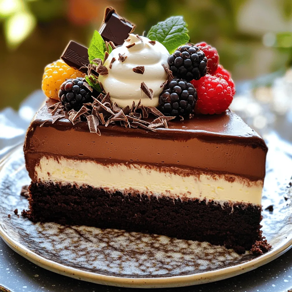 - 1 cup all-purpose flour - 1/2 cup unsweetened cocoa powder - 1 teaspoon baking powder - 1/2 teaspoon baking soda - 1/4 teaspoon salt - 1 cup granulated sugar - 1/2 cup unsalted butter, softened - 2 large eggs - 1 teaspoon vanilla extract - 1/2 cup buttermilk - 6 ounces dark chocolate (70% cacao), chopped - 1 tablespoon sugar - 3 large egg whites - 1 cup heavy cream - 6 ounces milk chocolate, chopped - 1 tablespoon sugar - 3 large egg whites - 1 cup heavy cream - 6 ounces white chocolate, chopped - 1 tablespoon sugar - 3 large egg whites - 1 cup heavy cream - Shaved chocolate or cocoa powder - Fresh berries - Whipped cream When I make this cake, I love picking the best chocolate. Quality chocolate makes a big difference in taste. The three types of chocolate give this dessert rich flavors. Use good butter too; it adds creaminess to the cake. I always use fresh eggs for the mousses. They help keep everything light and fluffy. You can find the full recipe in the main article. It guides you through each step clearly. Happy baking! - Preheat your oven to 350°F (175°C). Grease and flour an 8-inch round cake pan. - In a medium bowl, mix 1 cup of flour, 1/2 cup of cocoa powder, 1 teaspoon of baking powder, 1/2 teaspoon of baking soda, and 1/4 teaspoon of salt. - In a large bowl, cream together 1 cup of sugar and 1/2 cup of softened butter until light and fluffy. - Add 2 large eggs, one at a time, mixing well after each. Stir in 1 teaspoon of vanilla extract. - Gradually mix in the dry ingredients, alternating with 1/2 cup of buttermilk, until you have a smooth batter. - Pour the batter into the prepared cake pan. Bake for 25-30 minutes or until a toothpick comes out clean. Allow the cake to cool completely. - Melt 6 ounces of dark chocolate in a heatproof bowl over simmering water, stirring until smooth. Let it cool slightly. - In a separate bowl, whip 1 cup of heavy cream until soft peaks form. - In another bowl, beat 3 egg whites until soft peaks form. Gradually add 1 tablespoon of sugar and beat until stiff peaks form. - Fold a bit of whipped cream into the melted chocolate to lighten it. Then, gently fold in the remaining whipped cream and egg whites until fully combined. - Repeat the same steps as the dark chocolate mousse, but use 6 ounces of milk chocolate instead. - Again, repeat the process, this time using 6 ounces of white chocolate. - Place the cooled chocolate cake on a serving plate. - Spread the dark chocolate mousse evenly on top of the cake. Refrigerate for 30 minutes to set. - Next, layer the milk chocolate mousse on top of the dark chocolate mousse. Refrigerate for another 30 minutes. - Finally, layer the white chocolate mousse on top and refrigerate for at least 2 hours, or overnight, to set completely. - Once set, garnish the cake with shaved chocolate, fresh berries, and whipped cream if desired. Slice and serve chilled for a delightful treat! For the complete directions, check out the Full Recipe. Using room temperature ingredients is key to great mousse. Cold eggs or cream can lead to lumps. Let them sit out for about 30 minutes before starting. When you fold the mixtures, use a gentle motion. This keeps the air in the mousse and makes it light. Choose high-quality chocolate for rich flavor. I recommend using chocolate with at least 70% cacao for dark mousse. For milk mousse, pick a creamy milk chocolate. White chocolate should be smooth and sweet. The chocolate you use will greatly affect the taste and richness of your dessert. Take your time with cooling layers. Let the cake cool completely before adding mousse. Each mousse layer needs to chill for about 30 minutes. This helps them set well. For the final layer, refrigerate for at least two hours to make sure it holds its shape. These steps help your cake look and taste amazing. For the full recipe, check the section above. {{image_2}} You can enhance the taste of your mousse cake in fun ways. Try adding coffee or espresso. This will deepen the chocolate flavor. A small amount goes a long way. You can also use fruit purees. Berries, mangoes, or passion fruit can add freshness. Just blend the fruit and fold it into the mousse. This gives a nice burst of flavor. If you need gluten-free options, use gluten-free flour for the cake. Almond flour or a gluten-free blend works well. You can also make this dessert vegan. For the mousses, use aquafaba instead of egg whites. This is the liquid from canned chickpeas. For the cream, try coconut cream or a vegan whipped topping. These swaps keep the textures light and fluffy. Toppings can make your cake shine. Use seasonal fruits like strawberries or raspberries for color. You can also add themed decorations for holidays. Think chocolate shavings for birthdays or edible flowers for spring. These little touches make your cake special and fun to serve. Remember, presentation matters! For the full recipe, check out the detailed instructions provided earlier. To keep your Triple Chocolate Mousse Cake fresh, store it in the fridge. Use an airtight container or cover it well with plastic wrap. This keeps out moisture and odors. The cake lasts about 3 to 4 days in the fridge. If you want the best flavor, serve it within this time. You can freeze this cake, but it's best to freeze the mousse layers separately. First, let the mousse layers set completely in the fridge. Then, put them in a freezer-safe container. Make sure to label them. They can last in the freezer for up to 2 months. When you’re ready to serve, take the mousse layers out and thaw them in the fridge overnight. This helps keep the texture smooth and creamy. After refrigerating or freezing, you want the cake to taste as fresh as possible. If stored in the fridge, let it sit at room temperature for about 15 minutes before serving. This helps soften the mousse. If frozen, make sure it thaws completely in the fridge. Serve the cake chilled for the best experience. Enjoy every delicious bite! To keep your mousse layers stable, use fresh ingredients. Make sure to whip your cream until it forms soft peaks. When you fold in the whipped cream, do it gently. This keeps air in the mousse. Avoid overmixing, as that can make the mousse lose its light texture. Chilling each layer well also helps set the mousse before adding the next layer. Yes, you can prepare this cake ahead of time. You can bake the chocolate cake layer a day in advance. Store it in a sealed container at room temperature. You can also make mousse layers a day ahead. Just chill them in the fridge. Assemble the cake just a few hours before serving. This way, it stays fresh and delicious for your guests. If you don’t have buttermilk, you can make a substitute. Combine one cup of milk with one tablespoon of white vinegar or lemon juice. Let it sit for about five minutes. This will thicken and sour the milk, giving you a buttermilk-like texture. You can also use yogurt or sour cream mixed with water. Both options work well in this recipe. For a gluten-free cake, replace all-purpose flour with a gluten-free flour blend. Look for blends that contain xanthan gum, as it helps provide structure. Almond flour can also be a tasty option, but it will change the texture. Always check that the chocolate you use is gluten-free too. This way, you can enjoy this cake worry-free. A gritty mousse often comes from improperly melted chocolate or under-beaten egg whites. Ensure you melt your chocolate gently, as overheating can cause it to seize. For egg whites, beat them until stiff peaks form, but not too long. If your mousse is gritty, try gently re-melting the chocolate. This can help smooth out the texture. Always use high-quality chocolate for the best results. This blog post guides you through making a layered chocolate cake with three delicious mousses. You learned the key ingredients, step-by-step instructions, and essential tips for the best texture. Remember, the type of chocolate you choose directly affects the taste. Don’t hesitate to try flavor variations and dietary adjustments. This cake is a fun and rewarding project, perfect for any occasion. Enjoy the process and impress your friends and family with your baking skills!