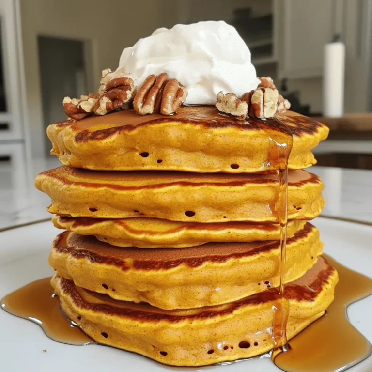 To create these amazing pumpkin spice pancakes, you need simple ingredients. Here’s what you’ll need: - 1 cup all-purpose flour - 1/2 cup canned pumpkin puree - 1 tablespoon baking powder - 1 tablespoon pumpkin pie spice - 1/4 teaspoon salt - 1 tablespoon brown sugar - 1 large egg - 1 cup milk (can substitute with almond or oat milk) - 2 tablespoons melted butter (plus extra for cooking) These ingredients come together to bring that warm, cozy taste of fall to your breakfast table. You can easily adjust these pancakes to fit your dietary needs. Here are some swaps: - Use gluten-free flour in place of all-purpose flour. - Swap the egg for 1/4 cup of applesauce for a vegan option. - Use almond or oat milk instead of cow's milk for a dairy-free choice. These substitutions keep the flavor intact while meeting your unique needs. While these pancakes taste great on their own, toppings can add extra delight. Here are some ideas: - A dollop of whipped cream for a creamy touch. - Drizzle maple syrup for sweetness. - Sprinkle chopped pecans or walnuts for crunch. - Add a dash of extra pumpkin pie spice for more flavor. These options make your pumpkin spice pancakes even more fun and tasty! Remember to check the [Full Recipe] for all the details. Start with a large mixing bowl. Add the following dry ingredients: - 1 cup all-purpose flour - 1 tablespoon baking powder - 1 tablespoon pumpkin pie spice - 1/4 teaspoon salt - 1 tablespoon brown sugar Whisk these dry ingredients together until they blend well. This mix gives the pancakes their great flavor and rise. In another bowl, mix the wet ingredients: - 1/2 cup canned pumpkin puree - 1 large egg - 1 cup milk (you can use almond or oat milk) - 2 tablespoons melted butter Stir these until the mixture is smooth. The pumpkin adds moisture and flavor, making the pancakes special. Now, heat a non-stick skillet or griddle over medium-low heat. Add a little melted butter to coat the surface. Pour about 1/4 cup of the batter onto the skillet for each pancake. Cook until bubbles form on the surface, about 2-3 minutes. When the edges look set, flip the pancake and cook for another 2 minutes until golden brown. Repeat with the rest of the batter, adding butter as needed. Serve the pancakes warm. Top with whipped cream and maple syrup for a true fall treat. For the full recipe, check the previous section. Enjoy your delicious pumpkin spice pancakes! To get the best pumpkin spice flavor, use fresh spices. Ground cinnamon, nutmeg, and ginger are key. Avoid using old spices; they lose their punch. You can also add a dash of vanilla extract for depth. Mix your spices well with the flour. This ensures even flavor in every bite. Cook your pancakes at medium-low heat. If the skillet is too hot, the outside burns while the inside stays raw. I recommend using a non-stick pan for easy flipping. Pour about 1/4 cup of batter per pancake. Wait until bubbles form on the surface before flipping. This usually takes about 2-3 minutes. Cook for another 2 minutes after flipping, until golden brown. One common mistake is over-mixing the batter. Stir until just combined; lumps are fine. Another mistake is not letting the skillet preheat enough. If it’s not hot enough, pancakes won’t rise well. Lastly, don’t skip the melted butter for cooking. It adds great flavor and keeps pancakes from sticking. For a complete guide, check the Full Recipe. {{image_2}} You can easily make gluten-free pumpkin spice pancakes by swapping flour. Use a gluten-free flour blend instead of all-purpose flour. Look for blends that include xanthan gum; they help with texture. Mix the dry ingredients as usual. Follow the rest of the recipe steps. These pancakes will be just as tasty. To make vegan pumpkin spice pancakes, replace the egg and milk. Use a flax egg instead of a chicken egg. To make a flax egg, mix one tablespoon of ground flaxseed with three tablespoons of water. Let it sit for five minutes until thick. For milk, use almond or oat milk. Your pancakes will still taste great! You can add fun flavors to your pancakes! Try mixing in chocolate chips or pecans for crunch. You can also add a splash of vanilla extract to the wet ingredients for extra flavor. If you want a spicier kick, add a pinch of cayenne pepper. These twists make each pancake a new treat! For the complete recipe, check out the Full Recipe section. After making these pumpkin spice pancakes, you may have some left. To store them, place the pancakes in an airtight container. Layer them with parchment paper to prevent sticking. Keep them in the fridge for up to three days. If you want to enjoy them later, this method keeps their flavor fresh. When you're ready to eat your leftover pancakes, reheating is easy. You can use a microwave, but I prefer a skillet for better texture. Heat a non-stick skillet over low heat. Add a small pat of butter. Place the pancakes in the skillet and warm them for about one minute on each side. This keeps them soft and adds a nice buttery flavor. Freezing is a great option for these pancakes. Start by letting them cool completely after cooking. Then, stack them with parchment paper in between each pancake. Place the stack in a freezer bag or airtight container. You can freeze them for up to three months. When you crave a tasty breakfast, just reheat them as mentioned. Enjoy your pumpkin spice pancakes anytime! Yes, you can use fresh pumpkin. First, cook the pumpkin until it's soft. Then, blend or mash it to a smooth puree. This fresh puree can add a more vibrant flavor. It may also change the texture slightly, so adjust your liquid as needed. To make fluffier pancakes, try these tips: - Use fresh baking powder; it should be active. - Don't over-mix the batter; leave some lumps. - Let the batter rest for a few minutes before cooking. This helps the pancakes rise better while cooking. Leftover pumpkin puree has many uses. You can: - Add it to smoothies for a healthy boost. - Stir it into oatmeal for extra flavor. - Use it in baked goods like muffins or bread. These options let you enjoy pumpkin in different ways! Find the full recipe for pumpkin spice pancakes to enjoy this fall treat. These pumpkin spice pancakes blend warm spices with simple steps for tasty treats. We explored key ingredients, options for dietary needs, and ways to top your pancakes. I shared tips to boost flavor and avoid common mistakes during cooking. We also discussed fun variations for gluten-free and vegan diets. Lastly, we looked at easy storage and reheating methods. Enjoy these pancakes at breakfast or any time! Happy cooking!