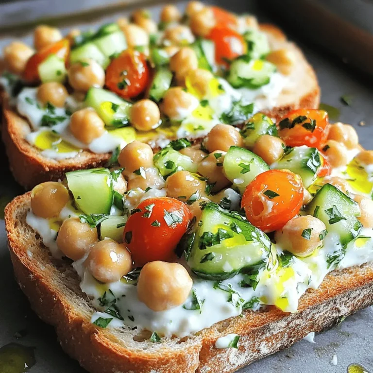 Chickpea salad melts are packed with flavor and nutrition. Here are the key ingredients: - 1 can (15 oz) chickpeas, drained and rinsed - 1/4 cup plain Greek yogurt - 1 tablespoon mayonnaise - 1 tablespoon Dijon mustard - 1/4 cup red onion, finely chopped - 1/4 cup cucumber, diced - 1/2 cup cherry tomatoes, halved - 1 tablespoon fresh dill, chopped (or 1 teaspoon dried dill) - Salt and pepper to taste - 4 slices whole grain bread - 1 cup shredded cheese (like mozzarella or cheddar) - Olive oil, for drizzling These ingredients come together to make a hearty and tasty lunch. Chickpeas are high in protein and fiber. They help keep you full longer. Greek yogurt adds creaminess and gives probiotics for gut health. Red onion adds flavor and antioxidants. Cucumbers bring hydration and crunch. Cherry tomatoes provide vitamins and a sweet taste. Fresh dill offers a burst of flavor and has anti-inflammatory properties. Whole grain bread gives fiber and energy. This meal is balanced and good for you. You can easily adjust the recipe for different needs. If you want it vegan, replace Greek yogurt and cheese with plant-based options. Use avocado or hummus instead of mayonnaise. If you are gluten-free, choose gluten-free bread. You can swap chickpeas for white beans or lentils if you have allergies. These changes keep the dish tasty while fitting your diet. For more details, check out the Full Recipe. To start, you need to prepare the chickpea mixture. First, take one can of chickpeas. Drain and rinse them well. Place the chickpeas in a mixing bowl. Use a fork to mash them. Aim for a chunky texture, leaving some whole chickpeas. This gives a nice bite. Next, add 1/4 cup of plain Greek yogurt and 1 tablespoon of mayonnaise. These add creaminess. Then, mix in 1 tablespoon of Dijon mustard for a tangy kick. Finely chop 1/4 cup of red onion and dice 1/4 cup of cucumber. Add these to the bowl. Then, halve 1/2 cup of cherry tomatoes and toss them in. Finally, sprinkle in 1 tablespoon of fresh dill, salt, and pepper. Stir everything until well combined. This mixture is full of flavor and texture. Now it's time to toast the bread. Preheat your broiler to high. Take 4 slices of whole grain bread. Place them on a baking sheet. Drizzle a little olive oil on each slice. This helps them crisp up. Put the baking sheet under the broiler for about 2-3 minutes. Watch closely to prevent burning. You want the bread to turn golden brown. This adds a nice crunch to your melts. After toasting the bread, it's time for the cheese. Take the baking sheet out of the oven. Spoon the chickpea salad mixture generously onto each slice of toasted bread. Make sure to cover the bread well. Then, sprinkle 1 cup of shredded cheese on top. You can use mozzarella or cheddar for this. Return the baking sheet to the broiler for another 2-4 minutes. Keep an eye on it as the cheese melts. You want it to be bubbly and slightly browned. Once done, remove it from the oven and let it cool for a minute. This will make it easier to eat. Enjoy your delicious Chickpea Salad Melts! For the full recipe, check out the details above. To get the best texture for your chickpea salad melts, mash the chickpeas just right. Use a fork to mash them until they are mostly smooth, but leave some whole. This gives a nice bite. If you mash them too much, the mixture will turn mushy. You want a mix of creamy and chunky for great mouthfeel. Serve your chickpea salad melts warm. This brings out the flavors of the cheese and the salad. You can top them with fresh herbs like parsley or more dill to add color. A drizzle of extra virgin olive oil adds richness too. For a fun twist, add sliced avocado or pickled jalapeños on top for extra flavor. Pair your chickpea salad melts with a light side. A fresh green salad with lemon vinaigrette works great. You can also serve them with roasted veggies for a heartier meal. If you want something crunchy, try serving with carrot sticks or cucumber slices. They add a nice contrast to the warm melts. For a cozy feel, a warm bowl of tomato soup complements this dish nicely. For the complete recipe, check out the [Full Recipe]. {{image_2}} To make vegan chickpea salad melts, skip the Greek yogurt and mayonnaise. Use mashed avocado or vegan mayo instead. It gives a creamy texture without dairy. You can also add a bit of lemon juice for flavor. This keeps the dish fresh and bright. For a spicy kick, add diced jalapeños or red pepper flakes to the chickpea mix. The heat pairs well with the coolness of the yogurt. You can also use pepper jack cheese for a spicier melt. It adds a nice flavor punch that wakes up your taste buds. If you need a grain-free or gluten-free option, use lettuce wraps instead of bread. Simply fill large lettuce leaves with the chickpea mixture. You can also use gluten-free bread. Just ensure it’s sturdy enough to hold the filling without falling apart. This keeps your meal light and healthy while still being satisfying. For more details on preparing these delicious variations, check the Full Recipe. Leftover chickpea salad melts are easy to store. Place them in an airtight container. Make sure to separate layers with wax paper to keep them fresh. You can keep them in the fridge for up to three days. If you notice any moisture, use a paper towel to absorb it. When you want to enjoy your chickpea salad melts again, reheating is simple. Preheat your oven to 350°F (175°C). Place the melts on a baking sheet and cover them with foil. This helps keep the bread from getting too hard. Heat them for about 10-15 minutes. Check to make sure the cheese is bubbly and warm. If you want to freeze chickpea salad melts, it’s best to freeze them before baking. Assemble the melts on a baking sheet, then wrap each one in plastic wrap. Store them in a freezer-safe bag or container. They can last for up to three months in the freezer. When ready to eat, thaw in the fridge overnight and then bake as usual. This method keeps your meal prep easy and delicious. For the full recipe, visit the Chickpea Salad Melts section. Yes, you can use canned chickpeas. They are quick and easy. Just drain and rinse them before using. This saves you time and makes cooking easier. Canned chickpeas have great taste and texture. You won’t lose any flavor by using them. Whole grain bread works best for Chickpea Salad Melts. It adds a nutty flavor and good texture. Sourdough or rye bread also makes great choices. They hold up well under the chickpea salad. Choose a bread you enjoy to enhance the meal. To make this recipe more filling, add protein. You can mix in cooked chicken or turkey. Tofu or tempeh also works well for a plant-based option. Adding avocado gives a creamy texture and healthy fats. You might also serve it with a side salad or soup. You can add a variety of toppings for fun. Try sliced avocado for creaminess. Fresh herbs like basil or cilantro add flavor. You could also use pickled jalapeños for heat. A drizzle of hot sauce gives a spicy kick. Get creative with your favorite toppings! Chickpea salad melts are simple and fun to make. We covered key ingredients, their benefits, and swaps for diets. You learned step-by-step instructions and tips for the best texture. Variations like vegan and spicy options offer great choices for everyone. Storing and reheating is easy, too. Embrace your creativity with this dish. Enjoy experimenting and making it your own!