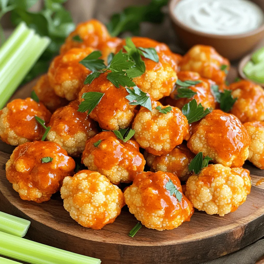 - 1 large head of cauliflower - 1 cup all-purpose flour - 1 teaspoon garlic powder - 1 teaspoon onion powder - 1 teaspoon smoked paprika - 1 cup water or plant-based milk - 1 cup buffalo sauce - 2 tablespoons olive oil - Salt and pepper to taste - Fresh parsley for garnish - Optional: Celery sticks and ranch or blue cheese dressing Buffalo Cauliflower Bites start with a large head of cauliflower. Cut it into bite-sized florets. This gives you the perfect size for coating and baking. Next, combine flour with garlic powder, onion powder, and smoked paprika for flavor. Add in water or plant-based milk to make a batter. You want this batter thick enough to coat the cauliflower but not too runny. For the buffalo sauce, you can use your favorite brand or make your own. Mixing it with olive oil adds richness. Don’t forget salt and pepper for seasoning! Fresh parsley at the end adds a nice color. If you like, serve with celery sticks and ranch or blue cheese dressing for dipping. This recipe is all about bold flavors and simple steps. You can find the full recipe to guide you through every detail. - Preheat your oven to 450°F (230°C) and line a baking sheet with parchment paper. - In a large bowl, whisk together the flour, garlic powder, onion powder, smoked paprika, salt, and pepper. - Gradually mix in the water or plant-based milk until smooth. The batter should be thick. - Dip each cauliflower floret into the batter, coating it fully. Place them on the baking sheet. - Bake the cauliflower bites for 20 minutes or until golden brown and crispy. - In another bowl, mix buffalo sauce with olive oil, adjusting spice to your taste. - Drizzle the sauce over the baked cauliflower and toss to coat. - Return the bites to the oven and bake for another 10 minutes to set the sauce. To get that perfect crunch, start with cold water or plant-based milk. Cold liquid helps the batter stick better. This gives you a crispy bite. Make sure to coat each floret evenly. You want just enough batter, so it isn't dripping. Too much makes them soggy. Buffalo sauce is key to great flavor. Adjust the spice to fit your taste. If you like it hot, add more sauce. For less heat, use less. You can also add extra seasonings. Try smoked paprika or a bit of cayenne pepper. These add depth and make the flavors pop. How you serve your Buffalo Cauliflower Bites matters. Arrange them on a nice platter. Add celery sticks around the edges for a pop of color. A small bowl of ranch or blue cheese dressing looks great too. This adds a nice touch and makes it easy to dip. For a final flourish, sprinkle fresh parsley on top. This makes your dish look even more inviting. For the full recipe, check the details above. {{image_2}} You can switch up the flavor of your Buffalo Cauliflower Bites. Instead of buffalo sauce, try different wing sauces. BBQ sauce adds a sweet twist. Garlic Parmesan sauce gives a rich and creamy taste. You can even make your own buffalo sauce. Mix hot sauce with butter and a little vinegar. Adjust the heat level to your liking. If you want a gluten-free version, you can easily swap the flour. Use almond flour or chickpea flour. Both work well in this recipe. You can also try ground oats for a nice texture. This way, everyone can enjoy the bites without worry. Feel free to add more veggies to your bites. Broccoli and zucchini are great options. They cook well and add extra color. You can mix and match your veggies based on what you like. Just cut them into similar sizes to ensure even cooking. This makes your dish more colorful and fun! To keep your Buffalo Cauliflower Bites fresh, store them in an airtight container. This helps prevent moisture loss. You can refrigerate them for up to three days. If you want to keep them longer, consider freezing them. They will last for about a month in the freezer. Just remember to let them cool completely before packing them away. For the best taste and texture, I recommend using an oven or air fryer. Preheat them to 375°F (190°C). Place the bites in a single layer and heat for about 10 minutes. This method keeps them crispy. If you use a microwave, they may become soggy. So, avoid that if you can. Enjoy your tasty leftovers just like the first time! Yes, you can prepare Buffalo Cauliflower Bites in advance. First, bake the cauliflower bites as directed in the full recipe. After baking, let them cool down. Place the bites in an airtight container. You can store them in the fridge for up to three days. When you’re ready to serve, reheat them in the oven at 375°F for about 10 minutes. This will help keep them crispy. Absolutely! Buffalo Cauliflower Bites are vegan-friendly. The main ingredients are cauliflower, flour, and plant-based milk. You can use your favorite plant-based milk or water for the batter. For the buffalo sauce, ensure that it does not contain any dairy. Most sauces are vegan, but double-check the label to be safe. Serve Buffalo Cauliflower Bites hot for the best taste. Arrange them on a platter for a fun presentation. I love to pair them with celery sticks for crunch. For dipping, ranch or blue cheese dressing works great. You can even offer a mix of both for guests to choose. These bites also go well with a side of fresh veggies to balance the spice. This blog post covered how to make delicious Buffalo Cauliflower Bites. We discussed the key ingredients, step-by-step instructions, and tips for a crispy outcome. You learned about variations to suit your taste and storage methods for leftovers. Buffalo Cauliflower Bites are great for any occasion. With a bit of creativity, you can customize them. Enjoy this dish with friends or family. Dive into this flavor-packed recipe, and make it your own!