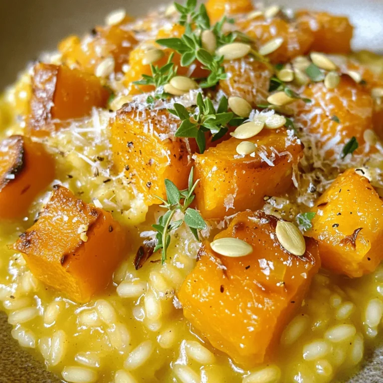 This butternut squash risotto is creamy and rich. It uses simple ingredients to create deep flavors. You can find the full recipe above. To make this dish, gather these ingredients: - 1 medium butternut squash, peeled and cubed - 1 cup Arborio rice - 1 medium onion, finely chopped - 2 garlic cloves, minced - 4 cups vegetable broth - 1/2 cup grated Parmesan cheese - 2 tablespoons olive oil - 1 tablespoon butter - Salt and pepper to taste - 1 teaspoon fresh thyme leaves (or 1/2 teaspoon dried thyme) - 1 tablespoon lemon juice - Optional garnish: toasted pumpkin seeds and fresh parsley When choosing your butternut squash, look for one that feels heavy and firm. The skin should be smooth and free from blemishes. For the rice, always use Arborio. It has a high starch content that creates the creamy texture you want. Fresh herbs add a bright flavor, so opt for fresh thyme when possible. Grated Parmesan should be good quality. It enhances the dish's richness. Using homemade vegetable broth can elevate the flavor even more. If you can, make it from fresh vegetables for the best taste. Start by heating four cups of vegetable broth in a medium saucepan. Keep the heat low so it stays warm while you cook. This step is key. Warm broth helps the rice cook evenly and absorb flavors well. In a large skillet, add one tablespoon of olive oil over medium heat. Toss in the cubed butternut squash, seasoning it with salt and pepper. Sauté for about eight to ten minutes. The squash should be tender and slightly caramelized. Once done, remove it from the skillet and set it aside. Next, use the same skillet for your aromatics. Add the remaining tablespoon of olive oil and a tablespoon of butter. Once melted, add one finely chopped onion. Cook for about five minutes until it turns translucent. Then, stir in two minced garlic cloves. Cook for one more minute until fragrant. Now, it's time to toast the rice. Add one cup of Arborio rice to the skillet. Stir it constantly for about two minutes. You want the rice grains to look slightly translucent, which enhances their flavor. This is the heart of risotto. Begin adding the warm vegetable broth to the rice, one ladle at a time. Stir frequently. Allow the rice to absorb most of the broth before adding the next ladle. This process should take about 18 to 20 minutes. The rice should be creamy and al dente. When the rice is ready, fold in the cooked butternut squash, half a cup of grated Parmesan cheese, one teaspoon of fresh thyme leaves, and one tablespoon of lemon juice. Stir well to combine all the flavors. Heat through for a couple of minutes, then season with salt and pepper to taste. For the full recipe, refer to the earlier section. Enjoy making this creamy and flavorful dish! To get that creamy risotto texture, you must stir often. Stirring helps the rice release its starch. This creates a nice, creamy sauce. Use Arborio rice; it has the right starch content. You want your rice to be al dente, or firm to the bite. This helps keep the dish light and not too mushy. To boost the flavor of your butternut squash risotto, add fresh herbs. Thyme works well, but you can also try sage or rosemary. A squeeze of lemon juice brightens the dish. It adds a nice zing that balances the sweetness of the squash. For more depth, you can use vegetable broth instead of water. Use homemade broth if possible, as it tastes better. Here are some tools that will make your risotto cooking easier: - A large skillet for even cooking - A wooden spoon for stirring - A ladle for adding broth - A medium saucepan for warming broth - A sharp knife for chopping Having these tools handy will help you focus on making a great dish. Once you gather your ingredients and tools, you'll be ready to make a delicious butternut squash risotto. For the full recipe, check the previous section. {{image_2}} You can switch up the butternut squash. Try using pumpkin or sweet potato instead. Both give a nice flavor and texture. You can also add mushrooms for depth. They pair well with the creamy rice. For some heat, a pinch of red pepper flakes works wonders. To make this dish vegan, leave out the cheese. Use nutritional yeast instead for a cheesy flavor. Substitute the butter with more olive oil. You can also use coconut milk for an extra creamy texture. Just be careful with the amount, as it can change the flavor. In fall, add some roasted Brussels sprouts or kale. They bring a lovely crunch and color. In winter, try adding sautéed spinach or Swiss chard. For spring, fresh peas or asparagus can brighten the dish. Each season offers new flavors to explore in your butternut squash risotto. For the full recipe, check above! After enjoying your butternut squash risotto, store any leftovers in an airtight container. Make sure to cool the risotto down to room temperature first. This helps keep it fresh and safe. You can keep it in the fridge for up to three days. If you notice any changes in smell or texture, it’s best to toss it out. Reheat your risotto gently to keep it creamy. Place it in a saucepan over low heat. Add a splash of vegetable broth or water to help with moisture. Stir frequently to ensure even heating. This way, you keep that lovely texture. You can also microwave it in a bowl, but cover it with a damp paper towel to prevent it from drying out. If you want to save risotto for later, freezing is a good option. Portion it into freezer-safe bags or containers. Remove as much air as possible to avoid freezer burn. Butternut squash risotto can last up to three months in the freezer. When you’re ready to eat, thaw it overnight in the fridge before reheating. This helps keep the flavor intact. For the best results, add a bit of broth when reheating to revive the creaminess. For the full recipe, check out the details above. Butternut squash risotto stays fresh in the fridge for about three days. Store it in an airtight container to keep its creaminess. If you want to eat it later, you can freeze it. Frozen risotto can last up to three months. However, the texture may change once thawed. Yes, you can make risotto without wine. Use more broth instead. This keeps the dish flavorful. Some people use lemon juice or vinegar for acidity. It adds brightness without the wine. Just adjust the salt and seasoning to taste. Butternut squash risotto pairs well with many dishes. Here are some great options: - Grilled chicken or turkey - Sautéed greens like spinach or kale - A simple side salad with a light vinaigrette - Roasted vegetables for added texture - Crusty bread to soak up the creamy risotto These sides complement the rich flavors of the risotto. Enjoy your meal! For the complete cooking guide, check out the Full Recipe. You learned about making a delicious butternut squash risotto. We covered key ingredients, cooking steps, and valuable tips. Quality ingredients make a big difference. Perfect texture and flavors are key to risotto success. Don't shy away from trying different ingredients or dietary versions. Storing and reheating can keep your dish tasty for later. With these insights, you can create a perfect risotto every time. Enjoy your cooking journey ahead!
