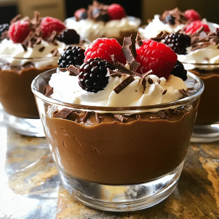 To make the best chocolate avocado mousse, you need simple and fresh ingredients. Here’s what you will need: - Ripe avocados - Cocoa powder - Sweeteners (maple syrup or honey) - Almond milk (or any milk of choice) - Vanilla extract - Salt - Optional toppings: Whipped coconut cream, chocolate shavings, fresh berries Using ripe avocados is key. They provide a creamy base and healthy fats. Cocoa powder adds rich chocolate flavor, while sweeteners balance the taste. Almond milk helps achieve the right consistency and keeps it dairy-free. Vanilla extract enhances the flavor, and a pinch of salt brings out all the tastes. For toppings, you can get creative! Whipped coconut cream adds a light touch. Chocolate shavings give extra chocolatey goodness. Fresh berries add a pop of color and freshness. Check out the Full Recipe for the complete details. Enjoy making this delicious treat! 1. Cutting and scooping avocados: Start by slicing the avocados in half. Remove the pits carefully. Use a spoon to scoop out the green flesh. Place the avocado flesh into your blender or food processor. 2. Combining ingredients in the blender: Next, add the cocoa powder, maple syrup, almond milk, vanilla extract, and a pinch of salt. Make sure you measure each ingredient for the best results. 3. Achieving the right texture: Blend the mixture on high speed. Stop occasionally to scrape down the sides. Blend until the mousse is smooth and creamy. This may take about 1-2 minutes. 4. Transferring to serving bowls: Once creamy, scoop the mousse into individual serving bowls or glasses. Make sure to divide it evenly for everyone to enjoy. 1. Refrigeration time: Cover the bowls with plastic wrap or a lid. Chill in the fridge for at least 30 minutes. This helps the flavors blend well and the mousse to set. 2. Suggestions for toppings: Before serving, feel free to add toppings. Whipped coconut cream, chocolate shavings, or fresh berries work great. They add color and extra flavor to your dessert. Enjoy your Chocolate Avocado Mousse as a creamy rich delight! For the full recipe, check the detailed instructions above. To make chocolate avocado mousse smooth, blend well. Start on low speed, then increase. This helps mix the ingredients without splattering. If you see lumps, stop the blender. Use a spatula to scrape down the sides. Blend again until creamy. This step is key for a velvety feel. Taste your mousse as you blend. If it’s not sweet enough, add more maple syrup or honey. Blend again to mix. You want the balance just right. If you prefer, try a bit of agave syrup or stevia for a different twist. Keep tasting until it matches your sweet tooth. For serving, use small bowls or clear glasses. This lets the rich color shine through. Add a dollop of whipped coconut cream on top for a nice touch. You can also sprinkle chocolate shavings or fresh berries for extra flair. Creative plating makes your dessert look gourmet, even at home. For the complete recipe, check out the [Full Recipe]. {{image_2}} You can make your chocolate avocado mousse even better with some fun flavors. Try adding different sweeteners like agave syrup. It gives a nice twist and is great for those who want a change. You can also play with spices. Adding a dash of espresso can boost the chocolate flavor. Or sprinkle in some cinnamon for warmth. Both options make the mousse special and tasty. If you follow a vegan diet, you have options too! Use maple syrup instead of honey to keep it vegan-friendly. For a gluten-free treat, this mousse works perfectly as it has no gluten ingredients. Just ensure your toppings are gluten-free. This way, everyone can enjoy the creamy delight without worry. Toppings can change the whole dish! Fresh fruits like strawberries or raspberries add a bright touch. They look great and taste amazing. You could also sprinkle some nuts or seeds on top for a crunchy bite. Think chopped almonds or sunflower seeds for texture. These choices make your mousse even more fun and enjoyable. Want to try making this mousse? Check out the Full Recipe for all the details! Chocolate avocado mousse is best fresh, but you can store it. It lasts for about three days in the fridge. To keep it fresh, use an airtight container. This prevents the mousse from drying out or absorbing other smells. Yes, you can freeze chocolate avocado mousse! It stays good in the freezer for up to two months. To freeze, put it in a freezer-safe container. Leave some space at the top for expansion. When you want to enjoy it again, take the mousse out. Place it in the fridge for several hours to thaw. After thawing, stir it gently before serving. This helps restore its creamy texture. If you need a quick fix, you can also thaw it in the microwave for a few seconds. Just be careful not to heat it too much! Chocolate avocado mousse has a rich, chocolatey flavor. The cocoa gives a deep taste, while the avocado adds a creamy touch. This mix makes it feel indulgent yet smooth. It’s like eating a chocolate cloud! The texture is velvety and thick. You won’t find any graininess here. It feels luxurious on your tongue. For a great dessert, this mousse beats many traditional options. Yes, avocado mousse is quite healthy! Avocados are full of good fats, vitamins, and fiber. They help keep your heart happy and your skin glowing. You also get vitamins like E, K, and B6. In terms of calories, one serving has about 200 calories. This can vary based on what sweeteners you use. Still, compared to other desserts, it’s a smart choice. To cut calories, swap some ingredients. You can use less maple syrup or honey. Try using a sugar substitute instead. This can drop the calorie count while keeping the taste. Another tip is to reduce your portion sizes. Serving smaller amounts still feels satisfying. Enjoy every bite without guilt! Check out the Full Recipe for more ideas on how to make this dessert fit your needs. This blog post offers a simple and tasty chocolate avocado mousse recipe. You learned about the key ingredients, like ripe avocados and cocoa powder, and how to prepare them step by step. We also shared tips for the perfect texture, sweetness adjustments, and creative presentation ideas. Don’t forget to explore variations for different flavors and dietary needs. Finally, proper storage ensures your mousse stays fresh. Enjoy making this delicious dessert knowing it’s both healthy and easy. Get ready to impress with a delightful treat that everyone will love!