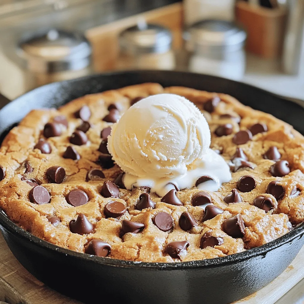 - 1 cup unsalted butter, softened - 3/4 cup brown sugar, packed - 1/2 cup granulated sugar - 2 large eggs - 2 teaspoons vanilla extract - 2 1/4 cups all-purpose flour - 1 teaspoon baking soda - 1/2 teaspoon salt - 1 cup semi-sweet chocolate chips - 1/2 cup chopped nuts (optional) - Ice cream (optional for serving) For this chocolate chip cookie skillet, you'll need simple and fresh ingredients. Start with unsalted butter. Softened butter mixes well for a creamy texture. Brown sugar adds rich flavor and moisture. Granulated sugar gives a nice sweetness. Two large eggs bring everything together. Vanilla extract adds warmth and depth. All-purpose flour is the base of this cookie. Baking soda helps it rise, and a bit of salt balances the sweetness. Chocolate chips are the star here! Use semi-sweet for a classic taste. If you like nuts, chopped walnuts or pecans work great. Finally, ice cream on top makes it extra special. You can find the full recipe above to guide you further. To start, gather all your ingredients. You need unsalted butter, both brown and white sugar, eggs, and vanilla. Also, have the flour, baking soda, and salt ready. Finally, don’t forget the chocolate chips and any nuts you want to add. Preheat your oven to 350°F (175°C). This step helps bake the cookie evenly. In a large bowl, add the softened butter, brown sugar, and granulated sugar. Use a hand mixer to blend until it becomes smooth and fluffy. Next, add the eggs one by one. Mix well after each egg so everything combines. Then, pour in the vanilla extract for flavor. In a separate bowl, whisk together the flour, baking soda, and salt. Slowly mix this dry mix into the wet ingredients. Stir until you see no more flour. Finally, fold in the chocolate chips and nuts if you are using them. Now, it's time to prepare your skillet. Grease a cast-iron skillet or an oven-safe dish with butter. Pour the cookie dough into the skillet. Spread it evenly across the bottom. Bake it in the oven for about 25 to 30 minutes. You want the edges to turn golden while the center stays soft. Once done, take it out and let it cool for a few minutes. This cookie is best served warm, especially with a scoop of ice cream on top. For the full recipe, check the earlier section. To create a great chocolate chip cookie skillet, start with room temperature butter. This helps mix the butter and sugars well. Use a cast-iron skillet for even baking. A non-stick pan can work too, but the skillet gives a nice crust. Always preheat your oven before baking. This helps the cookie rise and bake evenly. The key to the perfect texture is to not overmix the dough. Mix just until the dry and wet ingredients blend. Overmixing makes the cookie tough. Bake until the edges turn golden brown, but the center stays soft. It will continue to cook as it cools. Let it rest for a few minutes after baking. This helps the cookie set up nicely. Serve your skillet warm for the best taste. Top it with a scoop of vanilla ice cream for a sweet treat. Drizzle some chocolate or caramel sauce on top for extra flavor. You can also add nuts for crunch. If you want something fresh, try adding berries on the side. Check out the Full Recipe for more ideas! {{image_2}} If you want a nut-free version, skip the nuts. Just leave them out when mixing the dough. You can still enjoy a soft and chewy cookie. The chocolate chips will add enough flavor. Sometimes, I add a little extra chocolate to balance it out. This makes every bite pure joy! You can change the type of chocolate chips in your skillet cookie. Try dark chocolate chips for a richer taste. Milk chocolate chips add a nice sweetness. You can even mix different kinds together. For a fun twist, use white chocolate or peanut butter chips. Each option gives a new flavor to your dessert. Toppings make your cookie skillet even better. Drizzle warm caramel on top for sweetness. A sprinkle of sea salt can bring out the chocolate flavor. You can also add crushed cookies or candies for crunch. Try fresh fruit like berries for a fresh touch. Get creative with your favorites! You can find the full recipe in the main article. To keep your chocolate chip cookie skillet fresh, let it cool first. Once cool, cover it tightly with plastic wrap or aluminum foil. You can also use an airtight container. Store it at room temperature for up to 3 days. If you want it to last longer, refrigerate it for up to a week. To reheat your cookie, preheat your oven to 350°F (175°C). Place the skillet in the oven for about 10 minutes. This warms it nicely without drying it out. If you like it extra gooey, you can microwave a slice for 15-20 seconds. Just add a scoop of ice cream on top for a treat! If you want to freeze your cookie, first let it cool completely. Cut it into slices and wrap each slice in plastic wrap. Then, place the slices in a freezer bag. This way, you can take out just what you need. It stays fresh for up to 3 months in the freezer. To enjoy, thaw it in the fridge overnight and reheat as needed. For the full recipe, check the earlier section. Yes, you can make this recipe gluten-free. Use a gluten-free flour blend instead of all-purpose flour. Many brands offer blends that work well in baking. Check the package for a 1:1 ratio. This change keeps the cookie tasty while meeting gluten-free needs. You can tell the skillet cookie is done by checking the edges. They should look golden brown. The center will still be soft, but not raw. A toothpick inserted in the center should come out with a few moist crumbs. Remember, the cookie will continue to cook as it cools. If you need an egg substitute, use unsweetened applesauce. One egg equals 1/4 cup of applesauce. You can also use mashed bananas, yogurt, or silken tofu. These options help bind the cookie without changing the flavor much. You learned how to make a delicious chocolate chip cookie skillet. We covered ingredients, step-by-step instructions, and helpful tips. You can choose variations and answer common questions too. This skillet cookie is a fun treat for everyone. It’s perfect for sharing or enjoying on your own. Keep experimenting with flavors and toppings. Each attempt brings you closer to your perfect dessert. Now, go gather your ingredients and start baking! Enjoy the warm, gooey goodness.