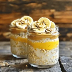 To make my Peanut Butter Banana Overnight Oats, you need: - 1 cup rolled oats - 2 cups almond milk (or your favorite milk) - 2 ripe bananas, one sliced and one mashed - 1/4 cup peanut butter (smooth or crunchy) - 2 tablespoons honey or maple syrup (optional) - 1/2 teaspoon cinnamon - 1 tablespoon chia seeds (optional) - Pinch of sea salt These ingredients create a tasty and filling breakfast. The oats soak up the milk, making them creamy and delicious. You can add fun twists to your oats. Here are some ideas: - Sliced almonds for crunch - Extra banana slices for sweetness - Cocoa nibs for a chocolate touch - Granola for added texture Feel free to mix and match. Customize your oats based on what you love! When choosing ingredients, look for these: - Rolled oats: Choose certified gluten-free if needed. - Bananas: Ripe bananas are sweeter and mash easily. - Peanut butter: Select natural peanut butter without added sugar. - Milk: Use unsweetened almond milk for fewer calories. Quality ingredients make a big difference in taste. Always go for fresh and organic when you can. Enjoy your Peanut Butter Banana Bliss Overnight Oats! Start by gathering your ingredients. You need rolled oats, almond milk, bananas, peanut butter, honey or maple syrup, cinnamon, chia seeds, and a pinch of salt. In a medium bowl, add the rolled oats, mashed banana, almond milk, and peanut butter. If you want it sweeter, add honey or maple syrup. Sprinkle in cinnamon and chia seeds, then stir everything well. Once mixed, scoop the mixture into jars or bowls. Fill them about two-thirds full. This space lets the oats expand as they soak. Next, slice the second banana and layer the slices on top. Make sure to spread them out evenly. Cover the jars with lids or plastic wrap. Place them in the fridge overnight, or for at least four hours. To make your overnight oats even better, use ripe bananas. They add great natural sweetness. Stir the oats well in the morning. If they feel too thick, add a splash of milk to loosen them. Topping options are fun! Try sliced almonds, extra banana slices, or cocoa nibs for texture. For a beautiful look, serve in clear jars and sprinkle cinnamon on top. Remember to check the Full Recipe for all the details! To make perfect overnight oats, start with good ingredients. Use rolled oats for the best texture. They soak up the liquid well and stay chewy. Mix your oats with almond milk and mashed banana. Add peanut butter for creaminess and flavor. Stir everything together until it is smooth. Portion the mix into jars, filling them about two-thirds full. This allows space for the oats to expand. Top each jar with banana slices. Cover them and put them in the fridge overnight. The key to great overnight oats is the consistency. If you like thicker oats, use less liquid. If you want them runnier, add more almond milk. After soaking overnight, give them a stir. If they are too thick, splash in some milk. This will loosen them up. You can also adjust sweetness by adding honey or maple syrup. Taste and see what you like best! Store your overnight oats in the fridge. They will keep for about three to five days. To refresh them, stir in a bit of milk before eating. This brings back their creamy texture. If you want to enjoy them later, you can freeze them. Just make sure to use jars that can go in the freezer. Enjoy your Peanut Butter Banana Bliss Overnight Oats with your favorite toppings. You can add sliced almonds or granola for crunch. {{image_2}} You can switch up the nut butter in your overnight oats. Try almond butter, cashew butter, or even sunflower seed butter. Each nut butter brings its unique flavor. Almond butter adds a hint of sweetness, while sunflower seed butter is great for nut-free diets. You can experiment and find your favorite. Mixing different nut butters can also create fun new tastes. Fruits can boost the flavor and nutrition of your oats. You can add berries like strawberries, blueberries, or raspberries. They pair well with bananas and peanut butter. You might also try apples or peaches for a twist. Dried fruits like raisins or cranberries add sweetness too. You can even mix in some cocoa powder for a chocolatey kick. The options are endless, so get creative! If you want to keep your overnight oats lighter, there are simple changes you can make. Use less peanut butter or swap it with a lower-calorie nut butter. You can choose unsweetened almond milk instead of regular milk. Skip the honey or syrup, or use a sugar substitute. Adding more fruits can also help fill you up without adding too many calories. This way, you can enjoy your breakfast and still stick to your health goals. For more ideas, check out the Full Recipe for Peanut Butter Banana Bliss Overnight Oats! I recommend storing your Peanut Butter Banana Overnight Oats in airtight containers. Glass jars work best. Make sure to leave some space at the top. This allows for the oats to expand as they soak in the milk. If you have toppings like sliced bananas or nuts, keep them separate until you are ready to eat. This keeps everything fresh and crunchy. When stored properly, these oats will last up to five days in the fridge. After that, the texture may change. The bananas might brown and become mushy. For the best taste, enjoy your oats within the first three days. Always check for any odd smells or changes in color before eating. You can freeze your Peanut Butter Banana Overnight Oats for up to three months. Portion them into freezer-safe containers or jars. Leave space at the top, as the oats will expand. When you are ready to eat, move a jar to the fridge for a night to thaw. In the morning, stir and add any fresh toppings you like. This way, you have a quick and easy meal ready to go! Yes, you can use quick oats instead of rolled oats. Quick oats will soften faster. They may change the texture of your dish. Rolled oats give a chewier bite. If you prefer creamy oats, quick oats work well. Just keep in mind that they may not hold up as long in the fridge. Overnight oats should sit for at least four hours. However, I recommend leaving them overnight. This allows the oats to absorb the liquid and soften fully. The longer they sit, the creamier they become. You can prep them in the evening and enjoy them the next morning. Yes, you can easily prepare this recipe for a larger group. Just multiply the ingredients by the number of servings you need. Use larger bowls or jars for mixing. This way, you can save time and effort. Everyone will love this tasty breakfast! Check out the full recipe for serving ideas. To make Peanut Butter Banana Overnight Oats, you need a few key ingredients. Here's what you will need: - 1 cup rolled oats - 2 cups almond milk (or any preferred milk) - 2 ripe bananas, one sliced and one mashed - 1/4 cup peanut butter (smooth or crunchy) - 2 tablespoons honey or maple syrup (optional for sweetness) - 1/2 teaspoon cinnamon - 1 tablespoon chia seeds (optional for added texture) - Pinch of sea salt - Toppings: sliced almonds, extra banana slices, cocoa nibs, or granola These ingredients create a creamy and filling breakfast. The rolled oats provide fiber, while bananas add natural sweetness. Peanut butter gives a rich flavor and healthy fats. If you want to switch up the taste, you can use different milk or sweeteners. Each ingredient plays a role in the taste and texture. - Rolled Oats: This is the base. They soak up the liquid well. - Almond Milk: Use any milk you like. It adds creaminess. - Bananas: They add sweetness and moisture. - Peanut Butter: It gives a nutty flavor and protein. - Honey or Maple Syrup: This is optional. It can make it sweeter. - Cinnamon: Adds warmth and spice. - Chia Seeds: They can add texture and nutrients. - Sea Salt: Just a pinch enhances all the flavors. You can adjust the recipe to fit your taste. Here are some ideas: - Different Nut Butters: Try almond or cashew butter for a change. - Fruits: Add berries, apples, or mangoes for variety. - Seeds: Flaxseeds or pumpkin seeds can boost nutrition. - Yogurt: Mix in some yogurt for creaminess and tang. When picking your ingredients, look for the best quality. - Oats: Choose organic if possible. They taste better and are healthier. - Nut Butters: Find ones with no added sugar or oils. Pure is best. - Bananas: Pick ripe bananas. They add the best flavor. - Milk: Go for unsweetened varieties to control sweetness. These simple tips help you make the best Peanut Butter Banana Overnight Oats. For the full recipe, check out Peanut Butter Banana Bliss Overnight Oats 🥜. You now know how to create tasty peanut butter banana overnight oats. We've covered the must-have and fun ingredients, and how to prepare them step by step. I shared tips to help you make perfect oats each time. You’ve also learned about yummy variations and smart storage options. Try this dish for a healthy breakfast that you can enjoy anytime. The full recipe for Peanut Butter Banana Bliss Overnight Oats is ready for you to savor. Enjoy your flavorful journey with oats!