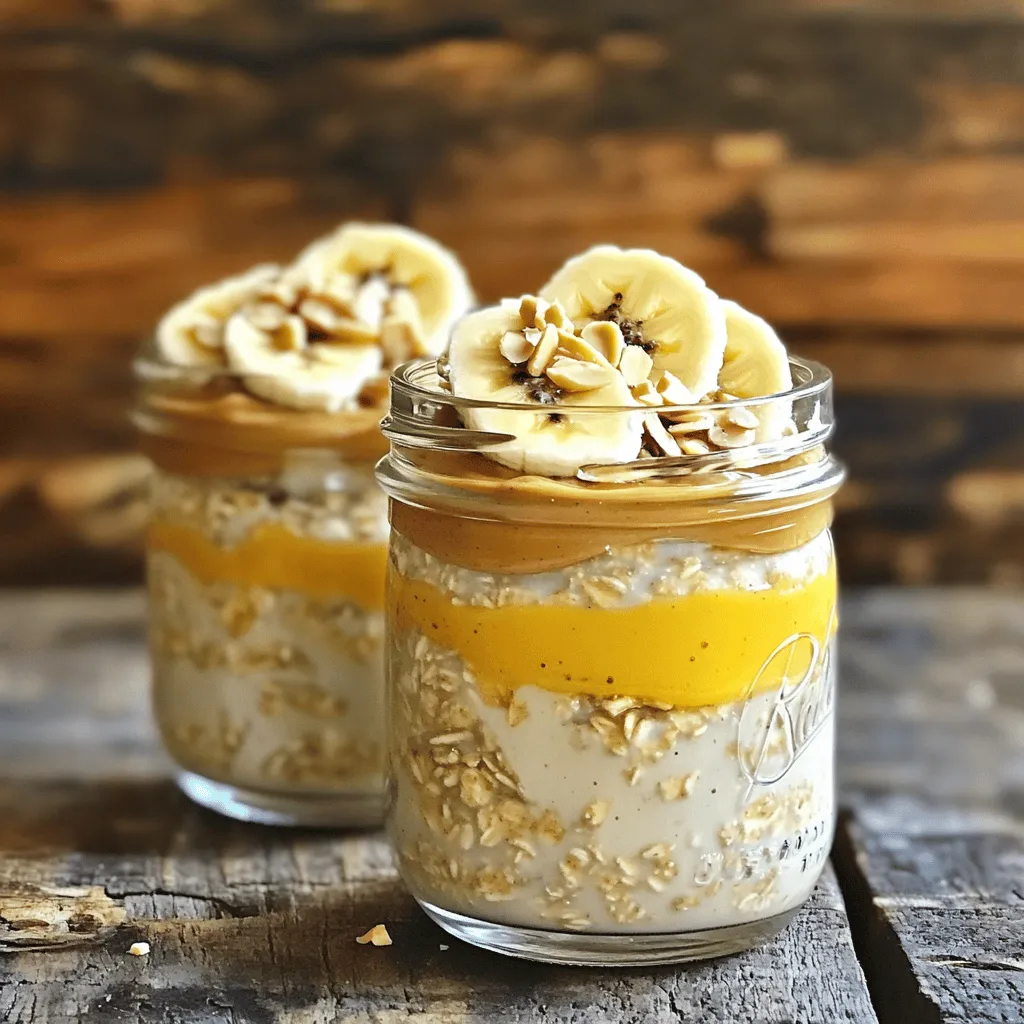 To make my Peanut Butter Banana Overnight Oats, you need: - 1 cup rolled oats - 2 cups almond milk (or your favorite milk) - 2 ripe bananas, one sliced and one mashed - 1/4 cup peanut butter (smooth or crunchy) - 2 tablespoons honey or maple syrup (optional) - 1/2 teaspoon cinnamon - 1 tablespoon chia seeds (optional) - Pinch of sea salt These ingredients create a tasty and filling breakfast. The oats soak up the milk, making them creamy and delicious. You can add fun twists to your oats. Here are some ideas: - Sliced almonds for crunch - Extra banana slices for sweetness - Cocoa nibs for a chocolate touch - Granola for added texture Feel free to mix and match. Customize your oats based on what you love! When choosing ingredients, look for these: - Rolled oats: Choose certified gluten-free if needed. - Bananas: Ripe bananas are sweeter and mash easily. - Peanut butter: Select natural peanut butter without added sugar. - Milk: Use unsweetened almond milk for fewer calories. Quality ingredients make a big difference in taste. Always go for fresh and organic when you can. Enjoy your Peanut Butter Banana Bliss Overnight Oats! Start by gathering your ingredients. You need rolled oats, almond milk, bananas, peanut butter, honey or maple syrup, cinnamon, chia seeds, and a pinch of salt. In a medium bowl, add the rolled oats, mashed banana, almond milk, and peanut butter. If you want it sweeter, add honey or maple syrup. Sprinkle in cinnamon and chia seeds, then stir everything well. Once mixed, scoop the mixture into jars or bowls. Fill them about two-thirds full. This space lets the oats expand as they soak. Next, slice the second banana and layer the slices on top. Make sure to spread them out evenly. Cover the jars with lids or plastic wrap. Place them in the fridge overnight, or for at least four hours. To make your overnight oats even better, use ripe bananas. They add great natural sweetness. Stir the oats well in the morning. If they feel too thick, add a splash of milk to loosen them. Topping options are fun! Try sliced almonds, extra banana slices, or cocoa nibs for texture. For a beautiful look, serve in clear jars and sprinkle cinnamon on top. Remember to check the Full Recipe for all the details! To make perfect overnight oats, start with good ingredients. Use rolled oats for the best texture. They soak up the liquid well and stay chewy. Mix your oats with almond milk and mashed banana. Add peanut butter for creaminess and flavor. Stir everything together until it is smooth. Portion the mix into jars, filling them about two-thirds full. This allows space for the oats to expand. Top each jar with banana slices. Cover them and put them in the fridge overnight. The key to great overnight oats is the consistency. If you like thicker oats, use less liquid. If you want them runnier, add more almond milk. After soaking overnight, give them a stir. If they are too thick, splash in some milk. This will loosen them up. You can also adjust sweetness by adding honey or maple syrup. Taste and see what you like best! Store your overnight oats in the fridge. They will keep for about three to five days. To refresh them, stir in a bit of milk before eating. This brings back their creamy texture. If you want to enjoy them later, you can freeze them. Just make sure to use jars that can go in the freezer. Enjoy your Peanut Butter Banana Bliss Overnight Oats with your favorite toppings. You can add sliced almonds or granola for crunch. {{image_2}} You can switch up the nut butter in your overnight oats. Try almond butter, cashew butter, or even sunflower seed butter. Each nut butter brings its unique flavor. Almond butter adds a hint of sweetness, while sunflower seed butter is great for nut-free diets. You can experiment and find your favorite. Mixing different nut butters can also create fun new tastes. Fruits can boost the flavor and nutrition of your oats. You can add berries like strawberries, blueberries, or raspberries. They pair well with bananas and peanut butter. You might also try apples or peaches for a twist. Dried fruits like raisins or cranberries add sweetness too. You can even mix in some cocoa powder for a chocolatey kick. The options are endless, so get creative! If you want to keep your overnight oats lighter, there are simple changes you can make. Use less peanut butter or swap it with a lower-calorie nut butter. You can choose unsweetened almond milk instead of regular milk. Skip the honey or syrup, or use a sugar substitute. Adding more fruits can also help fill you up without adding too many calories. This way, you can enjoy your breakfast and still stick to your health goals. For more ideas, check out the Full Recipe for Peanut Butter Banana Bliss Overnight Oats! I recommend storing your Peanut Butter Banana Overnight Oats in airtight containers. Glass jars work best. Make sure to leave some space at the top. This allows for the oats to expand as they soak in the milk. If you have toppings like sliced bananas or nuts, keep them separate until you are ready to eat. This keeps everything fresh and crunchy. When stored properly, these oats will last up to five days in the fridge. After that, the texture may change. The bananas might brown and become mushy. For the best taste, enjoy your oats within the first three days. Always check for any odd smells or changes in color before eating. You can freeze your Peanut Butter Banana Overnight Oats for up to three months. Portion them into freezer-safe containers or jars. Leave space at the top, as the oats will expand. When you are ready to eat, move a jar to the fridge for a night to thaw. In the morning, stir and add any fresh toppings you like. This way, you have a quick and easy meal ready to go! Yes, you can use quick oats instead of rolled oats. Quick oats will soften faster. They may change the texture of your dish. Rolled oats give a chewier bite. If you prefer creamy oats, quick oats work well. Just keep in mind that they may not hold up as long in the fridge. Overnight oats should sit for at least four hours. However, I recommend leaving them overnight. This allows the oats to absorb the liquid and soften fully. The longer they sit, the creamier they become. You can prep them in the evening and enjoy them the next morning. Yes, you can easily prepare this recipe for a larger group. Just multiply the ingredients by the number of servings you need. Use larger bowls or jars for mixing. This way, you can save time and effort. Everyone will love this tasty breakfast! Check out the full recipe for serving ideas. To make Peanut Butter Banana Overnight Oats, you need a few key ingredients. Here's what you will need: - 1 cup rolled oats - 2 cups almond milk (or any preferred milk) - 2 ripe bananas, one sliced and one mashed - 1/4 cup peanut butter (smooth or crunchy) - 2 tablespoons honey or maple syrup (optional for sweetness) - 1/2 teaspoon cinnamon - 1 tablespoon chia seeds (optional for added texture) - Pinch of sea salt - Toppings: sliced almonds, extra banana slices, cocoa nibs, or granola These ingredients create a creamy and filling breakfast. The rolled oats provide fiber, while bananas add natural sweetness. Peanut butter gives a rich flavor and healthy fats. If you want to switch up the taste, you can use different milk or sweeteners. Each ingredient plays a role in the taste and texture. - Rolled Oats: This is the base. They soak up the liquid well. - Almond Milk: Use any milk you like. It adds creaminess. - Bananas: They add sweetness and moisture. - Peanut Butter: It gives a nutty flavor and protein. - Honey or Maple Syrup: This is optional. It can make it sweeter. - Cinnamon: Adds warmth and spice. - Chia Seeds: They can add texture and nutrients. - Sea Salt: Just a pinch enhances all the flavors. You can adjust the recipe to fit your taste. Here are some ideas: - Different Nut Butters: Try almond or cashew butter for a change. - Fruits: Add berries, apples, or mangoes for variety. - Seeds: Flaxseeds or pumpkin seeds can boost nutrition. - Yogurt: Mix in some yogurt for creaminess and tang. When picking your ingredients, look for the best quality. - Oats: Choose organic if possible. They taste better and are healthier. - Nut Butters: Find ones with no added sugar or oils. Pure is best. - Bananas: Pick ripe bananas. They add the best flavor. - Milk: Go for unsweetened varieties to control sweetness. These simple tips help you make the best Peanut Butter Banana Overnight Oats. For the full recipe, check out Peanut Butter Banana Bliss Overnight Oats 🥜. You now know how to create tasty peanut butter banana overnight oats. We've covered the must-have and fun ingredients, and how to prepare them step by step. I shared tips to help you make perfect oats each time. You’ve also learned about yummy variations and smart storage options. Try this dish for a healthy breakfast that you can enjoy anytime. The full recipe for Peanut Butter Banana Bliss Overnight Oats is ready for you to savor. Enjoy your flavorful journey with oats!