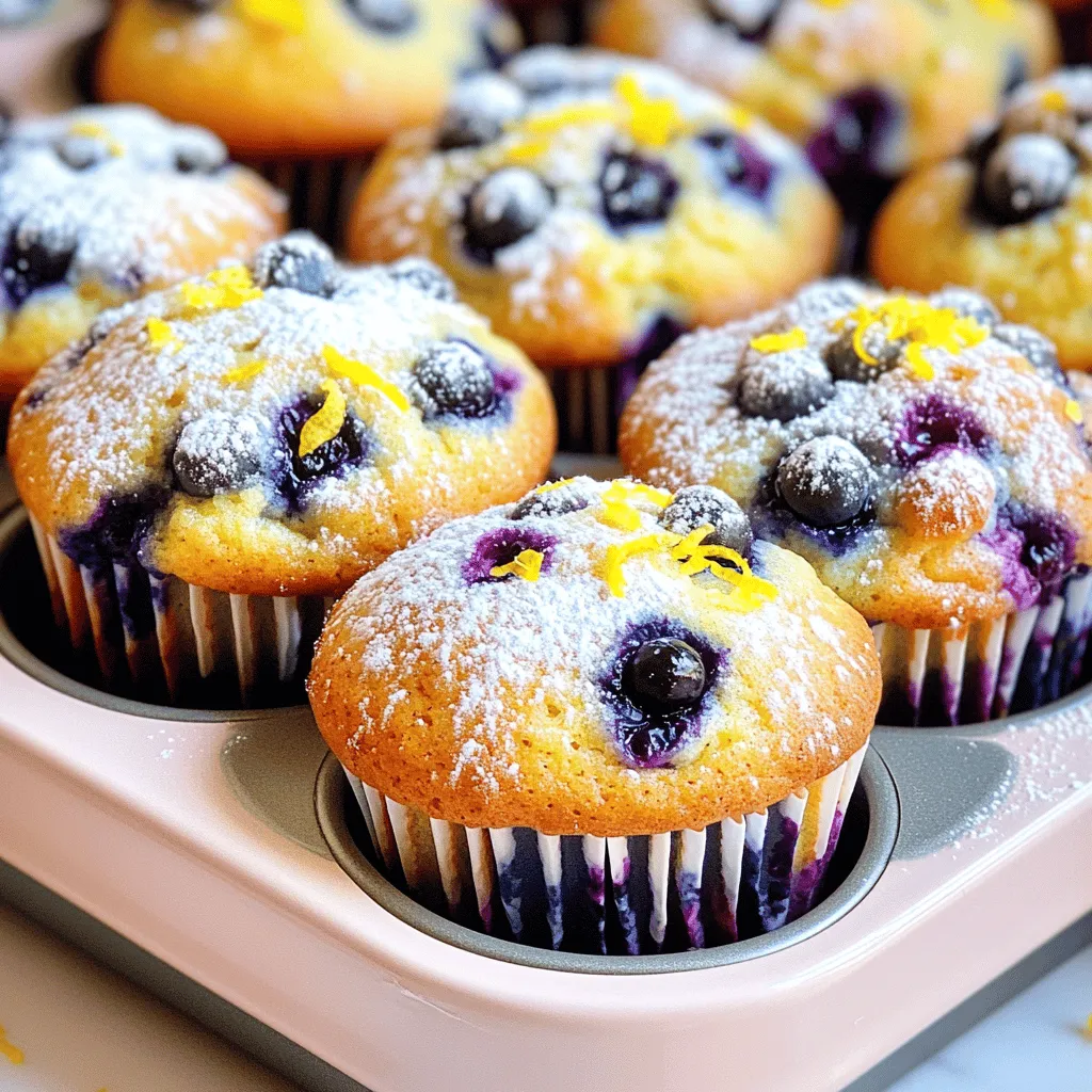 When making lemon blueberry muffins, gathering the right ingredients is key. Here’s a detailed list of what you need: - 2 cups all-purpose flour - 1 cup granulated sugar - 2 teaspoons baking powder - ½ teaspoon baking soda - ½ teaspoon salt - 1 cup buttermilk (or homemade with milk and vinegar) - ½ cup unsalted butter, melted and cooled - 2 large eggs - Zest of 2 lemons - 2 tablespoons fresh lemon juice - 1 teaspoon vanilla extract - 1 ½ cups fresh blueberries (frozen works too) - Optional: powdered sugar for dusting Each ingredient plays a vital role in achieving the perfect flavor and texture. All-purpose flour gives the muffins structure. Granulated sugar adds sweetness and helps with browning. Baking powder and baking soda create lift, making the muffins light and fluffy. Buttermilk provides moisture and a slight tang. Butter adds richness, while eggs bind everything together. Lemon zest and juice bring a bright, fresh flavor that pairs perfectly with blueberries. Lastly, fresh blueberries add bursts of sweetness in every bite. To make these muffins extra special, you can dust them with powdered sugar before serving. This recipe is not just tasty; it’s fun to make and share. For the full recipe, check out the details above! 1. Preheat your oven to 375°F (190°C). Line a muffin tin with paper liners or grease it lightly. 2. In a large mixing bowl, combine 2 cups of all-purpose flour, 1 cup of granulated sugar, 2 teaspoons of baking powder, ½ teaspoon of baking soda, and ½ teaspoon of salt. Mix these dry ingredients well. 3. In a separate bowl, mix 1 cup of buttermilk, ½ cup of melted butter, 2 large eggs, the zest of 2 lemons, 2 tablespoons of fresh lemon juice, and 1 teaspoon of vanilla extract until smooth. 4. Now, pour the wet mixture into the dry mixture. Stir gently until just combined. It’s okay if there are a few lumps. 5. Gently fold in 1 ½ cups of fresh blueberries. Make sure they are evenly distributed in the batter. 6. Divide the batter among the muffin cups, filling each about two-thirds full. 7. Bake the muffins in the preheated oven for 18-20 minutes. Check for doneness by inserting a toothpick into the center of a muffin. It should come out clean. 8. Once baked, remove the muffins from the oven. Let them cool in the tin for about 5 minutes. Then, transfer them to a wire rack to cool completely. For the complete recipe, don't forget to check out the Full Recipe section for all the details. To achieve the best texture for your lemon blueberry muffins, avoid overmixing the batter. When you combine the wet and dry ingredients, stir gently. A few lumps are okay. Overmixing can make the muffins tough. Next, ensure your oven is at the right temperature, around 375°F (190°C). An accurate oven temperature is key for even baking. Use an oven thermometer if you have one. This small tool can help you avoid undercooked or burnt muffins. To boost the lemon flavor, consider adding lemon extract along with the zest. This extra kick can elevate the taste. Fresh lemon zest gives a bright flavor, so don’t skip it! When selecting blueberries, look for firm, plump berries. They should be deep blue with a slight shine. Avoid berries with wrinkles or soft spots. Fresh blueberries add the best taste, but you can use frozen ones. Just be sure to thaw them and pat them dry first. For the complete recipe, check the [Full Recipe]. {{image_2}} To make gluten-free lemon blueberry muffins, swap the all-purpose flour for a gluten-free blend. Look for one with xanthan gum added for the best texture. You can also use almond flour or coconut flour, but adjust the liquid. For a vegan version, replace eggs with flax eggs. Mix 1 tablespoon of ground flaxseed with 3 tablespoons of water. Let it sit for a few minutes to thicken. Use almond milk or soy milk in place of buttermilk. Also, choose a dairy-free butter for the recipe. You can add fun twists to these muffins. Try mixing in chopped strawberries or raspberries along with the blueberries. Cinnamon or nutmeg can also enhance the flavor. For a citrus boost, add orange zest. The possibilities are endless! For the full recipe, check out the Zesty Lemon Blueberry Bliss Muffins 🫐 recipe. To store your lemon blueberry muffins at room temperature, place them in a container. You can use a plastic or glass container with a lid. If you don't have a container, a zipper bag works great too. Make sure to keep them in a cool area, away from sunlight. They will stay fresh for about two to three days. For long-term storage, freezing muffins is a smart choice. First, let them cool completely. Then, wrap each muffin in plastic wrap. After that, place them in a freezer-safe bag. This method keeps them fresh for about three months. When you're ready to eat one, simply take it out and let it thaw at room temperature. To reheat your muffins, you can use the microwave. Heat on low for about 15-30 seconds. This makes them warm and soft, just like fresh out of the oven. Enjoy your lemon blueberry muffins any time you want! For the full recipe, refer back to the earlier section. You can make these muffins healthier by reducing the sugar. Try using half the amount of sugar. You can also replace granulated sugar with honey or maple syrup. These options add sweetness with less impact on blood sugar. Another idea is to use whole wheat flour. This adds fiber and nutrients, making your muffins more filling. Yes, you can use frozen blueberries! They work well in this recipe. However, frozen blueberries can make the muffins a bit wetter. To reduce this, do not thaw the blueberries before adding them to the batter. Just fold them in straight from the freezer. This keeps the muffins from turning too blue. If you don't have buttermilk, you can easily make your own! Just mix one cup of milk with one tablespoon of vinegar or lemon juice. Let it sit for about five minutes. This will create a similar tangy flavor. If you prefer, you can also use plain yogurt or sour cream. Just thin them out with a bit of water or milk until you reach the right consistency. To check if your muffins are done, look for a golden-brown top. You can also do the toothpick test. Insert a toothpick into the center of a muffin. If it comes out clean, the muffins are ready. If there is wet batter, bake them a few more minutes. Enjoy your freshly baked Lemon Blueberry Muffins! You learned about making tasty Lemon Blueberry Muffins, from gathering ingredients to storing them. Each step is key for great flavor and texture. Remember, don't overmix the batter to keep them soft. You can even try gluten-free or vegan options for a fun twist. These muffins are a delight for breakfast or snacks. Enjoy your baking and the delicious results!