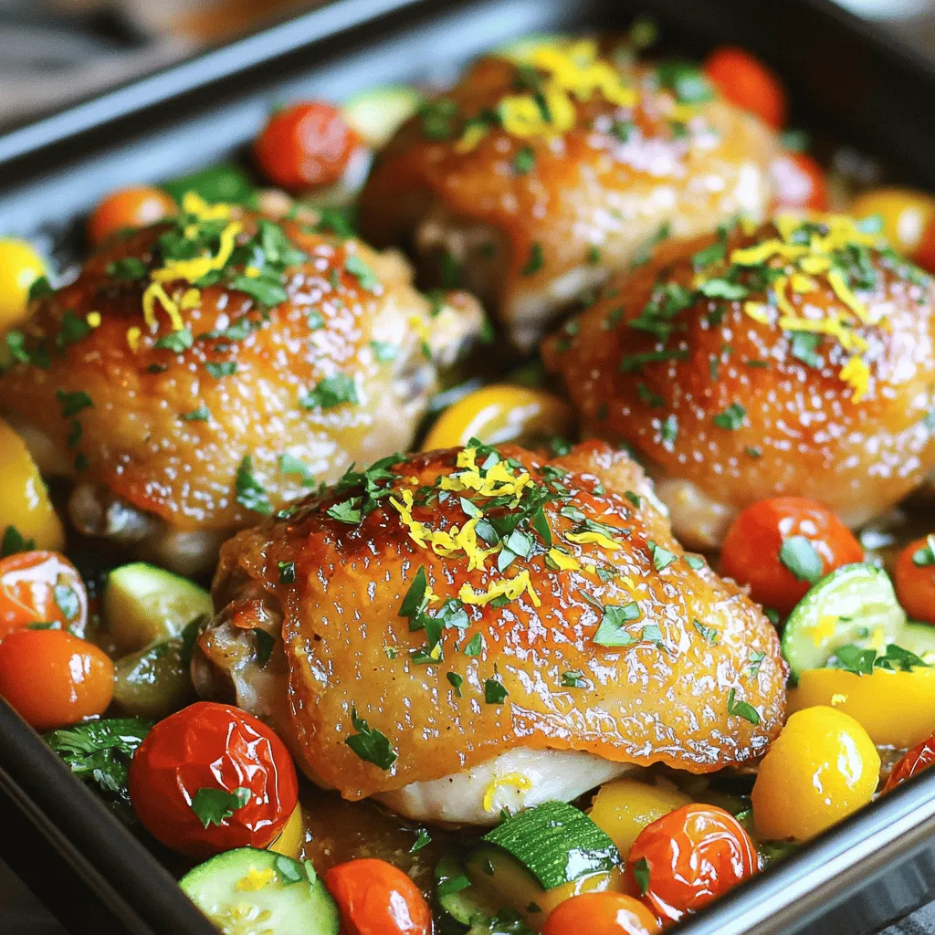- 4 boneless, skinless chicken thighs - 2 tablespoons olive oil - 4 cloves garlic, minced - 1 lemon, zested and juiced - 1 teaspoon dried oregano - 1 teaspoon paprika - Salt and pepper to taste - 1 cup cherry tomatoes, halved - 1 bell pepper, sliced (any color) - 1 zucchini, sliced - Fresh parsley, chopped (for garnish) Gather these ingredients to start your One-Pan Lemon Garlic Chicken and Veggies delight. Each item plays a key role in making this dish full of flavor. The chicken thighs give a juicy base, while the olive oil adds richness. Garlic and lemon bring zest to every bite. The herbs, like oregano, add depth, and the paprika gives a warm color. The veggies, cherry tomatoes, bell peppers, and zucchini, round out the meal with freshness. These ingredients create a colorful and tasty dish. You can find the full recipe for step-by-step cooking guidance. Enjoy the vibrant flavors that this dish brings to your table! - Preheat the oven to 400°F (200°C). - In a bowl, mix garlic, olive oil, lemon zest, lemon juice, oregano, paprika, salt, and pepper. This will be your tasty marinade. - Take the chicken thighs and coat them with half of your lemon garlic mixture. - Let the chicken sit for at least 15 minutes. This helps the flavors soak in well. - Place the marinated chicken thighs in a large, oven-safe skillet. - Arrange cherry tomatoes, bell pepper, and zucchini around the chicken. - Drizzle the rest of the sauce over the veggies. This adds flavor to every bite. - Put the skillet in the oven and bake for 25-30 minutes. - Use a meat thermometer to check if the chicken reads 165°F (75°C). This means it's safe to eat. This method ensures you have juicy chicken and tender veggies, all cooked in one pan. For the full recipe, check the ingredients and steps above. To make this dish truly yours, adjust the seasoning. Start with the basics: salt and pepper. Taste the mix before you add it to the chicken. If you want more tang, add more lemon juice. For a bit of heat, toss in some red pepper flakes. To amplify the garlic and lemon flavor, use fresh garlic. It packs a punch that dried garlic can’t match. You can also add more lemon zest. The zest gives a bright aroma and fresh taste. Experiment with fresh herbs like thyme or rosemary. They add depth and enhance the dish's overall flavor. To keep your chicken juicy, do not overcook it. Use a meat thermometer for accuracy. The chicken should reach 165°F (75°C). Let the chicken rest for five minutes after baking. This helps keep the juices in the meat. For the veggies, aim for tender but not mushy. Cut them into even pieces to cook uniformly. Place them around the chicken, but do not overcrowd the pan. If they are too close, they can steam instead of roast. This can lead to soggy veggies. Instead, spread them out for a nice roast. Check them halfway through baking. Stir them gently to ensure even cooking. For the full recipe, refer back to the main section. Enjoy your cooking! {{image_2}} You can try using chicken breasts instead of thighs. Breasts are leaner and cook faster. If you want to explore, swap in other proteins like shrimp or tofu. This dish works well with many meats. Seasonal veggies can also change the taste. For spring, use asparagus or snap peas. In fall, try butternut squash or carrots. Each swap brings new flavors and colors to your plate. If you like heat, add crushed red pepper to your marinade. It gives a nice spicy kick. Fresh herbs like thyme or rosemary can boost the taste. Toss them in right before cooking. They add depth and freshness. You can also mix in a bit of honey for sweetness. This contrast makes every bite exciting. This dish pairs perfectly with rice or quinoa. Both add great texture and soak up the juices. A side salad can bring crunch and freshness too. For a special touch, drizzle extra lemon garlic sauce over the top after cooking. This adds zing and makes it even more flavorful. You can find the full recipe to guide you through these variations. To keep leftover chicken and veggies fresh, store them in an airtight container. This helps prevent spoilage and keeps flavors intact. Allow the dish to cool before placing it in the fridge. You can safely store leftovers for up to three days. If you want to keep them longer, consider freezing. Frozen leftovers can last up to three months. Just remember to label your containers with the date. When you’re ready to enjoy your leftovers, I recommend reheating them in the oven. Preheat your oven to 350°F (175°C). Place the dish in an oven-safe container and cover it with foil to retain moisture. Heat for about 15 to 20 minutes or until warmed through. You can also use a microwave for quick reheating. Just be careful; it can heat unevenly. Stir the dish halfway through to warm it evenly. Avoid reheating multiple times; it can dry out the chicken and veggies. For best taste, enjoy your One-Pan Lemon Garlic Chicken and Veggies within a few days. You can tell when chicken is cooked by checking its color and temperature. Cooked chicken should be white throughout, with no pink areas. The best way to be certain is to use a meat thermometer. The chicken should reach an internal temperature of 165°F (75°C). This ensures it is safe to eat. Yes, you can make this dish ahead of time. Prepare the chicken and veggies as directed. You can store the marinated chicken in the fridge for up to 24 hours. This helps the flavors blend well. Cook it when you are ready. Leftovers can be stored in an airtight container for 3 to 4 days. If you need a lemon substitute, try lime or vinegar. Lime juice adds a fresh taste like lemon. White wine vinegar or apple cider vinegar can also work well. These options keep the dish bright and tangy without using lemon. Always taste as you go to find the right balance of flavors. In this post, we explored a simple chicken dish packed with flavor. We covered main ingredients, step-by-step cooking methods, and helpful tips to perfect your meal. You learned how to marinate chicken and bake it with fresh veggies, creating a quick dinner. Remember, you can swap ingredients for variety and try new flavors. With these easy steps and tricks, you can enjoy tasty meals that fit your style. Get cooking and have fun experimenting!