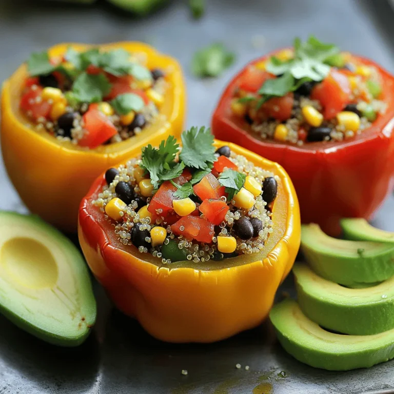 - 4 large bell peppers (any color) - 1 cup quinoa, rinsed - 2 cups vegetable broth - 1 can (15 oz) black beans, rinsed and drained - 1 cup corn (frozen or canned) - 1 medium onion, diced - 2 cloves garlic, minced - 1 teaspoon cumin - 1 teaspoon smoked paprika - 1 teaspoon chili powder - 1 cup diced tomatoes (fresh or canned) - Salt and pepper, to taste - Fresh cilantro, for garnish - Avocado slices, for serving You can swap ingredients too! Try brown rice instead of quinoa. Use chickpeas for a twist. You can also add spinach for more greens or switch the spices to your taste. This dish packs a punch of nutrition. Quinoa is a superfood. It has lots of protein and fiber. One cup of cooked quinoa gives you about 8 grams of protein. That helps build muscles. It also gives you 5 grams of fiber. Fiber is good for digestion. Black beans also add protein. They provide about 15 grams per cup. They help keep you full longer. The peppers are low in calories and high in vitamins. They are full of vitamin C and antioxidants. Overall, this meal is healthy and filling. It’s a great choice for anyone who wants to eat well. To start, choose large bell peppers. Look for ones that are firm and shiny. They should feel heavy for their size. Slice off the tops and remove the seeds and membranes. This helps create a bowl for your filling. Rinse the peppers under cold water to clean them. Place them upright in a baking dish to hold them steady while cooking. For perfectly cooked quinoa, rinse it first to remove bitterness. In a medium pot, combine 1 cup of quinoa with 2 cups of vegetable broth. Bring this mix to a boil. Then, reduce the heat, cover, and let it simmer for about 15 minutes. Check the quinoa after 15 minutes. It should be fluffy and the broth fully absorbed. If it looks wet, cook a few minutes more. Heat a large skillet over medium heat. Add a splash of water or vegetable broth. Sauté the diced onion until it turns soft, about 5 minutes. Then, add minced garlic and cook for another minute. Now stir in black beans, corn, cumin, smoked paprika, chili powder, diced tomatoes, salt, and pepper. Let this mixture cook for about 5 minutes. This helps all the flavors blend well. Once the quinoa is done, fluff it with a fork. Add the cooked quinoa to your skillet mix and stir well. Now, gently spoon the filling into each hollowed pepper. Pack the mixture in lightly to avoid overflow. Cover your baking dish with aluminum foil. Bake at 375°F for 25-30 minutes. After that, remove the foil and bake for an additional 10 minutes. This helps the tops get a nice char. After baking, let the peppers cool for a few minutes. Garnish with fresh cilantro and serve with slices of avocado on the side. For the complete recipe, refer to the Full Recipe. When making vegan quinoa stuffed peppers, a few errors can ruin the dish. - Overcooking quinoa or undercooking peppers: Quinoa should be fluffy. Stick to the timing. For peppers, they need to be tender but still firm. - Not seasoning adequately: Don't skip the spices! They add depth. Taste your filling and adjust the salt and pepper. Pair your stuffed peppers with tasty sides to enhance the meal. - Sides that pair well: Serve them with a fresh salad or a warm grain like brown rice. - Suggestions for toppings: Try fresh avocado slices or a dollop of vegan sour cream. Fresh herbs, like cilantro, also add a pop of flavor. Having the right tools makes cooking easier and more fun. - Essential tools for the recipe: You will need a baking dish, a medium saucepan, and a large skillet. - Optional gadgets that make cooking easier: A rice cooker can help with quinoa. A food processor can chop veggies quickly. For the full recipe, check out the detailed instructions above. Enjoy your cooking! {{image_2}} You can change the filling in stuffed peppers to suit your taste. Quinoa is great, but you can also use other grains like rice or barley. For a protein boost, try lentils or chickpeas. Each option gives a different flavor and texture. If you have dietary needs, there are many ways to adapt the recipe. For a low-carb option, use cauliflower rice instead of grains. You can also skip beans for a nut-free dish. The key is to keep the filling tasty and satisfying. Herbs and spices can change the flavor of your stuffed peppers. Try adding fresh herbs like basil or parsley for a bright taste. Dried herbs like oregano or thyme can also enhance the dish. Don’t be shy with spices! A pinch of cayenne can add heat, while a dash of turmeric offers warmth and color. You can also mix in other vegetables. Chopped zucchini, mushrooms, or spinach add color and nutrition. Just sauté them with the onions for a few minutes before mixing with the quinoa. This way, you create a filling that is both delicious and colorful. For the full recipe, check out the vibrant vegan quinoa stuffed peppers. To keep your vegan quinoa stuffed peppers fresh, follow these steps: - Cool Down: Let the peppers cool to room temperature first. - Refrigerate: Place them in an airtight container. Store in the fridge for up to 4 days. - Label: Write the date on the container to track freshness. Using glass containers is a great choice. They keep the food fresh and help avoid any plastic taste. If you want to save some for later, freezing is easy. Here’s how: 1. Cool Completely: Ensure the stuffed peppers are cool before freezing. 2. Wrap: Wrap each pepper in plastic wrap or foil. This helps prevent freezer burn. 3. Container: Place wrapped peppers in a freezer-safe bag or container. You can freeze them for up to 3 months. When you're ready to eat, here’s how to reheat: - Thaw: Take them out and let them thaw in the fridge overnight. - Oven: Preheat the oven to 375°F (190°C). Place peppers in a baking dish. Cover with foil and bake for 20-25 minutes. - Microwave: If you’re short on time, heat them in the microwave. Cook for 3-4 minutes or until hot. Following these steps will keep your flavors intact while making them easy to enjoy later. For the full recipe, check earlier in the article. Yes, you can prepare these stuffed peppers in advance. This saves time on busy days. Here are some tips: - Prep the filling: Cook the quinoa and sauté the veggies. - Stuff the peppers: Fill each pepper and place them in a baking dish. - Cover tightly: Use plastic wrap or aluminum foil to keep them fresh. - Refrigerate: Store them in the fridge for up to 2 days. When you are ready to bake, remove the cover and bake as directed in the Full Recipe. If they are cold, add an extra 5-10 minutes to the baking time. Look for a few signs while baking. The peppers should be tender but not mushy. Here’s what to check: - Color: The tops should be slightly charred and the peppers should look vibrant. - Texture: A fork should easily pierce the pepper's skin. - Filling: The filling should be hot and bubbly. These signs tell you that your stuffed peppers are ready to enjoy! Yes, quinoa stuffed peppers are gluten-free. Quinoa is a grain that contains no gluten. All the other ingredients in this recipe are also gluten-free. Here’s a quick breakdown: - Bell peppers: Naturally gluten-free. - Quinoa: A gluten-free grain packed with protein. - Black beans and corn: Both are gluten-free and nutritious. This dish is perfect for anyone avoiding gluten while still enjoying a tasty meal! This blog post covered how to make delicious quinoa stuffed peppers. We discussed the essential ingredients, their health benefits, and step-by-step cooking instructions. I shared tips on avoiding common mistakes and suggested ways to customize your dish. Remember, cooking can be fun and easy. Use your creativity to try new flavors and techniques. Enjoy your healthy meal!