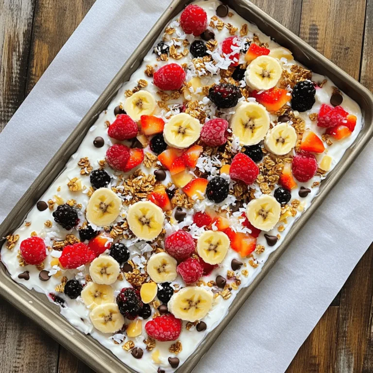 To make a tasty frozen yogurt bark, you need a few key ingredients. Here's what you'll need: - 2 cups Greek yogurt (plain or flavored) - 1 tablespoon honey or maple syrup (optional) - 1/2 cup mixed berries (strawberries, blueberries, raspberries) - 1 banana, thinly sliced - 1/4 cup granola - 2 tablespoons shredded coconut (unsweetened) - 1 tablespoon mini chocolate chips (optional) These ingredients work well together to create a creamy and refreshing treat. You can change up the flavor of your frozen yogurt bark with some optional add-ins. Here are a few ideas: - Nuts (like almonds or walnuts) for crunch - Dried fruit (like raisins or apricots) for sweetness - Nut butter (like almond or peanut butter) for added creaminess - A splash of vanilla extract for extra flavor Feel free to mix and match these options to fit your taste! Each ingredient in your frozen yogurt bark brings great health benefits: - Greek yogurt: High in protein and calcium, it helps build strong bones. - Honey or maple syrup: Adds natural sweetness and has antioxidants. - Mixed berries: Packed with vitamins and antioxidants, they boost heart health. - Banana: A good source of potassium, it supports heart and muscle function. - Granola: Provides fiber, which aids digestion and keeps you full. - Shredded coconut: Contains healthy fats and can improve heart health. - Chocolate chips: Offer a small treat, and dark chocolate has antioxidants. Using these ingredients not only makes your bark delicious but also healthy! For the full recipe, check out the complete guide. To start, gather your ingredients. You need Greek yogurt and honey or maple syrup. If you want a sweeter bark, add the syrup. In a mixing bowl, combine the yogurt and syrup. Stir well until it’s smooth. This base is creamy and tasty. Next, line a baking sheet with parchment paper. This step makes it easy to lift the bark later. Now, pour your yogurt mixture onto the lined sheet. Use a spatula to spread it evenly. Aim for about 1/4-inch thickness. Now, it’s time to add your toppings. Scatter the mixed berries and banana slices over the yogurt. Sprinkle granola, shredded coconut, and mini chocolate chips. Press them down gently so they stick well. After adding the toppings, place the baking sheet in your freezer. Let it freeze for at least 2-3 hours. You want it to be completely firm. Once frozen, take it out and lift the bark off the parchment paper. Break it into pieces. Enjoy right away or store in an airtight container. It will stay fresh in the freezer for up to two weeks. For the full recipe, be sure to check out the details. To get the best texture for your frozen yogurt bark, aim for a smooth base. Use Greek yogurt for a thicker and creamier consistency. If you want it a bit sweeter, mix in honey or maple syrup. Spread the yogurt evenly on the parchment paper. A thickness of about 1/4 inch works best. This helps it freeze evenly, making it easy to break into pieces later. The yogurt you choose can change the flavor and texture of your bark. Greek yogurt gives a rich taste and creamy feel. You can also pick flavored yogurt for a fun twist. Just watch the sugar content if you're using flavored options. If you prefer non-dairy, coconut or almond yogurt can work too. They add unique flavors and keep it light. Making this treat ahead of time is easy and smart. You can prepare the yogurt bark up to two weeks in advance. Just store it in an airtight container in the freezer. This way, you always have a quick snack ready. If you want to serve it fresh, make it the night before. Let it freeze overnight for the best texture and flavor. {{image_2}} You can mix it up with different flavors. Try using flavored Greek yogurt. Strawberry, vanilla, or peach can bring new tastes. You can also add some extracts. Almond or vanilla extract can boost the flavor. Another fun option is to swirl in some fruit puree. Blend fruits like mango or raspberry, then swirl it into the yogurt. This adds a colorful touch and a burst of flavor. Toppings can change your frozen yogurt bark. Nuts like almonds or walnuts add crunch and healthy fats. Seeds, like chia or flaxseeds, are great for extra nutrition. If you want something sweeter, consider dried fruits. They provide natural sweetness and chewiness. Fresh fruit works well, too. Slices of kiwi, pomegranate seeds, or peaches can brighten up your bark. Seasonal ingredients can inspire fun twists. In summer, use fresh berries for bright colors. Fall is perfect for pumpkin puree or apple slices. You can sprinkle pumpkin spice for a cozy flavor. Winter calls for more festive toppings, like crushed candy canes or dark chocolate. For spring, add fresh herbs like mint for a refreshing taste. Each season offers a chance to create something special. Check out the Full Recipe for more ideas on how to make your bark pop with flavor! To keep your frozen yogurt bark fresh, store it in an airtight container. This helps prevent freezer burn and keeps it tasty. I recommend separating layers with parchment paper. This way, you avoid sticky situations while reaching for a piece. Always wait until the bark is fully frozen before transferring it to storage. This ensures it holds its shape well. When you want to enjoy your yogurt bark, take it out of the freezer. Let it sit at room temperature for about 5 to 10 minutes. This will make it easier to break into pieces. You can also place it in the fridge for about 30 minutes if you prefer a slower thaw. Serve it cold for the best taste. Your frozen yogurt bark can last up to two weeks in the freezer. After this time, it may lose some flavor and texture. To keep track of freshness, label your container with the date you made it. This small step helps ensure you enjoy your treat at its best. Frozen yogurt bark is a simple and fun snack. It combines creamy yogurt with tasty toppings. You freeze it to make a cool treat. When ready, you break it into pieces. It’s great for kids and adults alike! Yes, you can use non-dairy yogurt! Almond, coconut, or soy yogurt works well. Just make sure it is plain or has a mild flavor. This way, your bark stays tasty and fresh. To boost protein, add Greek yogurt instead of regular yogurt. You can also mix in protein powder. Another option is to sprinkle nuts or seeds on top. These additions make your snack more filling. You can get creative with toppings! Some popular choices include: - Mixed berries (strawberries, blueberries, raspberries) - Sliced bananas - Granola - Chopped nuts - Mini chocolate chips - Shredded coconut Mix and match to find your favorite flavors! Yes, frozen yogurt bark can be a healthy snack! It offers protein from yogurt and vitamins from fruits. You can control the sugar by choosing unsweetened yogurt. This makes it a better choice than many candies. To make this recipe vegan, use plant-based yogurt. You can also skip the honey and use maple syrup instead. Check that all toppings are vegan-friendly. Enjoy your sweet treat without any animal products! For the full recipe, check out the Fruity Frozen Yogurt Bark recipe above. Frozen yogurt bark is a fun, healthy treat. We explored its main ingredients, optional adds, and nutrient benefits. I shared clear steps for making it right, plus tips for perfecting texture. You learned about flavor combos, healthy toppings, and seasonal ideas. Finally, we discussed storage tips to keep it fresh. Remember, this snack can fit any occasion. Get creative with flavors and enjoy!