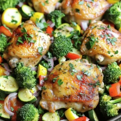 - 4 boneless, skinless chicken thighs - 2 cups broccoli florets - 1 bell pepper (red or yellow), sliced - 1 medium zucchini, sliced - 1 red onion, chopped - 4 cloves garlic, minced - 1 lemon (zest and juice) - 2 tablespoons olive oil - 1 teaspoon dried oregano - 1 teaspoon paprika - Salt and pepper to taste - Fresh parsley, chopped for garnish I love using fresh ingredients when I cook. For this One-Pan Lemon Garlic Chicken and Veggies, I choose vibrant veggies. The bright colors make the dish pop. Chicken thighs work best. They stay juicy and tender during cooking. The garlic adds a lovely flavor. I use four cloves, but you can adjust to taste. The lemon gives a fresh zing. Remember to use both the zest and juice for the best taste. Olive oil helps everything cook well. Seasoning is key. I add oregano and paprika for depth. Salt and pepper enhance all the flavors. Don't forget fresh parsley for a nice touch at the end. This recipe is simple and quick. You can find the Full Recipe to guide you through! First, gather your ingredients. In a small bowl, combine the lemon juice, lemon zest, olive oil, minced garlic, oregano, paprika, salt, and pepper. Mix them well to create a fresh marinade. This mix brings out the bright flavors of lemon and garlic. You will love how it smells! Next, take your chicken thighs and place them in a large bowl or a resealable bag. Pour half of the marinade over the chicken. Make sure all pieces are coated well. Let the chicken marinate for at least 15 minutes. This step is key to getting all that tasty flavor inside the meat. If you have time, marinate for longer. While the chicken is soaking up the flavor, it’s time to prep the veggies. In a large mixing bowl, toss the broccoli, bell pepper, zucchini, and red onion. Pour the remaining marinade over the veggies and mix them well. This will ensure every bite is full of flavor. The veggies will add color and crunch to your dish. Now, preheat your oven to 400°F (200°C). On a large baking sheet, arrange the marinated chicken thighs in the center. Surround them with the seasoned vegetables. Make sure to spread them out for even cooking. Bake everything in the preheated oven for 25-30 minutes. The chicken should reach an internal temperature of 165°F (75°C) and the veggies should be tender and slightly caramelized. After baking, let the dish rest for a few minutes, then garnish with fresh chopped parsley. Enjoy your one-pan lemon garlic chicken and veggies delight! For the complete recipe, check the Full Recipe. For the best flavor, marinate your chicken for at least 15 minutes. This time allows the lemon and garlic to soak into the meat. If you have more time, let it marinate for up to an hour. This longer marinating time brings out deeper flavors. To get tender and caramelized veggies, cut them into even pieces. This helps them cook at the same rate. Toss the veggies with the marinade well. Make sure each piece gets coated. When roasting, give them enough space on the pan. If they are too close, they will steam instead of roast. Garnish your dish with fresh parsley for a pop of color. You can also add a sprinkle of lemon zest for a bright touch. Consider using fresh herbs like thyme or basil. These can add extra flavor and make your dish look fancy. For a bit of heat, add a dash of red pepper flakes. {{image_2}} You can switch the chicken for many other proteins. Try using shrimp for a quick meal. It cooks fast and pairs well with lemon and garlic. Salmon is another great option. Its rich flavor complements the dish nicely. If you want a plant-based choice, use chickpeas or tofu. Both soak up the marinade well and add protein. Feel free to get creative with your veggies! Asparagus or green beans work great in spring. In the fall, try adding butternut squash or Brussels sprouts. You can also mix in seasonal favorites like carrots or sweet potatoes. Using different vegetables adds color and flavor. Don't be afraid to experiment with what you have on hand. You can change the flavor profile easily. For a spicy kick, add red pepper flakes to the marinade. If you love herbs, toss in fresh thyme or rosemary. A splash of soy sauce can give a tasty twist. You could even go with a honey mustard glaze for a sweet touch. Each variation brings a new and exciting taste to the dish. To store leftovers, let the dish cool first. Place chicken and veggies in an airtight container. This keeps them fresh. You can store them in the fridge for up to 3 days. If you want to keep it longer, consider freezing. For freezing, ensure the dish cools completely. Use a freezer-safe container or a resealable bag. Remove as much air as possible. This helps prevent freezer burn. You can freeze One-Pan Lemon Garlic Chicken and Veggies for up to 3 months. When you're ready to eat, thaw it overnight in the fridge. To reheat, use the oven for best results. Preheat your oven to 350°F (175°C). Place the dish in an oven-safe pan. Cover it with foil to keep it moist. Heat for about 20 minutes or until warm. You can also use a microwave. Heat in short intervals, stirring in between. This keeps the chicken juicy and the veggies tender. Bake this dish for 25 to 30 minutes at 400°F (200°C). This time makes sure the chicken is fully cooked. The chicken should reach 165°F (75°C) inside. The veggies will get tender and slightly caramelized. You can check the chicken with a meat thermometer for accuracy. Yes, you can use skin-on chicken. It adds flavor and keeps the meat moist. However, it also adds calories and fat. If you prefer a lighter meal, stick with skinless chicken. The choice depends on your taste and dietary goals. This dish pairs well with rice or quinoa. You can also serve it with a fresh salad. Garlic bread makes a nice side too. These options balance the meal and add variety to your plate. Yes, this recipe is quite healthy. The chicken is a great source of protein. The veggies add vitamins, minerals, and fiber. Overall, it's low in carbs and full of nutrients. Each serving is around 350 calories. This makes it a perfect choice for a balanced meal. You can prepare the chicken and veggies ahead. Marinate the chicken and store it in the fridge for up to 24 hours. You can also chop the veggies in advance. Just keep everything in separate containers. When you're ready, bake it fresh for the best taste. For the full recipe, check the earlier section. This recipe for One-Pan Lemon Garlic Chicken and Veggies combines tasty, fresh ingredients to create an easy meal. You learned to marinate chicken and prep vegetables for roasting. Tips showed how to achieve perfect flavor and texture. Remember, you can swap proteins and veggies to fit your taste. This dish stores well, letting you enjoy leftovers. I hope this inspires you to try new variations, making dinner fun and simple.