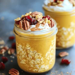 To make pumpkin spice overnight oats, you need these key items: - 1 cup rolled oats - 1 cup almond milk (or milk of choice) - 1/2 cup pure pumpkin puree - 2 tablespoons maple syrup (or honey) - 1 teaspoon pumpkin pie spice - 1/2 teaspoon vanilla extract - Pinch of salt These ingredients form the base of your dish. They blend together to create a creamy and flavorful treat. Adding a few extras can enhance your oats: - 1/4 cup Greek yogurt (for creaminess) - 1/4 cup chopped nuts (like pecans or walnuts) - 2 tablespoons dried cranberries or raisins These optional items can add texture and sweetness. They make your oats more interesting and delicious. You can easily swap ingredients based on what you have: - Use any milk you like instead of almond milk. - Substitute pumpkin puree with sweet potato puree for a twist. - Maple syrup can be replaced with agave or honey. These substitutions allow you to customize your oats. Feel free to get creative with flavors and textures. For the complete recipe, check out the Full Recipe. 1. First, take a mixing bowl and put in 1 cup of rolled oats. 2. Pour in 1 cup of almond milk. Stir well so the oats soak up the milk. 3. Next, add 1/2 cup of pure pumpkin puree to the bowl. 4. If you want a creamier texture, mix in 1/4 cup of Greek yogurt. 5. Add 2 tablespoons of maple syrup (or honey) for sweetness. 6. Sprinkle in 1 teaspoon of pumpkin pie spice and 1/2 teaspoon of vanilla extract. 7. Don’t forget a pinch of salt to balance the flavors. 8. Mix everything well until it’s smooth and creamy. 9. Now, transfer the mixture into mason jars or airtight containers. 10. Leave some space at the top for your toppings. 11. Top each jar with 1/4 cup of chopped nuts and 2 tablespoons of dried cranberries. 12. Seal the jars and put them in the fridge. Let them chill overnight or for at least 4 hours. In the morning, take the jars out of the fridge. Stir the oats to mix everything again. If you like, add a splash of almond milk to make it creamier. You can eat them cold or warm them in the microwave for one minute. For a nice touch, sprinkle some extra pumpkin pie spice on top. A dollop of yogurt can add creaminess too. If you want to impress, add a cinnamon stick in each jar for decoration. - Use fresh, high-quality ingredients for the best taste. - Adjust the sweetness to your liking by adding more or less maple syrup. - For a thicker texture, use less almond milk. For a runnier texture, add more. - Make sure to keep them sealed in the fridge to stay fresh. - Experiment with different nuts or fruits for fun flavors. You can find the full recipe above for a detailed guide. Enjoy your pumpkin spice overnight oats! To make the best pumpkin spice overnight oats, follow these tips: - Use rolled oats for the best texture. They soak up liquid well. - Mix your ingredients in a bowl. This ensures even flavor. - Choose a jar with a tight lid. This keeps your oats fresh. - Let your oats sit overnight. This helps them soften and absorb flavors. Avoid these common mistakes for perfect oats: - Don’t skip the salt. A pinch enhances the flavors. - Avoid using instant oats. They can turn mushy and lose texture. - Don’t add too much liquid. Oats need the right balance to thicken. - Skip the toppings until serving. This keeps them crunchy and fresh. For creamy and thick overnight oats, try these methods: - Add Greek yogurt for creaminess. It makes the oats richer. - Use less almond milk if you want thicker oats. Adjust to your taste. - Stir the oats before serving. This redistributes the ingredients and texture. - If needed, add a splash of milk in the morning. This helps if they seem too thick. Follow these tips, and you’ll enjoy delicious pumpkin spice overnight oats every time! For the full recipe, check the [Full Recipe]. {{image_2}} Pumpkin spice overnight oats shine in the fall. You can swap the pumpkin puree for mashed banana in spring. In summer, fresh berries add a sweet twist. For winter, try adding cocoa powder for a chocolate flavor. Each season brings new tastes to explore. To make this recipe nut-free, use oat milk instead of almond milk. You can also skip the nuts on top to avoid allergens. For a dairy-free option, use coconut yogurt instead of Greek yogurt. This keeps the creaminess without dairy. Toppings can change your oats completely. Add a scoop of nut butter for extra protein. You can sprinkle on chia seeds for a health boost. Fresh fruit like apples or pears brings a crunchy bite. If you want more sweetness, drizzle honey or maple syrup on top. Enjoy experimenting with flavors! For the full recipe, check out the ingredients and instructions above. Pumpkin spice overnight oats can last in the fridge for up to five days. After you make them, seal the jar tight and store it in the fridge. This way, they stay fresh and tasty. If you see any signs of spoilage, like a bad smell or change in color, it's best to toss them out. I recommend using glass mason jars or airtight containers for storing your oats. Glass jars keep flavors locked in and are easy to clean. Make sure you leave some space at the top so you can add your toppings later. If you stack containers, choose ones that fit well together. You can freeze pumpkin spice overnight oats for up to three months. Just prepare the oats as usual and fill freezer-safe containers. Leave a bit of space at the top for the oats to expand. When you're ready to eat, move the jar to the fridge overnight to thaw. They will taste great after thawing, but you may need to mix in a splash of almond milk for the best texture. Yes, you can use quick oats. They will cook faster and soften more. The texture may be creamier, so adjust your liquid a bit. Quick oats absorb liquid quickly, so keep an eye on how thick they become. To make them vegan, simply replace Greek yogurt with a plant-based yogurt. You can also use maple syrup for sweetness. Make sure your milk is non-dairy like almond or oat milk. This way, you keep all the great flavors without any animal products. Absolutely! You can prepare them in advance. Just make them in jars or containers. Store them in the fridge for up to five days. This makes breakfast easy and quick throughout the week. You can add fresh fruit like bananas or apples. Try chia seeds for extra nutrients. A drizzle of nut butter adds creaminess and flavor. Experiment with what you like best! Yes, any milk works! Almond, soy, oat, or even coconut milk can be used. Just choose the kind you enjoy most. Each type will give a different taste, so feel free to explore. To reduce sweetness, cut back on maple syrup or honey. You can use just a tablespoon or skip it altogether. The pumpkin puree and spices add flavor without too much sweetness. Yes, you can! If you like warm oats, just pop them in the microwave for a minute. Stir well and enjoy a cozy breakfast. You can make your own! Mix cinnamon, nutmeg, and ginger for a great substitute. Use about 1 teaspoon of this blend in your oats. It will still taste delicious! For a full recipe, check out the complete instructions and ingredients list. We covered all you need for making overnight oats. You learned about essential ingredients, easy prep steps, and tips for perfect texture. We explored tasty variations and smart storage methods. Now, you can enjoy this healthy, quick breakfast. Remember, you can mix flavors and personalize each bowl. Keep experimenting until you find your favorite combos. Your mornings will never be the same! Make these oats a part of your daily routine for fun and nutrition.