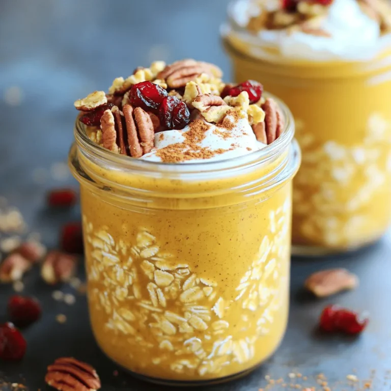 To make pumpkin spice overnight oats, you need these key items: - 1 cup rolled oats - 1 cup almond milk (or milk of choice) - 1/2 cup pure pumpkin puree - 2 tablespoons maple syrup (or honey) - 1 teaspoon pumpkin pie spice - 1/2 teaspoon vanilla extract - Pinch of salt These ingredients form the base of your dish. They blend together to create a creamy and flavorful treat. Adding a few extras can enhance your oats: - 1/4 cup Greek yogurt (for creaminess) - 1/4 cup chopped nuts (like pecans or walnuts) - 2 tablespoons dried cranberries or raisins These optional items can add texture and sweetness. They make your oats more interesting and delicious. You can easily swap ingredients based on what you have: - Use any milk you like instead of almond milk. - Substitute pumpkin puree with sweet potato puree for a twist. - Maple syrup can be replaced with agave or honey. These substitutions allow you to customize your oats. Feel free to get creative with flavors and textures. For the complete recipe, check out the Full Recipe. 1. First, take a mixing bowl and put in 1 cup of rolled oats. 2. Pour in 1 cup of almond milk. Stir well so the oats soak up the milk. 3. Next, add 1/2 cup of pure pumpkin puree to the bowl. 4. If you want a creamier texture, mix in 1/4 cup of Greek yogurt. 5. Add 2 tablespoons of maple syrup (or honey) for sweetness. 6. Sprinkle in 1 teaspoon of pumpkin pie spice and 1/2 teaspoon of vanilla extract. 7. Don’t forget a pinch of salt to balance the flavors. 8. Mix everything well until it’s smooth and creamy. 9. Now, transfer the mixture into mason jars or airtight containers. 10. Leave some space at the top for your toppings. 11. Top each jar with 1/4 cup of chopped nuts and 2 tablespoons of dried cranberries. 12. Seal the jars and put them in the fridge. Let them chill overnight or for at least 4 hours. In the morning, take the jars out of the fridge. Stir the oats to mix everything again. If you like, add a splash of almond milk to make it creamier. You can eat them cold or warm them in the microwave for one minute. For a nice touch, sprinkle some extra pumpkin pie spice on top. A dollop of yogurt can add creaminess too. If you want to impress, add a cinnamon stick in each jar for decoration. - Use fresh, high-quality ingredients for the best taste. - Adjust the sweetness to your liking by adding more or less maple syrup. - For a thicker texture, use less almond milk. For a runnier texture, add more. - Make sure to keep them sealed in the fridge to stay fresh. - Experiment with different nuts or fruits for fun flavors. You can find the full recipe above for a detailed guide. Enjoy your pumpkin spice overnight oats! To make the best pumpkin spice overnight oats, follow these tips: - Use rolled oats for the best texture. They soak up liquid well. - Mix your ingredients in a bowl. This ensures even flavor. - Choose a jar with a tight lid. This keeps your oats fresh. - Let your oats sit overnight. This helps them soften and absorb flavors. Avoid these common mistakes for perfect oats: - Don’t skip the salt. A pinch enhances the flavors. - Avoid using instant oats. They can turn mushy and lose texture. - Don’t add too much liquid. Oats need the right balance to thicken. - Skip the toppings until serving. This keeps them crunchy and fresh. For creamy and thick overnight oats, try these methods: - Add Greek yogurt for creaminess. It makes the oats richer. - Use less almond milk if you want thicker oats. Adjust to your taste. - Stir the oats before serving. This redistributes the ingredients and texture. - If needed, add a splash of milk in the morning. This helps if they seem too thick. Follow these tips, and you’ll enjoy delicious pumpkin spice overnight oats every time! For the full recipe, check the [Full Recipe]. {{image_2}} Pumpkin spice overnight oats shine in the fall. You can swap the pumpkin puree for mashed banana in spring. In summer, fresh berries add a sweet twist. For winter, try adding cocoa powder for a chocolate flavor. Each season brings new tastes to explore. To make this recipe nut-free, use oat milk instead of almond milk. You can also skip the nuts on top to avoid allergens. For a dairy-free option, use coconut yogurt instead of Greek yogurt. This keeps the creaminess without dairy. Toppings can change your oats completely. Add a scoop of nut butter for extra protein. You can sprinkle on chia seeds for a health boost. Fresh fruit like apples or pears brings a crunchy bite. If you want more sweetness, drizzle honey or maple syrup on top. Enjoy experimenting with flavors! For the full recipe, check out the ingredients and instructions above. Pumpkin spice overnight oats can last in the fridge for up to five days. After you make them, seal the jar tight and store it in the fridge. This way, they stay fresh and tasty. If you see any signs of spoilage, like a bad smell or change in color, it's best to toss them out. I recommend using glass mason jars or airtight containers for storing your oats. Glass jars keep flavors locked in and are easy to clean. Make sure you leave some space at the top so you can add your toppings later. If you stack containers, choose ones that fit well together. You can freeze pumpkin spice overnight oats for up to three months. Just prepare the oats as usual and fill freezer-safe containers. Leave a bit of space at the top for the oats to expand. When you're ready to eat, move the jar to the fridge overnight to thaw. They will taste great after thawing, but you may need to mix in a splash of almond milk for the best texture. Yes, you can use quick oats. They will cook faster and soften more. The texture may be creamier, so adjust your liquid a bit. Quick oats absorb liquid quickly, so keep an eye on how thick they become. To make them vegan, simply replace Greek yogurt with a plant-based yogurt. You can also use maple syrup for sweetness. Make sure your milk is non-dairy like almond or oat milk. This way, you keep all the great flavors without any animal products. Absolutely! You can prepare them in advance. Just make them in jars or containers. Store them in the fridge for up to five days. This makes breakfast easy and quick throughout the week. You can add fresh fruit like bananas or apples. Try chia seeds for extra nutrients. A drizzle of nut butter adds creaminess and flavor. Experiment with what you like best! Yes, any milk works! Almond, soy, oat, or even coconut milk can be used. Just choose the kind you enjoy most. Each type will give a different taste, so feel free to explore. To reduce sweetness, cut back on maple syrup or honey. You can use just a tablespoon or skip it altogether. The pumpkin puree and spices add flavor without too much sweetness. Yes, you can! If you like warm oats, just pop them in the microwave for a minute. Stir well and enjoy a cozy breakfast. You can make your own! Mix cinnamon, nutmeg, and ginger for a great substitute. Use about 1 teaspoon of this blend in your oats. It will still taste delicious! For a full recipe, check out the complete instructions and ingredients list. We covered all you need for making overnight oats. You learned about essential ingredients, easy prep steps, and tips for perfect texture. We explored tasty variations and smart storage methods. Now, you can enjoy this healthy, quick breakfast. Remember, you can mix flavors and personalize each bowl. Keep experimenting until you find your favorite combos. Your mornings will never be the same! Make these oats a part of your daily routine for fun and nutrition.