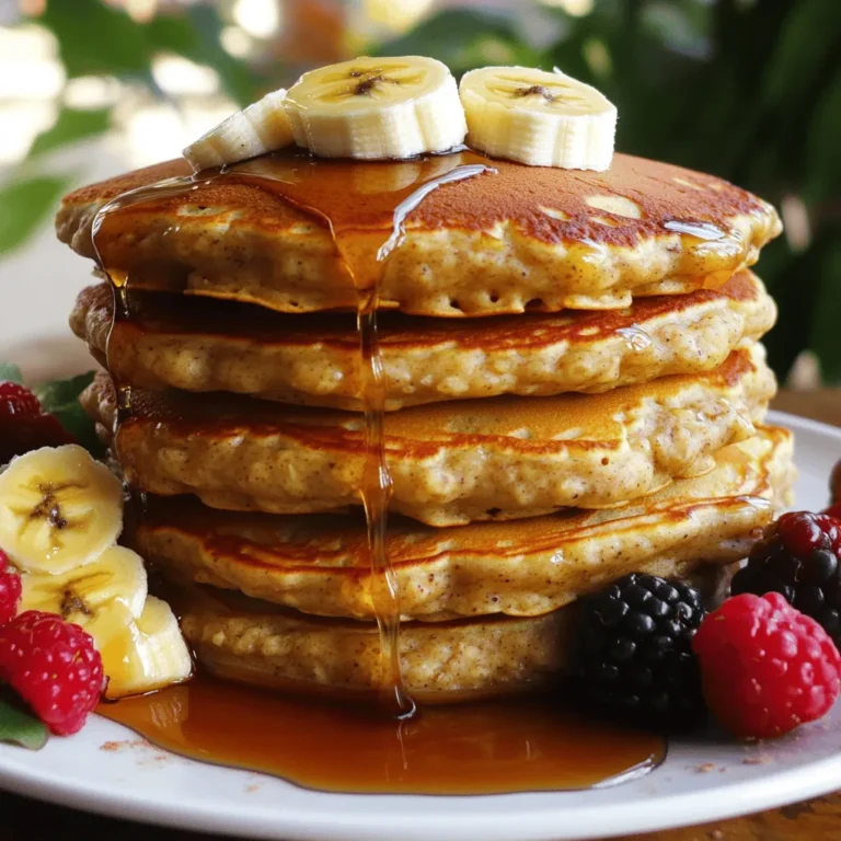 - 1 cup rolled oats - 1 ripe banana - 1 cup milk (or plant-based milk) - 1 large egg - 1 teaspoon baking powder - 1 teaspoon vanilla extract - 1/2 teaspoon cinnamon - Pinch of salt - Coconut oil or butter for cooking - Maple syrup and fresh fruits for serving These ingredients make Banana Oatmeal Pancakes both easy and healthy. The rolled oats give the pancakes a nice texture and keep you full. The ripe banana adds natural sweetness. You can use any milk you like, dairy or plant-based. The egg binds the mix together and adds protein. Baking powder helps the pancakes rise, while vanilla and cinnamon add great flavor. A bit of salt balances the taste. Finally, cooking with coconut oil or butter gives a lovely finish. Each serving has about 150 calories. They offer a good balance of nutrients. - Carbohydrates: 27 grams - Protein: 5 grams - Fats: 4 grams This breakdown shows that these pancakes are filling and nutritious. You get energy from the carbs, while the protein helps with muscle. Plus, they have healthy fats from the oil or butter. Enjoy these pancakes for breakfast or a snack! To start, grab your blender. Add these ingredients: - 1 cup rolled oats - 1 ripe banana - 1 cup milk (or plant-based milk) - 1 large egg - 1 teaspoon baking powder - 1 teaspoon vanilla extract - 1/2 teaspoon cinnamon - A pinch of salt Blend until smooth. This should take about 30 seconds. You want a thick batter, so don't rush it. If the batter feels too thin, add a bit more oats. Let the batter rest for 5-10 minutes. This helps it thicken up nicely. While your batter rests, heat a skillet over medium heat. Add a small amount of coconut oil or butter to coat the pan. Once hot, pour about 1/4 cup of the batter for each pancake. Cook for 3-4 minutes. Look for bubbles on the top and edges that seem set. This means it's time to flip! Cook the other side for 2-3 minutes until golden brown. Now comes the fun part—serving! Stack the pancakes high on a plate. Drizzle with maple syrup for sweetness. Add slices of fresh banana on top for a tasty touch. A sprinkle of cinnamon gives a nice finish. Feel free to add berries on the side for a pop of color. Enjoy your delicious Banana Oatmeal Pancakes! You can find the full recipe above. To ensure even cooking for all pancakes, use a hot skillet. Preheat it for a few minutes before pouring in the batter. This helps the pancakes cook through without burning. When you pour the batter, use about 1/4 cup for each pancake. This size cooks well and gives you a nice round shape. To prevent sticking, use coconut oil or butter to coat the skillet. Just a thin layer will do. If the pancakes stick, your skillet may not be hot enough. Adjust the heat as needed. If you want dairy-free options, use plant-based milk. Almond, soy, or oat milk work great. They blend well and keep the pancakes tasty. For a vegan option, swap the egg for a flaxseed meal. Mix 1 tablespoon of flaxseed with 2.5 tablespoons of water. Let it sit for a few minutes until it thickens. To enhance the taste, try adding spices like nutmeg or ginger. A bit of vanilla extract also adds a nice touch. You can also mix in chocolate chips or nuts for extra crunch. These additions make the pancakes even more delightful. {{image_2}} You can make these pancakes even more fun! Try adding fresh berries, like blueberries or strawberries, for a burst of flavor. You could also mix in some chocolate chips for a sweet treat. If you want to get creative, experiment with spices. Nutmeg or cardamom can give your pancakes a warm, cozy taste. Just a pinch can change everything! Want to make them healthier? Try adding protein powder to the batter. This will boost the protein and keep you full longer. You can also swap regular oats for whole grain ones. Whole grains add more fiber and nutrients, making your meal even better. Think outside the box when serving! You can create a Banana Oatmeal Pancake breakfast bowl. Stack pancakes and add yogurt, fruits, and nuts on top. Or, make pancake sandwiches. Just add a layer of nut butter or jam between two pancakes. These fun ideas will make breakfast exciting! For the full recipe, check out the details above. To store leftover pancakes, let them cool first. Place them in a flat container. You can use parchment paper between each pancake. This prevents them from sticking together. Cover the container tightly with a lid. Store it in the fridge for up to three days. For longer storage, you can freeze the pancakes. Place them in a freezer-safe bag. Be sure to remove as much air as possible. This helps prevent freezer burn. To reheat pancakes, you have two good options: the microwave or the skillet. If you use the microwave, place a pancake on a plate. Cover it with a damp paper towel. Heat for about 20-30 seconds. This keeps the pancake soft. If you prefer a skillet, heat it over low heat. Add a tiny bit of butter or oil. Place the pancake in the skillet for about one minute on each side. This method gives you a nice, warm, and slightly crispy pancake. Banana oatmeal pancakes last about three days in the fridge. They can stay fresh for about two months in the freezer. Always check for signs of spoilage like strange smells or colors. If you notice these, it's best to discard them. Enjoy your pancakes fresh, or store them for quick meals later! To make these pancakes gluten-free, choose certified gluten-free oats. Regular oats may have gluten due to cross-contamination. You can also use almond flour or coconut flour as a substitute for rolled oats. Adjust the liquid in your batter since these flours absorb more moisture. Yes, you can make these pancakes vegan. Replace the egg with one tablespoon of ground flaxseed mixed with three tablespoons of water. Let this mix sit for five minutes to thicken. Use almond milk or oat milk instead of regular milk for a dairy-free option. To ensure fluffiness, avoid over-mixing the batter. Blend until smooth, but leave some small lumps. Make sure your baking powder is fresh; old baking powder can lead to flat pancakes. Flip pancakes when you see bubbles forming on the surface. You can use quick oats, but they will change the texture. Quick oats create a smoother batter and thinner pancakes. Rolled oats give a heartier bite and thicker pancakes. If you use quick oats, blend them for a shorter time to keep some texture. Yes, letting the batter rest is important. It allows the oats to soak up moisture, making the pancakes softer. Resting for 5 to 10 minutes helps improve the texture and cooking. This step also enhances the flavors as they meld together. These banana oatmeal pancakes are simple and fun to make. We covered the key ingredients, step-by-step instructions, and tasty variations. You can easily swap ingredients for your needs and store leftovers too. Enjoy creating these healthy and delicious pancakes for breakfast. They not only taste great but also nourish your body. Try them out and make them your own! Happy cooking!