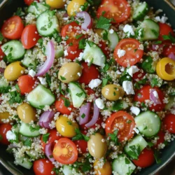- 1 cup quinoa - 1 cup cherry tomatoes, halved - 1 cucumber, diced - 1 bell pepper (red or yellow), diced - 1/2 red onion, finely chopped - 1/2 cup Kalamata olives, pitted and sliced - 1/2 cup feta cheese, crumbled (optional for a vegan version) To create a vibrant Mediterranean Quinoa Salad, you need fresh, colorful ingredients. Quinoa forms the base, bringing protein and texture. Use ripe cherry tomatoes for sweetness and a pop of color. Crisp cucumbers add crunch while bell peppers give a sweet, juicy flavor. Red onions add a sharp bite, enhancing the salad's taste. Kalamata olives introduce a briny flavor that balances everything. If you like cheese, feta crumbles bring a creamy touch. - 1/4 cup olive oil - 2 tablespoons lemon juice - 1 teaspoon dried oregano - Salt and pepper to taste The dressing is key to bringing the flavors together. Olive oil provides richness, while lemon juice adds brightness. Dried oregano gives a classic Mediterranean touch. Don’t forget to season with salt and pepper to enhance the taste. - Avocado, diced - Chickpeas, drained and rinsed - Alternative herbs or spices Customization is fun! You can add diced avocado for creaminess. Chickpeas boost protein and make the salad heartier. Feel free to experiment with herbs like basil or mint, or spices like cumin for a unique twist. Mixing and matching can make this salad your own! For the full recipe, check out the [Full Recipe] section. To start, you need to measure and rinse 1 cup of quinoa. Rinsing helps remove bitterness. Next, combine the rinsed quinoa with 2 cups of water or vegetable broth in a medium saucepan. Bring this mixture to a boil over high heat. Once it reaches a boil, reduce the heat to low. Cover the pot and let it simmer for about 15 minutes. The quinoa will become fluffy and absorb all the liquid. After that, remove it from the heat and let it cool. While the quinoa cools, chop and dice your fresh vegetables. You will need 1 cup of halved cherry tomatoes, 1 diced cucumber, 1 diced bell pepper, and 1/2 finely chopped red onion. You should also slice 1/2 cup of pitted Kalamata olives. Combine all these chopped vegetables in a large mixing bowl. This mixture brings color and crunch to your salad. In a small bowl, whisk together the dressing ingredients. Use 1/4 cup of olive oil, 2 tablespoons of lemon juice, and 1 teaspoon of dried oregano. Add salt and pepper to taste. You can adjust the seasoning based on your preference. This dressing will give the salad great flavor and tie all the ingredients together. Now, it’s time to mix everything. Add the cooled quinoa to your bowl of vegetables. Pour the dressing over it and gently toss to combine. If you want, sprinkle 1/2 cup of crumbled feta cheese on top. Mix it lightly once again. This step helps the flavors blend well. Allow the salad to sit for at least 15 minutes to let the flavors meld together before serving. Enjoy your fresh and flavorful Mediterranean quinoa salad! For a complete guide, refer to the Full Recipe. To make your quinoa shine, start by rinsing it. Rinsing removes the bitter saponins. This simple step makes your quinoa taste better. Use a fine-mesh strainer to rinse it under cool water for a minute. After rinsing, cook the quinoa. You can use either water or vegetable broth for added flavor. Bring it to a boil, then reduce the heat. Cook for about 15 minutes until it’s fluffy. Let it cool before adding it to your salad. Choose a large bowl for serving your salad. A bright bowl makes the colors pop. You can also use mason jars for individual servings. This adds a fun touch to your meal. For a side dish, pair the salad with grilled chicken or fish. It also goes well with pita bread or hummus. These pairings enhance the Mediterranean vibe. Store your salad in an airtight container. This keeps it fresh for up to three days. The flavors get better as it sits. If you can, make it a day ahead. This gives the salad time to meld. Keep the feta cheese separate until serving. This avoids sogginess. When you’re ready to eat, just toss it and enjoy. For more details, check the Full Recipe. {{image_2}} You can easily make this salad vegan. Just skip the feta. It still tastes great without it. If you need a gluten-free option, quinoa is already gluten-free. You can enjoy this dish worry-free! Feel free to mix up the veggies. Try adding spinach, zucchini, or bell peppers in different colors. You can even swap quinoa for grains like farro or barley. Both add a nice texture and flavor. Add crunch by tossing in nuts or seeds. Almonds or sunflower seeds work well. For dressings, you can use balsamic vinegar or a yogurt-based one. Both options enhance the taste and make the salad even more exciting. For the full recipe, check out the Mediterranean Quinoa Salad 🥗. To keep your Mediterranean quinoa salad fresh, store it in the fridge. Use an airtight container. This helps prevent the salad from drying out or absorbing other odors. Make sure to cool the salad before sealing it. This keeps the texture nice and firm. Your salad can last for about three to five days in the fridge. Look for signs of spoilage like a sour smell or mushy veggies. If you notice these, it’s best to toss the salad. Always trust your senses when checking for freshness. You can freeze quinoa salad, but it might change texture. If you want to freeze it, place it in a freezer-safe container. Leave some space at the top for expansion. Thaw it in the fridge overnight before eating. Enjoy your salad with a fresh twist! For the full recipe, check out the Mediterranean quinoa salad section. You can use couscous or bulgur as great alternatives. Both grains have a similar texture and cook quickly. Couscous is tiny and light, while bulgur is more chewy. They both soak up flavors well and work nicely in salads. Making Mediterranean Quinoa Salad takes about 30 minutes total. You need around 15 minutes for prep and another 15 minutes to cook the quinoa. It’s quick and easy, perfect for a fast meal. Yes, Mediterranean Quinoa Salad is very healthy. Quinoa is a complete protein, meaning it has all nine essential amino acids. It is also high in fiber and low in calories. Each serving has around 200-250 calories, depending on the ingredients used. Absolutely! You can add cooked chicken, tuna, or beans for extra protein. Chickpeas are a great option too. They blend well with the salad's flavors and make it more filling. You can customize it to fit your taste and needs perfectly. For the full recipe, check out the section above. This blog post covered how to make a delicious Mediterranean Quinoa Salad. You learned about required and optional ingredients, simple steps for cooking, and tips to enhance flavor. I shared ways to customize the salad for different diets and how to store leftovers. Remember, this dish is versatile and fun to make. You can always adjust it to your taste. Enjoy creating your own version of this salad that is not only tasty but also healthy!