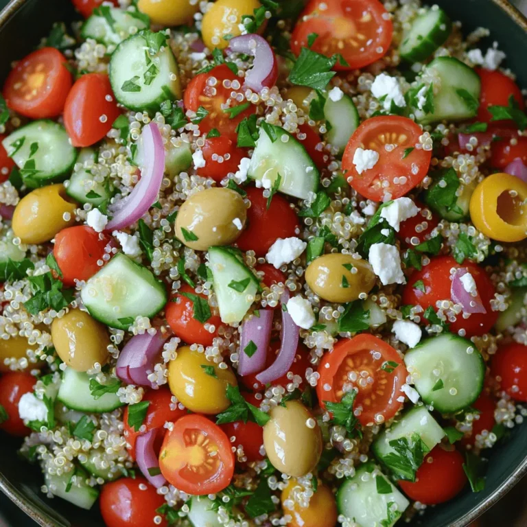 - 1 cup quinoa - 1 cup cherry tomatoes, halved - 1 cucumber, diced - 1 bell pepper (red or yellow), diced - 1/2 red onion, finely chopped - 1/2 cup Kalamata olives, pitted and sliced - 1/2 cup feta cheese, crumbled (optional for a vegan version) To create a vibrant Mediterranean Quinoa Salad, you need fresh, colorful ingredients. Quinoa forms the base, bringing protein and texture. Use ripe cherry tomatoes for sweetness and a pop of color. Crisp cucumbers add crunch while bell peppers give a sweet, juicy flavor. Red onions add a sharp bite, enhancing the salad's taste. Kalamata olives introduce a briny flavor that balances everything. If you like cheese, feta crumbles bring a creamy touch. - 1/4 cup olive oil - 2 tablespoons lemon juice - 1 teaspoon dried oregano - Salt and pepper to taste The dressing is key to bringing the flavors together. Olive oil provides richness, while lemon juice adds brightness. Dried oregano gives a classic Mediterranean touch. Don’t forget to season with salt and pepper to enhance the taste. - Avocado, diced - Chickpeas, drained and rinsed - Alternative herbs or spices Customization is fun! You can add diced avocado for creaminess. Chickpeas boost protein and make the salad heartier. Feel free to experiment with herbs like basil or mint, or spices like cumin for a unique twist. Mixing and matching can make this salad your own! For the full recipe, check out the [Full Recipe] section. To start, you need to measure and rinse 1 cup of quinoa. Rinsing helps remove bitterness. Next, combine the rinsed quinoa with 2 cups of water or vegetable broth in a medium saucepan. Bring this mixture to a boil over high heat. Once it reaches a boil, reduce the heat to low. Cover the pot and let it simmer for about 15 minutes. The quinoa will become fluffy and absorb all the liquid. After that, remove it from the heat and let it cool. While the quinoa cools, chop and dice your fresh vegetables. You will need 1 cup of halved cherry tomatoes, 1 diced cucumber, 1 diced bell pepper, and 1/2 finely chopped red onion. You should also slice 1/2 cup of pitted Kalamata olives. Combine all these chopped vegetables in a large mixing bowl. This mixture brings color and crunch to your salad. In a small bowl, whisk together the dressing ingredients. Use 1/4 cup of olive oil, 2 tablespoons of lemon juice, and 1 teaspoon of dried oregano. Add salt and pepper to taste. You can adjust the seasoning based on your preference. This dressing will give the salad great flavor and tie all the ingredients together. Now, it’s time to mix everything. Add the cooled quinoa to your bowl of vegetables. Pour the dressing over it and gently toss to combine. If you want, sprinkle 1/2 cup of crumbled feta cheese on top. Mix it lightly once again. This step helps the flavors blend well. Allow the salad to sit for at least 15 minutes to let the flavors meld together before serving. Enjoy your fresh and flavorful Mediterranean quinoa salad! For a complete guide, refer to the Full Recipe. To make your quinoa shine, start by rinsing it. Rinsing removes the bitter saponins. This simple step makes your quinoa taste better. Use a fine-mesh strainer to rinse it under cool water for a minute. After rinsing, cook the quinoa. You can use either water or vegetable broth for added flavor. Bring it to a boil, then reduce the heat. Cook for about 15 minutes until it’s fluffy. Let it cool before adding it to your salad. Choose a large bowl for serving your salad. A bright bowl makes the colors pop. You can also use mason jars for individual servings. This adds a fun touch to your meal. For a side dish, pair the salad with grilled chicken or fish. It also goes well with pita bread or hummus. These pairings enhance the Mediterranean vibe. Store your salad in an airtight container. This keeps it fresh for up to three days. The flavors get better as it sits. If you can, make it a day ahead. This gives the salad time to meld. Keep the feta cheese separate until serving. This avoids sogginess. When you’re ready to eat, just toss it and enjoy. For more details, check the Full Recipe. {{image_2}} You can easily make this salad vegan. Just skip the feta. It still tastes great without it. If you need a gluten-free option, quinoa is already gluten-free. You can enjoy this dish worry-free! Feel free to mix up the veggies. Try adding spinach, zucchini, or bell peppers in different colors. You can even swap quinoa for grains like farro or barley. Both add a nice texture and flavor. Add crunch by tossing in nuts or seeds. Almonds or sunflower seeds work well. For dressings, you can use balsamic vinegar or a yogurt-based one. Both options enhance the taste and make the salad even more exciting. For the full recipe, check out the Mediterranean Quinoa Salad 🥗. To keep your Mediterranean quinoa salad fresh, store it in the fridge. Use an airtight container. This helps prevent the salad from drying out or absorbing other odors. Make sure to cool the salad before sealing it. This keeps the texture nice and firm. Your salad can last for about three to five days in the fridge. Look for signs of spoilage like a sour smell or mushy veggies. If you notice these, it’s best to toss the salad. Always trust your senses when checking for freshness. You can freeze quinoa salad, but it might change texture. If you want to freeze it, place it in a freezer-safe container. Leave some space at the top for expansion. Thaw it in the fridge overnight before eating. Enjoy your salad with a fresh twist! For the full recipe, check out the Mediterranean quinoa salad section. You can use couscous or bulgur as great alternatives. Both grains have a similar texture and cook quickly. Couscous is tiny and light, while bulgur is more chewy. They both soak up flavors well and work nicely in salads. Making Mediterranean Quinoa Salad takes about 30 minutes total. You need around 15 minutes for prep and another 15 minutes to cook the quinoa. It’s quick and easy, perfect for a fast meal. Yes, Mediterranean Quinoa Salad is very healthy. Quinoa is a complete protein, meaning it has all nine essential amino acids. It is also high in fiber and low in calories. Each serving has around 200-250 calories, depending on the ingredients used. Absolutely! You can add cooked chicken, tuna, or beans for extra protein. Chickpeas are a great option too. They blend well with the salad's flavors and make it more filling. You can customize it to fit your taste and needs perfectly. For the full recipe, check out the section above. This blog post covered how to make a delicious Mediterranean Quinoa Salad. You learned about required and optional ingredients, simple steps for cooking, and tips to enhance flavor. I shared ways to customize the salad for different diets and how to store leftovers. Remember, this dish is versatile and fun to make. You can always adjust it to your taste. Enjoy creating your own version of this salad that is not only tasty but also healthy!