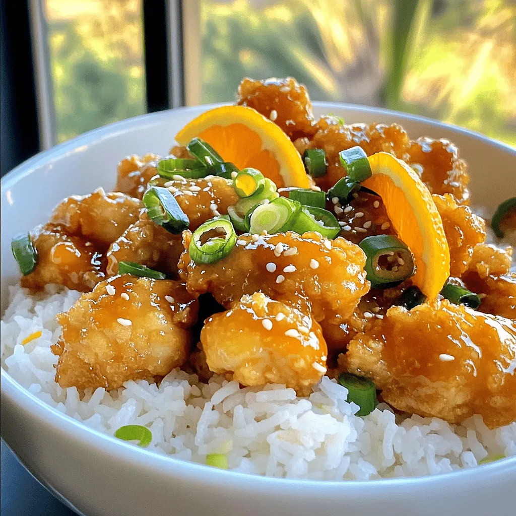 To make Panda Express Orange Chicken, gather these simple ingredients: - 1 lb (450g) boneless, skinless chicken breasts, cut into bite-sized pieces - 1 cup all-purpose flour - 2 large eggs, beaten - 1 cup cornstarch - 1 teaspoon salt - 1/2 teaspoon black pepper - 2 cups vegetable oil (for frying) - 1/2 cup orange juice (freshly squeezed preferred) - Zest of 1 orange - 1/4 cup soy sauce (low sodium) - 1/4 cup sugar - 1 tablespoon rice vinegar - 2 cloves garlic, minced - 1 teaspoon ginger, freshly grated - 1 tablespoon cornstarch mixed with 2 tablespoons cold water (for thickening) - Green onions and sesame seeds for garnish If you need alternatives, here are some ideas: - Chicken: Use tofu or shrimp for a different protein. - Soy Sauce: Try tamari for a gluten-free option. - Sugar: Honey or agave syrup work well too. - Rice Vinegar: Apple cider vinegar can replace it. - Cornstarch: Use arrowroot powder if you have it. Add some flair with these garnishes: - Sliced green onions for a fresh taste. - Toasted sesame seeds for crunch. - Fresh cilantro for a pop of color. - Orange slices for a pretty presentation. These ingredients and their substitutes will help you create a tasty and easy Orange Chicken dish. For the complete cooking process, check the Full Recipe. To start, gather your chicken and cut it into bite-sized pieces. In a medium bowl, mix 1 cup of flour, 1 teaspoon of salt, and 1/2 teaspoon of black pepper. This blend gives the chicken a nice flavor. In another bowl, place 2 large beaten eggs. Set up your breading station. First, dip each chicken piece in the flour mix. Next, coat it in the eggs. Finally, cover it with 1 cup of cornstarch. This step helps create the crispy texture we love. Now, it’s time to fry! Heat 2 cups of vegetable oil in a large skillet or wok over medium-high heat. Once the oil is hot, carefully add the chicken pieces in batches. Fry them for about 5 to 7 minutes until they turn golden brown and are cooked through. Be sure to not overcrowd the pan. After frying, remove the chicken and let it drain on paper towels. This helps keep your chicken crispy. For the orange sauce, take a separate saucepan. Combine 1/2 cup of freshly squeezed orange juice, the zest of 1 orange, 1/4 cup of low-sodium soy sauce, 1/4 cup of sugar, and 1 tablespoon of rice vinegar. Add in 2 cloves of minced garlic and 1 teaspoon of freshly grated ginger. Simmer this mix on low heat for about 5 minutes. This allows the flavors to blend well. To thicken the sauce, stir in 1 tablespoon of cornstarch mixed with 2 tablespoons of cold water. Cook for a couple of minutes until the sauce thickens slightly. Now, combine the crispy chicken with the orange sauce in a large serving bowl. Toss it well to coat the chicken evenly. For a beautiful touch, garnish with sliced green onions and sesame seeds. This makes it look as good as it tastes! To make the chicken crispy, start with dry pieces. Pat them with a paper towel. Use a three-step breading process: flour, eggs, and cornstarch. This helps create a great crunch. Make sure your oil is hot before frying. If the oil isn’t hot enough, the chicken will be soggy. Fry in small batches. This keeps the oil hot and helps with even cooking. For a tasty orange sauce, use fresh orange juice. This makes a big difference in flavor. Add orange zest for more brightness. Mix soy sauce and sugar with the juice. The sugar balances the tartness. Don't forget the garlic and ginger; they add depth. Let the sauce simmer. This helps the flavors blend well. If you want a thicker sauce, use cornstarch mixed with water. Serve your orange chicken over steamed rice. The rice soaks up the sauce nicely. You can also add stir-fried veggies for color and crunch. Green onions and sesame seeds make great garnishes. They add a nice touch of flavor. For a fun twist, serve with crispy noodles on the side. This adds a nice texture and complements the dish perfectly. For the full recipe, check out the Zesty Orange Chicken Delight. {{image_2}} You can make a baked version of orange chicken. It cuts down on oil. Here’s how: - Preheat your oven to 400°F (200°C). - Coat the chicken pieces with the same flour mix. - Instead of frying, place them on a baking sheet. - Spray the chicken lightly with cooking spray. - Bake for about 20-25 minutes until golden and crisp. This method gives you a lighter dish that's still tasty. You can easily change the flavor of your orange chicken. If you like heat, add chili flakes or hot sauce to the orange sauce. For a sweeter taste, increase the sugar or add honey. Here are some ideas: - Add 1 tablespoon of sriracha for heat. - Mix in crushed red pepper flakes for a spicy kick. - Use brown sugar instead of white for a richer flavor. Feel free to play with these flavors to match your taste! Pair your orange chicken with tasty sides to make a complete meal. Here are some great options: - Serve over steamed white or brown rice. - Try it with lo mein or fried rice for added flavor. - Add a side of stir-fried broccoli or snap peas for crunch. These sides not only enhance the dish but also add nutrition. You can find the full recipe for more details on making this dish delicious! After you enjoy your meal, store any leftovers in an airtight container. This helps keep the chicken crispy for a day or two. Place the chicken and sauce together, or keep them separate if you want better texture. If stored properly, your Orange Chicken will taste great for up to three days. For longer storage, you can freeze the leftovers. Place the chicken in a freezer-safe bag or container. Make sure to remove as much air as possible. You can freeze the orange sauce separately, too. This way, you can enjoy this tasty dish for up to three months. When it's time to eat again, reheat the chicken in the oven. Preheat the oven to 375°F (190°C) and place the chicken on a baking sheet. Bake for about 10-15 minutes, or until hot and crispy. You can also reheat the sauce on the stovetop in a small pot. Stir it well to ensure it warms evenly. If you want, you can add a splash of water or orange juice to help it blend. Panda Express Orange Chicken is made from chicken, a sweet orange sauce, and spices. The chicken is coated in a crispy batter and then fried. The sauce has orange juice, zest, soy sauce, sugar, garlic, and ginger. It has a nice blend of sweet and tangy flavors that many enjoy. For a homemade version, check the Full Recipe. To make the sauce less sweet, cut down on sugar. You can replace some sugar with soy sauce for a saltier taste. Adding more orange juice can also help balance the sweetness. If you prefer a tangy flavor, increase the rice vinegar. Taste as you mix to find your perfect balance. Yes, you can make this dish vegan. Replace the chicken with tofu or tempeh. Use plant-based egg substitutes for the batter. For the sauce, ensure the soy sauce is vegan-friendly. This way, you can enjoy a tasty vegan Orange Chicken dish without losing flavor. You can buy Panda Express Orange Chicken at any Panda Express location. They also offer delivery through their app or various food delivery services. If you want to enjoy it at home, you can try making it yourself with the Full Recipe. In this article, we covered key ingredients, step-by-step instructions, and tips for making orange chicken. You learned about ingredient swaps and how to achieve crispy chicken. You also discovered variations and storage tips for leftovers. Remember, cooking is about enjoying the process. Feel free to experiment with flavors and ingredients. Make it your own and share it with friends. Your take on orange chicken can be a fun twist on this classic dish!