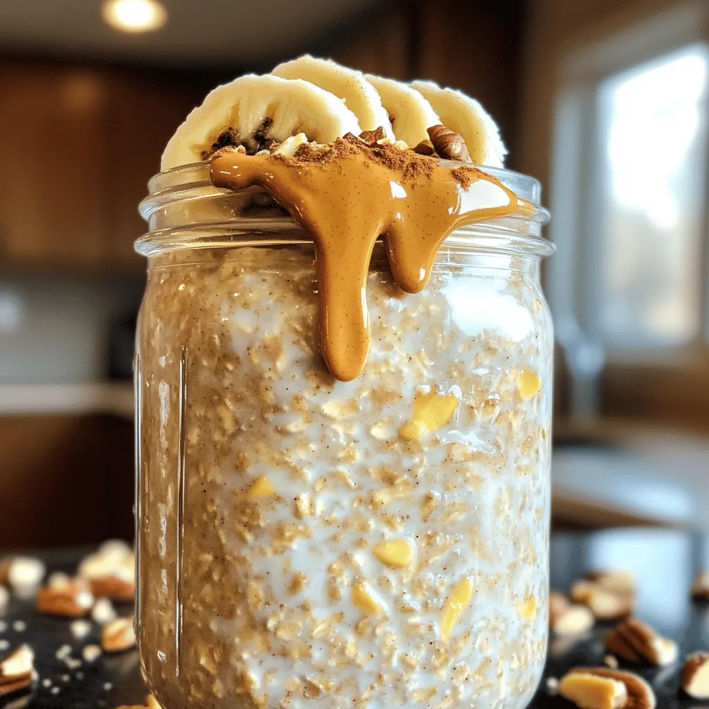 - 1 cup rolled oats - 1 cup almond milk (or milk of choice) - 1 ripe banana, sliced - 2 tablespoons peanut butter (creamy or crunchy) - 1 tablespoon honey or maple syrup (optional for sweetness) - 1/2 teaspoon vanilla extract - 1/4 teaspoon cinnamon - A pinch of salt - Chopped nuts and banana slices for topping These ingredients create a tasty, filling breakfast. Each one plays a key role. The oats give you fiber, while the banana adds natural sweetness. Peanut butter brings in healthy fats and protein. You can swap some ingredients if needed. Here are a few ideas: - Oats: Use quick oats or steel-cut oats instead. Quick oats will soften faster. - Milk: Any milk works, like coconut or soy milk. - Banana: Use applesauce for a different flavor or texture. - Peanut Butter: Almond or cashew butter are great options. - Sweetener: Maple syrup can replace honey. For no sweetener, just skip it. - Spices: Try nutmeg or cardamom if you want a twist. These swaps let you tailor the recipe to your taste. Each serving of Peanut Butter Banana Overnight Oats has: - Calories: About 350-400, depending on your choices. - Protein: Roughly 12 grams from oats and peanut butter. - Fat: About 15-20 grams, mostly healthy fats from peanut butter. - Carbohydrates: Around 50 grams, mainly from oats and banana. - Fiber: About 6-8 grams, good for digestion. This meal is nutritious and keeps you full. It’s a smart way to start your day. For the full recipe, check out the detailed instructions above. To start, gather your ingredients. You will need rolled oats, almond milk, a ripe banana, peanut butter, honey or maple syrup, vanilla extract, cinnamon, and salt. In a mixing bowl, combine one cup of rolled oats with one cup of almond milk. Add two tablespoons of peanut butter next. If you like it sweet, include one tablespoon of honey or maple syrup. Pour in half a teaspoon of vanilla extract, one-fourth teaspoon of cinnamon, and a pinch of salt. Mix everything well until smooth. Once your mixture is ready, slice half of the banana. Gently fold the banana slices into the oat mix. Next, grab a mason jar or any airtight container. Spoon the oat mixture into the jar, filling it evenly. After that, place the remaining banana slices on top. This layering makes it pretty and tasty. When you mix the ingredients, be sure to stir slowly. This helps keep the banana slices intact. If you want a creamier texture, add a splash more almond milk. Before you eat it, stir again in the morning. This helps blend the flavors. If it seems too thick, just add more milk. For a great finish, top with nuts and extra banana slices. For the full recipe, check the recipe section. To make your Peanut Butter Banana Overnight Oats just right, follow these tips: - Use rolled oats. They soak up the almond milk well. - Choose a ripe banana. It adds natural sweetness and flavor. - Mix the ingredients well. This helps all flavors blend together. - Store in a mason jar. It keeps things fresh and makes for easy serving. Watch out for these common slip-ups: - Skipping the salt. It boosts flavor and balances sweetness. - Using too much liquid. This can make your oats soupy. - Forgetting to stir before serving. A good stir ensures an even texture. - Not letting them chill long enough. Aim for at least four hours. Feel free to make this recipe your own! Here are some fun ideas: - Add chopped nuts for crunch. Almonds and walnuts work well. - Try different sweeteners. Maple syrup or agave are great options. - Mix in berries for a fruity twist. Strawberries or blueberries add color. - Top with yogurt for creaminess. Greek yogurt adds protein and silkiness. For the full recipe, check out the detailed instructions and ingredient list! {{image_2}} You can switch up the nut butter in this recipe. Try almond butter, cashew butter, or sunflower seed butter. Each nut butter brings a new flavor and texture. For a protein boost, add a scoop of your favorite protein powder. Chia seeds are another great add-in. They add fiber and healthy fats. Just remember to adjust the liquid if you add more dry ingredients. If you want a dairy-free or vegan option, use almond milk or coconut milk. These milks work well and keep the oats creamy. For sweetening, use maple syrup instead of honey. It keeps the recipe vegan-friendly. You can also add a dollop of coconut yogurt on top for extra creaminess. Mix flavors to keep things exciting. Add cocoa powder for a chocolate twist. You can also stir in some berries, like strawberries or blueberries, for a fresh taste. A sprinkle of nutmeg or ginger can add warmth and spice. For a tropical flair, try adding shredded coconut or diced pineapple. Each mix will change the flavor and keep breakfast fun! To store your peanut butter banana overnight oats, use a mason jar or an airtight container. Make sure to seal it tightly. This keeps the oats fresh and prevents them from absorbing unwanted smells from your fridge. Store it in the refrigerator for the best taste. These oats can last up to five days in the fridge. If you want to freeze them, put them in a freezer-safe container. They can stay good for up to three months in the freezer. Just remember to thaw them overnight in the fridge before eating. If you prefer warm oats, you can reheat them easily. Just scoop the desired amount into a bowl. Then, microwave for 30 to 60 seconds. Stir well and check the temperature. If it’s too thick, add a splash of almond milk or water to loosen it. Enjoy your warm, comforting breakfast! For the full recipe, check out the [Full Recipe] section above. Yes, you can make Peanut Butter Banana Overnight Oats in advance. They store well in the fridge. I often prepare them the night before or even a few days ahead. Just remember to keep your oats in a sealed jar or container. This keeps them fresh and tasty. If you want to swap out oats, try using quinoa, chia seeds, or even crushed nuts. Quinoa gives a nice texture and is high in protein. Chia seeds make a fun gel-like consistency. Crushed nuts add a crunchy bite. Each option gives a unique twist to your overnight oats. To make your oats creamier, use more milk or yogurt. You can also try adding mashed banana or nut butter. These ingredients add richness and smoothness. I love using a bit of Greek yogurt for extra creaminess. It makes the oats thick and delicious. For the full recipe, check out the Peanut Butter Banana Overnight Oats recipe. Peanut butter banana overnight oats are simple and delicious. We covered ingredients, steps, and tips for best results. Remember, you can switch ingredients for your needs. Keep your oats fresh by storing them right. With these ideas, you can make your oats unique and tasty. Enjoy making this easy, healthy breakfast that fits your lifestyle!