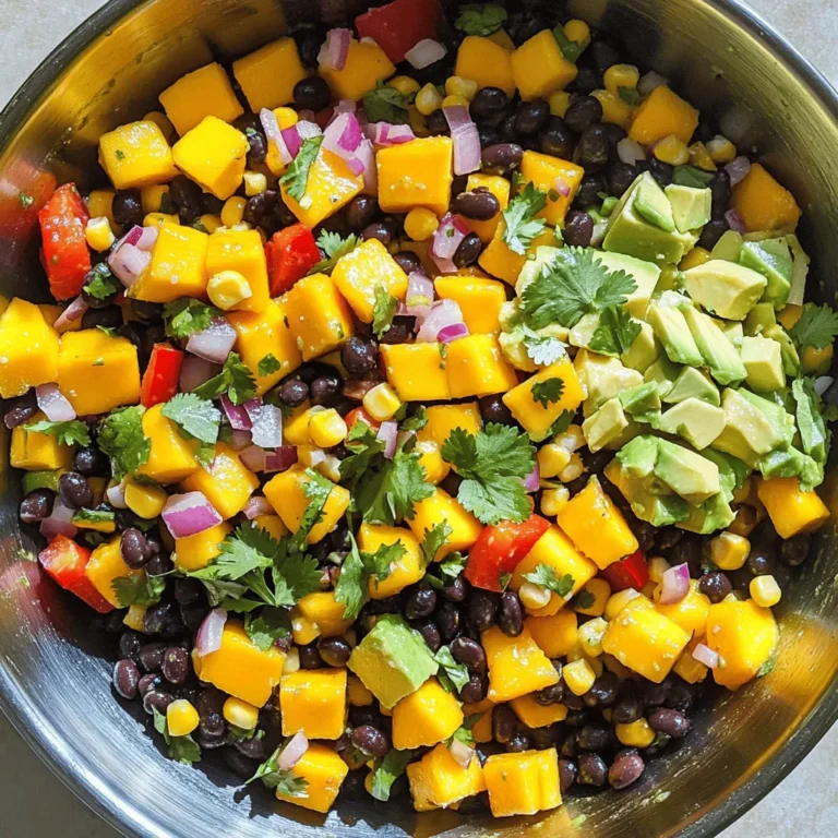 - Ripe mango - Black beans - Red bell pepper - Red onion - Corn kernels - Avocado - Fresh cilantro - Lime juice - Olive oil - Ground cumin - Chili powder - Salt and pepper When making Mango Black Bean Salad, choose fresh, ripe ingredients. The ripe mango adds a sweet, juicy flavor. Black beans provide protein and fiber. I love using a red bell pepper for its crunch and color. The red onion gives a nice bite. Add corn kernels for sweetness and texture. Avocado makes the salad creamy and rich. Fresh cilantro adds a burst of flavor. Lime juice brightens the dish. Olive oil gives it a smooth finish. Spices like ground cumin and chili powder enhance the salad's unique flavor. Don’t forget salt and pepper to taste. - Additional cilantro - Lime wedges Garnish with extra cilantro for a fresh touch. Lime wedges are great for serving too. They let your guests add more sour flavor if they wish. - Calories per serving - Macronutrient breakdown This salad is not just tasty; it is also healthy. Each serving has about 210 calories. You get protein from the black beans and healthy fats from the avocado. The salad is rich in vitamins and fiber. It’s a great choice for a light meal or a side dish. For the full recipe, you can check out the detailed steps to create this fresh and flavorful delight. First, gather your ingredients. You need a ripe mango, black beans, a red bell pepper, a red onion, corn, and an avocado. Start by dicing the mango into small cubes. Then, chop the red bell pepper and onion. Dice the avocado last. This way, it stays fresh longer. Next, rinse and drain the black beans. This removes excess salt and helps with flavor. In a large bowl, combine all the diced ingredients. Add the black beans, corn, and chopped cilantro. The colors will pop! Gently fold in the diced avocado. This adds creaminess and balances the flavors. In a small bowl, whisk together the lime juice, olive oil, ground cumin, and chili powder. This dressing brings a zesty kick. Add salt and pepper to taste. Make sure everything mixes well. Pour the dressing over the salad mixture. Toss everything gently. Be careful not to mash the avocado. Taste the salad and adjust the seasoning as needed. If you like it tangy, add more lime juice. Let the salad sit for about 10 minutes. This allows the flavors to meld together beautifully. For the full recipe, check out the [Full Recipe]. Enjoy your fresh and flavorful mango black bean salad! To select a ripe mango, look for a fruit that feels slightly soft. It should smell sweet at the stem. The skin color can vary. Some ripe mangoes are green, while others are yellow or red. If you can’t find mangoes, try peaches or nectarines. They bring a similar sweetness and juicy texture. For best results, store leftover salad in an airtight container. Keep it in the fridge. This way, the flavors stay fresh. The salad lasts for about two days. If you add avocado, eat it sooner. Avocado can brown quickly. This salad pairs well with grilled chicken or fish. It also goes great with tacos or burritos. For picnics, pack it in a cooler. At barbecues, serve it in a big bowl. Guests will love the bright colors and fresh taste. You can find the full recipe for this delightful dish to try at home. {{image_2}} For those with specific diets, this salad has great options. It's vegan and gluten-free. You can enjoy it without any animal products. Black beans provide protein and fiber. This makes it a perfect meal for everyone. If you want a creamier texture, add some diced avocado. You can even swap the lime juice for an apple cider vinegar if you prefer a tangy twist. Want to make the salad heartier? Add chicken or shrimp. Simply grill or sauté them first. Dice them up and mix them in. This adds protein and makes the dish more filling. If you want vegetarian options, consider adding quinoa or chickpeas. Both provide extra protein and texture. Experiment with spices for more flavor. Try adding smoked paprika or cayenne pepper for a kick. You can also switch out ingredients for new tastes. For instance, use pineapple instead of mango for a tropical twist. Or, swap the red bell pepper for jalapeños for some heat. The options are endless, so have fun with it! For the complete recipe, check out the [Full Recipe]. To keep your mango black bean salad fresh, store it in the fridge right after making it. Use an airtight container to seal in the flavors. A glass or plastic container works well. Glass containers are great for keeping things fresh and clean. Can you freeze it? Yes, but I do not recommend it. The mango and avocado can become mushy when thawed. If you choose to freeze it, place the salad in a freezer-safe bag. Remove as much air as possible before sealing. To thaw, place it in the fridge overnight and eat it the next day. How long does it last in the fridge? Your salad stays fresh for about 2 to 3 days. After that, the avocado may start to brown and the flavors can fade. Eating it sooner keeps it tasty and vibrant. Always check for any signs of spoilage before enjoying your salad. You can use many beans instead of black beans. Great options include: - Kidney beans: They have a mild taste and nice color. - Pinto beans: These are creamy and add a different flavor. - Chickpeas: They offer a nutty taste and great texture. - Lentils: These are small, quick to cook, and healthy. Choose any of these to keep your salad tasty and fun. Yes, you can prepare this salad ahead of time. Here are some tips: - Chop the veggies and store them in separate containers. - Mix the dressing and keep it in the fridge. - Combine everything just before serving for best taste. This way, you save time and still have fresh flavors. To keep avocado fresh, follow these tips: - Squeeze lime juice on the cut surface. This helps slow browning. - Store avocado in an airtight container. - If you have leftover salad, cover tightly and eat it soon. These methods will keep your salad looking bright and yummy. Yes, this salad works great for meal prep! Here are my suggestions: - Divide the salad into meal prep containers. - Keep dressing separate until you're ready to eat. - It lasts well in the fridge for 3-4 days. This way, you can enjoy it throughout the week. For serving, I love these ideas: - Use a big bowl for family-style sharing. - Serve in individual cups for a fun touch. - Add extra cilantro and lime wedges on top for flair. These serving styles make your salad eye-catching and tasty. For the full recipe, check out the details above! This blog post covers a vibrant and tasty salad filled with fresh ingredients. You learned how to prepare ripe mango, black beans, and colorful veggies. We discussed helpful tips on choosing ingredients and suggested ways to store leftovers. I shared variations that suit different diets, all while keeping it fun and easy. Enjoy creating this salad at home. It is perfect for any gathering or a healthy snack. Remember, the right mix of flavors keeps it exciting. Dive into the recipe and savor the health benefits it brings!