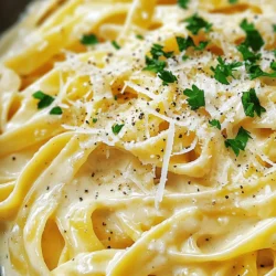 - 12 oz fettuccine pasta - 1 cup heavy cream - 1/2 cup unsalted butter - 1 cup freshly grated Parmesan cheese - 1/2 teaspoon garlic powder - Salt and freshly cracked black pepper, to taste - Chopped parsley for garnish When I make Fettuccine Alfredo, I love using simple, quality ingredients. The pasta is the star. I always choose fresh fettuccine if I can find it. It gives that perfect bite. Heavy cream adds richness. Unsalted butter enhances the flavor without being too salty. Freshly grated Parmesan cheese is a must. Pre-grated cheese often lacks flavor and texture. Garlic powder adds a subtle kick without being overpowering. Don't forget salt and black pepper to taste. Finally, I like to garnish with chopped parsley. It adds a pop of color and freshness. - Alternative pasta options: You can use other types of pasta like tagliatelle or linguine. - Gluten-free alternatives: Look for gluten-free fettuccine made from rice or corn. - Non-dairy substitutes: Use coconut cream or cashew cream for a dairy-free version. These swaps help you enjoy this dish, no matter your needs. Feel free to get creative with what you have at home. The heart of Fettuccine Alfredo is in its creamy sauce, so you can adapt it to fit your taste. For the full recipe, check [Full Recipe]. To start, bring a large pot of salted water to a boil. Use enough water so the pasta can move freely. Add the fettuccine and cook it according to the package instructions, usually about 8-10 minutes. You want it al dente, which means it should be firm to the bite. Why is reserving pasta water important? This water is starchy, and it helps thicken your sauce. It also adds flavor. So, before you drain the pasta, take out about one cup of that water. Set it aside and then drain the fettuccine. Now, let’s make the sauce. In a large skillet, melt half a cup of unsalted butter over medium heat. Once the butter is melted, pour in one cup of heavy cream. Whisk these two together well. Bring the mixture to a gentle simmer. Next, add half a teaspoon of garlic powder. Whisk it in and let it cook for about 2-3 minutes. This step adds flavor and depth to your sauce. After your sauce is ready, it’s time to mix everything. Gradually add one cup of freshly grated Parmesan cheese to the skillet. Whisk continuously until the cheese melts completely. The sauce should be smooth and creamy. If you find the sauce is too thick, that’s where your reserved pasta water comes in. Add a little bit at a time until you reach the desired consistency. Now, add the drained fettuccine to the skillet. Toss it well to coat the pasta evenly with the sauce. Season with salt and freshly cracked black pepper to taste. This will elevate the flavors and make your dish truly delightful. For an extra touch, garnish with chopped parsley. This adds a pop of color and freshness to your creamy fettuccine Alfredo. Enjoy your meal! For the full recipe, check out the details above. To cook perfect fettuccine, start with a large pot of water. Use plenty of salt; it should taste like the sea. Bring the water to a boil before adding the pasta. Stir the pasta often. This keeps it from sticking together. Cook until it is al dente, firm but not hard. To prevent clumping, drain the pasta quickly. Always save some pasta water before you drain. This water is starchy and helps the sauce stick. You can add it later if the sauce is too thick. For a great meal, pair your fettuccine Alfredo with a light salad. A simple green salad with a lemon vinaigrette works well. If you want a drink, a chilled white wine is a good choice. It cuts the creaminess of the sauce. To make your dish look restaurant-style, use a large plate. Twirl the fettuccine into a nest in the middle. Sprinkle with chopped parsley for a pop of color. A little extra Parmesan on top adds a nice touch. One big mistake is overcooking the pasta. This makes it mushy and not fun to eat. Always check your pasta a minute early. Another mistake is using pre-grated cheese. It often has anti-caking agents that can change the sauce's texture. Always grate your cheese fresh for the best flavor. For the full recipe, check the details above. {{image_2}} You can make your Fettuccine Alfredo even better with some classic additions. Grilled chicken or shrimp adds protein and flavor. Simply cook them on a grill or stovetop before mixing them in. Try adding veggies like broccoli or peas for a fresh touch. These veggies not only add color but also provide great taste and nutrition. To boost the taste of your Alfredo, consider some flavor enhancements. Adding lemon zest gives a bright kick that balances the creaminess. You can also experiment with different cheese types. Mixing in some Romano or even a bit of blue cheese can create a unique twist. If you need dietary adaptations, there are great options. For a vegan Fettuccine Alfredo, use cashew cream or coconut milk instead of heavy cream. Nutritional yeast can replace Parmesan cheese for that cheesy flavor without dairy. If you want a low-calorie version, try using whole wheat pasta or zucchini noodles. You can cut down on fat by using less butter or cream while still enjoying a tasty meal. To keep your Fettuccine Alfredo fresh, first let it cool. Place it in an airtight container. This helps prevent moisture loss. Store it in the fridge for up to three days. Make sure to label your container with the date. This way, you won't forget how long it's been there. When you're ready to enjoy your leftovers, you have a couple of options. The microwave is quick and easy. Use a microwave-safe dish and cover it loosely. Heat in short bursts, stirring in between. This helps it warm evenly. If you prefer the stove, use a saucepan. Add a splash of cream or reserved pasta water. This keeps the sauce from separating. Stir until warmed through, and enjoy! Freezing Fettuccine Alfredo is simple. Start by letting it cool completely. Divide it into portions for easy thawing. Use freezer-safe bags or containers. Remove as much air as possible to avoid freezer burn. Label each bag with the date. When you're ready to eat, move it to the fridge to thaw overnight. To heat, use the same methods mentioned before. Add a little cream to restore creaminess. Enjoy your meal even days later! To thicken your Alfredo sauce, you can use a few methods. - Add more cheese: Grate in more Parmesan cheese for a thicker mix. - Cornstarch slurry: Mix 1 tablespoon of cornstarch with 2 tablespoons of water, then stir it in. - Flour: Create a roux by mixing equal parts butter and flour. Cook it briefly, then add cream. - Egg yolk: Whisk one egg yolk in before serving for added richness. Don’t forget about pasta water! Reserve some before draining the pasta. This starchy water can help adjust the sauce’s thickness. Just add a little at a time until you reach the right texture. You can store Fettuccine Alfredo in the fridge for about 3 to 4 days. Keep it in an airtight container to maintain freshness. Watch for signs of spoilage. If you see any mold or it smells off, throw it away. Yes, you can prepare Fettuccine Alfredo in advance! - Meal prep tips: Cook the pasta and make the sauce separately. Combine them just before serving. - Reheating: When reheating, add a splash of cream or reserved pasta water. This helps keep the sauce creamy and smooth. To make your meal complete, consider these side dishes: - Garlic bread: A crunchy side that pairs well with the creamy sauce. - Caesar salad: The crisp greens balance the richness of the Alfredo. - Steamed vegetables: Broccoli or asparagus adds color and nutrition. For drinks, try pairing it with a glass of Chardonnay or a light red wine. These flavors complement the dish beautifully. In this post, we explored how to make a delicious Fettuccine Alfredo, from ingredients to cooking tips. You learned ingredient options and how to avoid common mistakes. The right techniques can help you create a creamy sauce that tastes great. Remember to consider variations and dietary needs. Fettuccine Alfredo is versatile and tasty, making it perfect for any meal. Now, get in the kitchen and enjoy your cooking adventure!