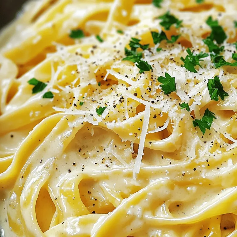- 12 oz fettuccine pasta - 1 cup heavy cream - 1/2 cup unsalted butter - 1 cup freshly grated Parmesan cheese - 1/2 teaspoon garlic powder - Salt and freshly cracked black pepper, to taste - Chopped parsley for garnish When I make Fettuccine Alfredo, I love using simple, quality ingredients. The pasta is the star. I always choose fresh fettuccine if I can find it. It gives that perfect bite. Heavy cream adds richness. Unsalted butter enhances the flavor without being too salty. Freshly grated Parmesan cheese is a must. Pre-grated cheese often lacks flavor and texture. Garlic powder adds a subtle kick without being overpowering. Don't forget salt and black pepper to taste. Finally, I like to garnish with chopped parsley. It adds a pop of color and freshness. - Alternative pasta options: You can use other types of pasta like tagliatelle or linguine. - Gluten-free alternatives: Look for gluten-free fettuccine made from rice or corn. - Non-dairy substitutes: Use coconut cream or cashew cream for a dairy-free version. These swaps help you enjoy this dish, no matter your needs. Feel free to get creative with what you have at home. The heart of Fettuccine Alfredo is in its creamy sauce, so you can adapt it to fit your taste. For the full recipe, check [Full Recipe]. To start, bring a large pot of salted water to a boil. Use enough water so the pasta can move freely. Add the fettuccine and cook it according to the package instructions, usually about 8-10 minutes. You want it al dente, which means it should be firm to the bite. Why is reserving pasta water important? This water is starchy, and it helps thicken your sauce. It also adds flavor. So, before you drain the pasta, take out about one cup of that water. Set it aside and then drain the fettuccine. Now, let’s make the sauce. In a large skillet, melt half a cup of unsalted butter over medium heat. Once the butter is melted, pour in one cup of heavy cream. Whisk these two together well. Bring the mixture to a gentle simmer. Next, add half a teaspoon of garlic powder. Whisk it in and let it cook for about 2-3 minutes. This step adds flavor and depth to your sauce. After your sauce is ready, it’s time to mix everything. Gradually add one cup of freshly grated Parmesan cheese to the skillet. Whisk continuously until the cheese melts completely. The sauce should be smooth and creamy. If you find the sauce is too thick, that’s where your reserved pasta water comes in. Add a little bit at a time until you reach the desired consistency. Now, add the drained fettuccine to the skillet. Toss it well to coat the pasta evenly with the sauce. Season with salt and freshly cracked black pepper to taste. This will elevate the flavors and make your dish truly delightful. For an extra touch, garnish with chopped parsley. This adds a pop of color and freshness to your creamy fettuccine Alfredo. Enjoy your meal! For the full recipe, check out the details above. To cook perfect fettuccine, start with a large pot of water. Use plenty of salt; it should taste like the sea. Bring the water to a boil before adding the pasta. Stir the pasta often. This keeps it from sticking together. Cook until it is al dente, firm but not hard. To prevent clumping, drain the pasta quickly. Always save some pasta water before you drain. This water is starchy and helps the sauce stick. You can add it later if the sauce is too thick. For a great meal, pair your fettuccine Alfredo with a light salad. A simple green salad with a lemon vinaigrette works well. If you want a drink, a chilled white wine is a good choice. It cuts the creaminess of the sauce. To make your dish look restaurant-style, use a large plate. Twirl the fettuccine into a nest in the middle. Sprinkle with chopped parsley for a pop of color. A little extra Parmesan on top adds a nice touch. One big mistake is overcooking the pasta. This makes it mushy and not fun to eat. Always check your pasta a minute early. Another mistake is using pre-grated cheese. It often has anti-caking agents that can change the sauce's texture. Always grate your cheese fresh for the best flavor. For the full recipe, check the details above. {{image_2}} You can make your Fettuccine Alfredo even better with some classic additions. Grilled chicken or shrimp adds protein and flavor. Simply cook them on a grill or stovetop before mixing them in. Try adding veggies like broccoli or peas for a fresh touch. These veggies not only add color but also provide great taste and nutrition. To boost the taste of your Alfredo, consider some flavor enhancements. Adding lemon zest gives a bright kick that balances the creaminess. You can also experiment with different cheese types. Mixing in some Romano or even a bit of blue cheese can create a unique twist. If you need dietary adaptations, there are great options. For a vegan Fettuccine Alfredo, use cashew cream or coconut milk instead of heavy cream. Nutritional yeast can replace Parmesan cheese for that cheesy flavor without dairy. If you want a low-calorie version, try using whole wheat pasta or zucchini noodles. You can cut down on fat by using less butter or cream while still enjoying a tasty meal. To keep your Fettuccine Alfredo fresh, first let it cool. Place it in an airtight container. This helps prevent moisture loss. Store it in the fridge for up to three days. Make sure to label your container with the date. This way, you won't forget how long it's been there. When you're ready to enjoy your leftovers, you have a couple of options. The microwave is quick and easy. Use a microwave-safe dish and cover it loosely. Heat in short bursts, stirring in between. This helps it warm evenly. If you prefer the stove, use a saucepan. Add a splash of cream or reserved pasta water. This keeps the sauce from separating. Stir until warmed through, and enjoy! Freezing Fettuccine Alfredo is simple. Start by letting it cool completely. Divide it into portions for easy thawing. Use freezer-safe bags or containers. Remove as much air as possible to avoid freezer burn. Label each bag with the date. When you're ready to eat, move it to the fridge to thaw overnight. To heat, use the same methods mentioned before. Add a little cream to restore creaminess. Enjoy your meal even days later! To thicken your Alfredo sauce, you can use a few methods. - Add more cheese: Grate in more Parmesan cheese for a thicker mix. - Cornstarch slurry: Mix 1 tablespoon of cornstarch with 2 tablespoons of water, then stir it in. - Flour: Create a roux by mixing equal parts butter and flour. Cook it briefly, then add cream. - Egg yolk: Whisk one egg yolk in before serving for added richness. Don’t forget about pasta water! Reserve some before draining the pasta. This starchy water can help adjust the sauce’s thickness. Just add a little at a time until you reach the right texture. You can store Fettuccine Alfredo in the fridge for about 3 to 4 days. Keep it in an airtight container to maintain freshness. Watch for signs of spoilage. If you see any mold or it smells off, throw it away. Yes, you can prepare Fettuccine Alfredo in advance! - Meal prep tips: Cook the pasta and make the sauce separately. Combine them just before serving. - Reheating: When reheating, add a splash of cream or reserved pasta water. This helps keep the sauce creamy and smooth. To make your meal complete, consider these side dishes: - Garlic bread: A crunchy side that pairs well with the creamy sauce. - Caesar salad: The crisp greens balance the richness of the Alfredo. - Steamed vegetables: Broccoli or asparagus adds color and nutrition. For drinks, try pairing it with a glass of Chardonnay or a light red wine. These flavors complement the dish beautifully. In this post, we explored how to make a delicious Fettuccine Alfredo, from ingredients to cooking tips. You learned ingredient options and how to avoid common mistakes. The right techniques can help you create a creamy sauce that tastes great. Remember to consider variations and dietary needs. Fettuccine Alfredo is versatile and tasty, making it perfect for any meal. Now, get in the kitchen and enjoy your cooking adventure!