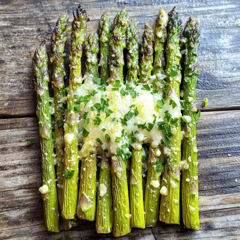 To make lemon garlic roasted asparagus, start with fresh asparagus. Choose a pound of bright green, firm stalks. Look for tips that are tightly closed and vibrant. This ensures you get the best flavor and crispness. Trim the tough ends of the asparagus before cooking. This step is key for a tender bite. The magic of this dish lies in its simple seasonings. Here’s what you need: - 3 tablespoons olive oil - 4 cloves garlic, minced - Zest of 1 lemon - 2 tablespoons fresh lemon juice - 1 teaspoon sea salt - 1/2 teaspoon black pepper - 1/4 teaspoon red pepper flakes (optional) - 2 tablespoons grated Parmesan cheese (or a vegan alternative) - Fresh parsley, chopped (for garnish) These ingredients create a burst of flavor. The lemon adds brightness, while garlic brings depth. The olive oil helps everything roast beautifully. You can customize this recipe by adding a few optional ingredients. If you like a little heat, use red pepper flakes. For a cheesy touch, sprinkle more Parmesan before serving. You can also swap in nutritional yeast for a vegan option. Each change adds a unique flair to the dish. First, set your oven to 400°F (200°C). This heat helps the asparagus roast well. Next, take 1 pound of fresh asparagus. Trim the ends to remove any tough parts. You want only the tender stalks. Rinse the asparagus under cold water to clean it. Pat it dry with a towel. This step helps the marinade stick better. In a large mixing bowl, add 3 tablespoons of olive oil. Then, add 4 cloves of minced garlic. The garlic gives a strong flavor that pairs well with the asparagus. Next, add the zest of 1 lemon and 2 tablespoons of fresh lemon juice. These ingredients brighten up the dish. Now, sprinkle in 1 teaspoon of sea salt, 1/2 teaspoon of black pepper, and 1/4 teaspoon of red pepper flakes if you like a bit of heat. Mix everything well until combined. Now, add the trimmed asparagus to the bowl. Toss it gently to coat each piece with the lemon garlic mixture. Spread the asparagus onto a baking sheet lined with parchment paper. Make sure the stalks are in a single layer. This helps them roast evenly. Place the sheet in the preheated oven. Roast for 12-15 minutes, or until the asparagus is tender and slightly crispy. In the last 2 minutes, sprinkle 2 tablespoons of grated Parmesan cheese on top. This adds a creamy touch. Once done, take it out and let it cool for a minute. Finish by garnishing with fresh parsley. Enjoy this dish straight away! For the full recipe, check the details above. When choosing asparagus, look for firm, bright green stalks. The tips should be tightly closed and fresh. Avoid any that feel soft or limp. Thicker stalks provide a meatier bite, while thinner ones cook faster. I prefer medium-sized asparagus for balance in texture and flavor. To get the best results, start with a hot oven at 400°F (200°C). This high heat helps the asparagus caramelize and become crispy. Make sure the asparagus is in a single layer on the baking sheet. Overcrowding can lead to steaming, which makes them soggy. Toss them in the lemon garlic marinade well for even flavor. You can easily boost flavors in this dish. Add a splash of balsamic vinegar for a sweet touch. Try mixing in some herbs like thyme or rosemary for an earthy tone. If you want heat, sprinkle extra red pepper flakes. For a nutty flavor, consider toasted pine nuts or slivered almonds as a topping. Each addition brings a new twist to the classic lemon garlic taste. You can find the full recipe for lemon garlic roasted asparagus for more ideas. {{image_2}} You can easily make this dish vegan and dairy-free. Simply skip the Parmesan cheese or use a vegan cheese alternative. Nutritional yeast adds a cheesy flavor without dairy. It’s a great option to keep the taste rich and satisfying. Feel free to play with the seasonings. Try adding a bit of balsamic vinegar for a sweet touch. You can also use herbs like thyme or rosemary for added depth. If you enjoy spice, add more red pepper flakes. This gives a nice kick to the dish. You don’t have to stop at asparagus. Add other veggies like bell peppers, zucchini, or carrots. Cut them into similar sizes to ensure even cooking. Mix them with the asparagus in the marinade. This way, you get a colorful and tasty veggie medley. For the complete cooking experience, check out the Full Recipe. Enjoy experimenting with these variations! After you enjoy your lemon garlic roasted asparagus, store any leftovers in the fridge. Place the cooled asparagus in an airtight container. This keeps them fresh for up to three days. If you want to keep them longer, consider freezing them. To reheat your asparagus, use the oven or a skillet. Preheat your oven to 350°F (175°C). Spread the asparagus on a baking sheet and heat for about 10 minutes. If using a skillet, add a bit of olive oil and heat on medium for about five minutes. This keeps the flavor and texture nice. Freezing asparagus is simple but needs a few steps. First, blanch the asparagus in boiling water for two minutes. Then, immediately transfer them to ice water to stop the cooking. Drain and dry them well. Next, place the asparagus in a freezer bag and remove as much air as possible. They can stay good for up to six months in the freezer. When you’re ready to use them, just thaw in the fridge overnight before cooking. Roast asparagus for about 12-15 minutes at 400°F (200°C). Check for tenderness. It should be bright green and slightly crispy. The exact time can vary based on the thickness of the asparagus. Thinner stalks cook faster, while thicker ones may need more time. Yes, you can use frozen asparagus. However, I recommend thawing it first. This helps to keep the texture from becoming mushy. Pat it dry to remove excess moisture. Using fresh asparagus will give the best flavor and crunch. Lemon garlic roasted asparagus pairs well with many dishes. Try serving it with grilled chicken, fish, or steak. It also complements pasta dishes and grains like quinoa or rice. For a lighter meal, enjoy it with a fresh salad. Absolutely! Asparagus is low in calories and high in nutrients. It contains vitamins A, C, and K. The olive oil provides healthy fats, and garlic has many health benefits. This dish is a great way to add greens to your meals. For the full recipe, you will need: - 1 pound fresh asparagus, trimmed - 3 tablespoons olive oil - 4 cloves garlic, minced - Zest of 1 lemon - 2 tablespoons fresh lemon juice - 1 teaspoon sea salt - 1/2 teaspoon black pepper - 1/4 teaspoon red pepper flakes (optional) - 2 tablespoons grated Parmesan cheese (or a vegan alternative) - Fresh parsley, chopped (for garnish) Follow the steps in the recipe to create this tasty side dish! This blog post covered how to make lemon garlic roasted asparagus from start to finish. We explored fresh ingredients, seasoning suggestions, and step-by-step instructions. Tips for perfect roasting and flavor enhancement were included. We also talked about vegan options and proper storage methods. In summary, this dish is simple and versatile. It's healthy and tasty, making it a great choice for any meal. Use the information here to create your delicious lemon garlic roasted asparagus today!