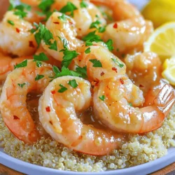 - 1 lb (450g) large shrimp, peeled and deveined - 4 tablespoons unsalted butter - 4 cloves garlic, minced - 1 tablespoon fresh lemon juice - 1 teaspoon lemon zest - 1 teaspoon red pepper flakes - Salt and pepper to taste - 2 tablespoons fresh parsley, chopped - 1 cup cooked quinoa or rice (for serving) The main stars of this dish are the shrimp, butter, and garlic. The shrimp should be large and fresh for the best flavor. I like to peel and devein them myself to ensure they are clean. The butter adds richness, while the garlic gives a nice kick. For extra flavor, I use lemon juice and zest. They brighten the dish and balance the richness. The red pepper flakes add a bit of heat, so you can adjust them based on your taste. Finally, I always season with salt and pepper to enhance all the flavors. The fresh parsley adds color and freshness when sprinkled on top. I love serving this dish over quinoa or rice to soak up the delicious garlic butter sauce. If you want to dive deeper, check out the Full Recipe for step-by-step instructions. - Prepare Ingredients: Rinse the shrimp under cool water and pat them dry. - Melt Butter: Heat the butter in a large skillet over medium heat. Keep an eye on it. - Sauté Garlic: Add the minced garlic to the melted butter. Sauté for about 1 minute. Be careful not to let it burn. - Cook Shrimp: Place the shrimp in the skillet in a single layer. Season with salt, pepper, and red pepper flakes. Cook for 2-3 minutes on each side. Watch for the shrimp to turn pink and opaque. - Add Lemon: Squeeze the fresh lemon juice over the shrimp. Sprinkle in the lemon zest. Stir to combine and cook for another minute. - Garnish: Remove the skillet from heat. Stir in the chopped parsley. Adjust seasoning if needed. - Serve: Plate the cooked quinoa or rice. Top with the garlic butter shrimp and spoon any remaining sauce over the dish. Follow these steps, and you will create a delicious meal in just 30 minutes. For a detailed guide, check the Full Recipe. - Achieving Perfect Shrimp: Don’t overcook the shrimp. Cook them just until they turn pink. This takes about 2-3 minutes on each side. Overcooking makes shrimp tough and rubbery. Keep an eye on them and remove them from the heat as soon as they are done. - Flavor Enhancements: Using fresh garlic and lemon boosts the dish. Fresh garlic gives a strong flavor that dried garlic can't match. Use minced garlic for the best taste. Squeeze fresh lemon juice for a bright, zesty flavor. Add some lemon zest for extra aroma. - Presentation Ideas: Serve the shrimp hot with lemon wedges on the side. This not only looks nice but allows guests to add more lemon if they like. A sprinkle of fresh parsley adds color and freshness. - Ideal Pairings: Pair these shrimp with cooked quinoa or rice. Both sides soak up the tasty garlic butter sauce. You might also serve a light salad or steamed veggies to balance the meal. {{image_2}} You can easily change the protein in this dish. If you want to swap shrimp for chicken, use boneless, skinless pieces. For a plant-based option, try tofu. Just cut it into cubes and follow the same cooking steps. You can also change the fat. If you don’t have butter, olive oil works well. It gives a nice flavor too. Want to spice things up? You can add more red pepper flakes for heat. If you prefer a milder dish, use less. You can also boost the flavor by adding fresh herbs. Try thyme, basil, or cilantro. Each herb brings a unique taste that can change the whole dish. Grilling shrimp is a great option. Preheat your grill and cook the shrimp for 2-3 minutes on each side. This adds a nice smoky flavor. For a healthier choice, you can bake the shrimp. Place them on a baking sheet and cook at 400°F (200°C) for about 8-10 minutes. Baking keeps the shrimp juicy and tender. You can find the Full Recipe for more details on making this dish. Enjoy experimenting with these variations! For storing leftover garlic butter shrimp, use an airtight container. This keeps moisture in and flavors fresh. Let the shrimp cool to room temperature before sealing. Storing them properly helps maintain their taste. The shelf life of refrigerated garlic butter shrimp is about 2 to 3 days. Make sure to check for any off smells or changes in texture before eating. If you notice anything odd, it is best to discard the shrimp. To freeze garlic butter shrimp, start by letting them cool completely. Place them in a freezer-safe bag or container. Remove as much air as possible to avoid freezer burn. Label the bag with the date for easy tracking. When you are ready to eat, thaw the shrimp in the fridge overnight. For reheating, use a skillet over low heat. This keeps the shrimp tender and juicy instead of rubbery. You can also use a microwave, but be sure to reheat in short bursts to avoid overcooking. How to tell if shrimp is cooked properly? You can tell shrimp is cooked when it turns pink. The flesh should also be opaque. If the shrimp curls up tightly, it is often overcooked. For best results, aim for a firm texture without a rubbery feel. Can I use frozen shrimp for this recipe? Yes, you can use frozen shrimp. Just make sure to thaw them first. Place the frozen shrimp in a bowl of cold water for about 15 to 20 minutes. This way, they will cook evenly and taste fresh. What can I serve with garlic butter shrimp? Garlic butter shrimp pairs well with many sides. You can serve it with cooked quinoa or rice. Fresh vegetables or a light salad also make a nice addition. For a classic touch, include some crusty bread to soak up the sauce. How do I meal prep this dish for the week? To meal prep garlic butter shrimp, cook it as directed. Let it cool, then store it in airtight containers. Keep sides like rice or quinoa separate. This way, you can heat and enjoy them together all week. Can I use margarine instead of butter? Yes, margarine can be used instead of butter. It will change the flavor slightly, but it will still be tasty. Just ensure it is unsalted for the best results. What if I don’t have fresh garlic? Can I use garlic powder? Garlic powder is a good substitute for fresh garlic. Use about 1/4 teaspoon of garlic powder for each clove of fresh garlic. Just remember, fresh garlic provides a stronger taste. Adjust to your liking if you prefer more flavor. For the full recipe, check out the details provided earlier. This recipe highlights the joy of cooking garlic butter shrimp. You learned about key ingredients, easy steps, and smart tips. Perfect shrimp can shine on your table. Remember, cooking should be fun and simple. You can easily customize this dish with different proteins or flavors. Whether you grill or bake, there are many ways to enjoy it. Store your leftovers correctly for tasty meals later. Dive into cooking with confidence and share your delicious results!