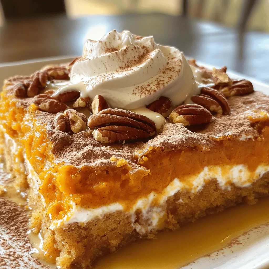 - 1 (15 oz) can pumpkin puree - 1 (12 oz) can evaporated milk - 3 large eggs - 1 cup sugar - 1 teaspoon vanilla extract - 1 teaspoon ground cinnamon - 1/2 teaspoon ground nutmeg - 1/2 teaspoon ground ginger - 1/4 teaspoon salt - 1 box (15.25 oz) yellow cake mix - 1/2 cup unsalted butter, melted - 1 cup chopped pecans (optional) - Whipped cream for serving (optional) When it comes to making Pumpkin Pie Dump Cake, the ingredients are key. Each one adds to the flavor and texture. First, I use a can of pumpkin puree. This is the heart of the recipe. It gives the cake its rich taste and smooth texture. Next, I add evaporated milk. It makes the cake moist and creamy. The eggs help bind everything together. They give it structure. Sugar brings out the natural sweetness of the pumpkin. Vanilla extract adds a nice touch of warmth. For spices, I stick to ground cinnamon, nutmeg, and ginger. These spices make the cake smell and taste like fall. A pinch of salt balances the sweetness. The topping is where the magic happens. A box of yellow cake mix creates a light, fluffy layer. I drizzle melted butter on top for a crispy finish. If you like nuts, sprinkle some pecans for added crunch. Finally, whipped cream is a must for serving. It adds a creamy layer on top. You can find the full recipe above. Enjoy making this easy and delicious dessert! - Preheat your oven to 350°F (175°C) and grease a 9x13 inch baking dish. - In a large bowl, mix together pumpkin puree, evaporated milk, eggs, sugar, vanilla, cinnamon, nutmeg, ginger, and salt. Stir until everything is well mixed. - Pour the pumpkin mixture into the prepared baking dish. - Sprinkle the dry cake mix evenly on top of the pumpkin layer. Do not stir; the cake mix will create a nice topping as it bakes. - Drizzle the melted butter over the dry cake mix. You can also add chopped pecans if you want some crunch. - Bake in the preheated oven for 50-60 minutes. Check for doneness using a toothpick; it should come out clean when inserted in the center. This method makes the process simple and gives you a tasty dessert. For the full recipe, check out Pumpkin Delight Dump Cake. To make the pumpkin layer smooth, mix all the ingredients well. This helps each bite taste great. If your oven runs hot or cool, check the cake a bit early or late. Each oven is different, so adjust your time as needed. I love to top my dump cake with whipped cream and a sprinkle of cinnamon. It adds a nice touch and flavor. You can serve this dessert warm or cold. Both options are tasty, but warm gives a cozy feel. For the best texture, do not stir the cake mix into the pumpkin layer. Let it sit on top; it will bake into a nice crust. To avoid a dry topping, make sure you drizzle enough melted butter over the cake mix. This keeps everything moist and delicious. {{image_2}} You can change up the flavors in your pumpkin pie dump cake. Using different pie spices can add a fun twist. Try adding cardamom or allspice for a warm kick. You can also mix in chocolate chips. They add a rich flavor and surprise element. Just fold in a cup of chocolate chips before pouring the pumpkin layer. This makes it even more delicious! If you need gluten-free options, look for gluten-free cake mix. Many brands offer great choices that work well. For vegan adaptations, swap the eggs with flax eggs or applesauce. You can also use almond or coconut milk in place of evaporated milk. These changes keep it tasty while meeting dietary needs. For a festive touch, add cranberries or pecans. These can bring in fall flavors and add texture. You can sprinkle cranberries on top before baking. Pecans can be mixed into the cake or used as a topping. If it's a special occasion, serve in a pretty dish. You can even decorate with whipped cream and a sprinkle of cinnamon. This makes your dump cake stand out! For the full recipe, check the section above! To keep your Pumpkin Pie Dump Cake fresh, store it in the fridge. Use an airtight container or cover it with plastic wrap. This way, it stays moist and tasty. Yes, you can freeze Pumpkin Pie Dump Cake! Slice it into portions first. Wrap each piece tightly in plastic wrap, then place them in a freezer bag. This helps prevent freezer burn. In the fridge, your dump cake lasts about 4 to 5 days. It’s best to eat it within this time for the best taste and texture. If you freeze it, it can last up to 2 months. Just remember to thaw it in the fridge overnight before eating. To reheat your Pumpkin Pie Dump Cake without drying it out, use the oven. Preheat it to 350°F (175°C). Place the cake in an oven-safe dish and cover it with foil. Heat for about 15-20 minutes. You can also use a microwave. Just warm a slice for 30 seconds. If it seems dry, add a little whipped cream on top for moisture. For the Full Recipe, refer back to the earlier section. A dump cake is a simple dessert. You mix ingredients in one dish. Then, you bake it without much fuss. The name comes from "dumping" the ingredients in. It’s an easy way to enjoy cake with less work. Yes, you can use fresh pumpkin. Just cook and mash it first. This gives you a rich flavor. However, canned pumpkin is more convenient. It saves time and ensures a smooth texture. You know it's done when the top is golden brown. A toothpick should come out clean when poked in the center. The edges will pull away from the dish slightly. This means it has baked properly. You can serve it with whipped cream. A scoop of vanilla ice cream works well, too. Adding a sprinkle of cinnamon enhances the taste. Fresh pecans on top can add a nice crunch. Yes, you can make it ahead of time. Prepare it and store it in the fridge. Bake it the next day for fresh flavors. This dessert is perfect for gatherings or holidays. Check the Full Recipe for more details. This blog post covered the wonderful recipe for Pumpkin Pie Dump Cake. You learned about the key ingredients, easy steps to prepare it, and tips for perfecting your cake. Remember, use fresh spices for the best flavor and enjoy it warm, topped with whipped cream. I hope this scrumptious dessert brings joy to your table. Now, gather your ingredients and start baking! You'll love how simple and delicious it is.