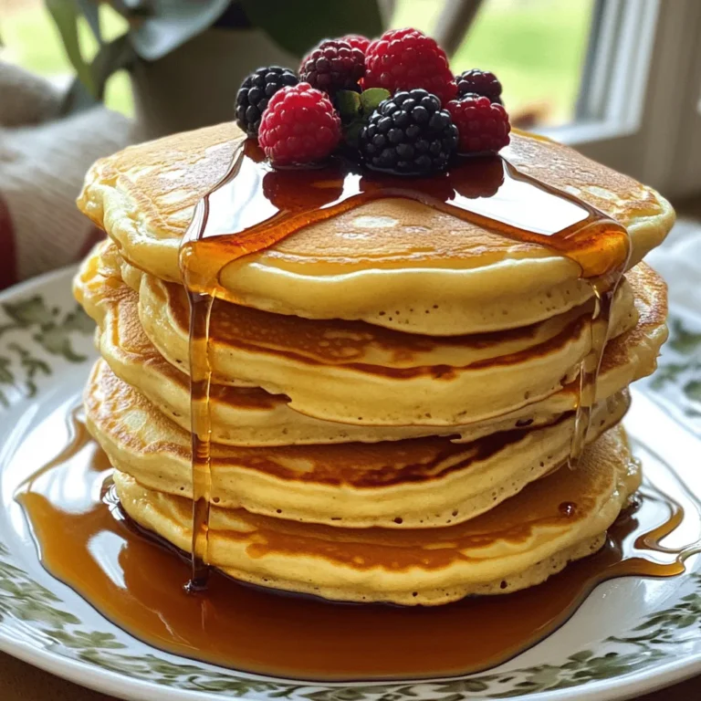 To make fluffy pancakes with maple syrup, gather these simple and tasty ingredients: - 1 cup all-purpose flour - 2 tablespoons granulated sugar - 1 tablespoon baking powder - 1/2 teaspoon salt - 1 cup whole milk - 1 large egg - 2 tablespoons melted butter (plus extra for cooking) - 1 teaspoon vanilla extract - Maple syrup, for serving - Fresh berries, for garnish (optional) These ingredients work together to create the light and airy texture you desire. Each one plays an important role in making your pancakes fluffy and delicious. For the best results, use fresh ingredients, especially the baking powder. It’s key for that lift. Once you have everything ready, you're set to create a delightful breakfast treat. Don’t forget to check out the Full Recipe to guide you through the steps! 1. First, sift together the dry ingredients: flour, sugar, baking powder, and salt. This helps mix them well and adds air. 2. In a separate bowl, whisk the wet ingredients: milk, egg, melted butter, and vanilla extract. Mix until smooth and creamy. 3. Pour the wet mix into the dry mix. Use a spatula to blend gently. Stop mixing once combined. Some lumps are okay. This keeps your pancakes fluffy. 1. Heat a non-stick skillet or griddle over medium heat. Add a bit of melted butter to grease it. 2. Pour 1/4 cup of batter onto the skillet for each pancake. Cook until bubbles form on top, about 2-3 minutes. 3. Flip the pancakes when the edges look set. Cook for another 2-3 minutes until golden brown. Adjust the heat to avoid burning. 1. Keep the finished pancakes warm in a low oven while cooking the rest. 2. Stack the pancakes high on a plate. Drizzle with warm maple syrup for a sweet touch. 3. Add fresh berries on top if you like. They add color and taste to your meal. For the full recipe, refer to the instructions above. Enjoy your fluffy pancakes with maple syrup! To make pancakes fluffy, avoid overmixing the batter. When you mix too much, the gluten in the flour forms, and the pancakes can turn tough. Mix just until the wet and dry ingredients come together. You want some lumps in the batter. Letting the batter rest is also key. After mixing, allow it to sit for about 10 minutes. This helps the baking powder work better and adds to the fluffiness of your pancakes. Control the cooking temperature carefully. A medium heat works best. If it's too hot, the pancakes can burn on the outside while staying raw inside. Use the right amount of butter to grease your skillet. Just a light coating will do. This helps the pancakes cook evenly and prevents sticking without adding too much fat. When choosing maple syrup, consider the type. Grade A syrup is lighter and milder, while Grade B has a stronger, richer flavor. Both are great, but they add different tastes to your pancakes. Explore various maple syrup flavors. Each type can enhance your breakfast. For example, some syrups have hints of caramel or vanilla, adding layers to your meal. You can even try infused syrups for a unique twist. Check out the Full Recipe for a delightful pancake experience! {{image_2}} You can make your pancakes even better by adding flavor. Here are two great choices: - Chocolate chips: Adding chocolate chips gives a sweet surprise in every bite. Use semi-sweet or dark chocolate for a richer taste. - Blueberries or other fruits: Fresh blueberries add a nice burst of flavor. You can also try raspberries or sliced bananas for a fruity twist. Want to change up your pancakes? Try different flours: - Whole wheat flour option: Use whole wheat flour for a healthier pancake. It adds fiber and a nutty taste. - Gluten-free flour choices: If you need gluten-free, use a blend made for baking. This keeps your pancakes light and fluffy. Serving pancakes can be fun. Here are some ideas: - Different toppings like whipped cream or nuts: Add whipped cream for a creamy touch. Chopped nuts give a nice crunch. - Savory options for pancake preparation: You can also make savory pancakes. Add cheese, herbs, or even cooked bacon to the batter for a unique meal. These variations let you enjoy fluffy pancakes in many delicious ways. Check out the Full Recipe for more details! When you have leftover pancakes, store them well. First, let them cool to room temperature. Then, place them in an airtight container. This keeps them fresh. You can also use wax paper between layers. This prevents them from sticking together. If you want to save pancakes for later, freezing works great. Wrap each pancake in plastic wrap. Then, place them in a freezer bag. Remove as much air as you can. They will stay fresh for about two months. To reheat your pancakes, the microwave is fast. Place a pancake on a microwave-safe plate. Heat it for 15 to 30 seconds. Check it often to avoid overcooking. For the best texture, use the oven. Preheat your oven to 350°F (175°C). Place pancakes on a baking sheet. Cover them with foil to keep them moist. Heat for about 10 minutes. This keeps them fluffy and warm. In the fridge, pancakes last for about three to four days. Keep them in an airtight container. In the freezer, they last up to two months. This gives you options for quick breakfasts. When you want tasty, fluffy pancakes anytime, storage is key. For the full recipe, check out Cloud-Like Fluffy Pancakes. To make pancakes fluffy, follow these key steps: - Use fresh baking powder; this helps create lift. - Don’t overmix the batter; a few lumps are okay. - Let the batter rest for about 10 minutes. This helps the pancakes rise better during cooking. Fluffy pancakes are all about the right mix of ingredients and techniques. When you combine wet and dry ingredients, mix gently. Overmixing can lead to tough pancakes. Resting the batter allows the baking powder time to work. Yes, you can make the batter ahead of time. - Prepare the batter and store it in the fridge for up to 24 hours. - Make sure to cover it well to keep it fresh. When you’re ready to cook, stir the batter gently before using it. You may need to add a splash of milk if it thickens too much in the fridge. Maple syrup is the classic choice for fluffy pancakes. - Grade A syrup is lighter and sweeter; it works well for breakfast. - Grade B syrup has a stronger flavor and is great for those who love a rich taste. You can also try flavored syrups like berry or caramel for a fun twist. Each syrup brings a unique taste to your pancakes, making them even more special. For more details, check the Full Recipe. You now have all you need to make delicious pancakes. We covered the key ingredients, step-by-step instructions, and helpful tips. Fluffy, tasty pancakes are within your reach. Remember to add your favorite flavors or toppings for a fun twist. With these guidelines, you can impress anyone at the breakfast table. Enjoy your cooking and savor every bite!