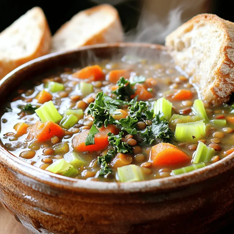 To make a tasty Easy Lentil Stew, you need the right ingredients. Here’s what you will need: - 1 cup green or brown lentils, rinsed - 2 tablespoons olive oil - 1 onion, finely chopped - 2 carrots, diced - 2 celery stalks, diced - 4 cloves garlic, minced - 1 teaspoon ground cumin - 1 teaspoon smoked paprika - 1 bay leaf - 4 cups vegetable broth - 1 can (14 oz) diced tomatoes - 1 cup kale or spinach, chopped - Salt and pepper to taste - Fresh parsley, for garnish Each ingredient plays a key role in making this stew flavorful and hearty. Lentils are the star of this dish. They are packed with protein and fiber. You can use green or brown lentils, both work great. The olive oil helps to sauté the vegetables, unlocking their natural sweetness. Onions, carrots, and celery form the classic base for many soups and stews. They add depth and flavor. Garlic brings a nice aroma. The cumin and smoked paprika add warmth and a smoky flavor. The bay leaf infuses the stew with a subtle earthiness. Vegetable broth adds richness. The diced tomatoes contribute acidity, balancing the flavors. Adding kale or spinach at the end gives the stew a fresh touch and a pop of color. Don't forget to season with salt and pepper! And finally, garnish with fresh parsley for a bright finish. You can find the Full Recipe for this hearty dish to guide you through the cooking process. Setting Up Your Cooking Space Start by gathering all your ingredients. Lay them out so you can see everything. This makes cooking easier. You will need a large pot, a cutting board, and a sharp knife. Having a tidy space helps you focus on the dish. Importance of Rinsing Lentils Rinsing lentils is key. It removes dust and small stones. Place the lentils in a fine mesh strainer. Rinse them under cool water for a few minutes. This step ensures your stew tastes clean and fresh. Sautéing the Vegetables In your pot, heat the olive oil over medium heat. Add the chopped onion, carrots, and celery. Sauté these for about 5 to 7 minutes. You want them to soften and release their flavors. This forms the base of your stew. Adding Spices and Lentils Once the vegetables are soft, stir in the minced garlic. Add ground cumin, smoked paprika, and the bay leaf. Cook for one minute until you smell the spices. Now, add the rinsed lentils, vegetable broth, and diced tomatoes. Stir well to combine. Simmering the Stew Bring this mixture to a boil. When it starts bubbling, reduce the heat to low. Cover the pot and let it simmer for 25 to 30 minutes. Check the lentils often. They should be tender but not mushy. Incorporating Greens With about 5 minutes left, add the chopped kale or spinach. Stir it in until it wilts. This adds color and nutrition to your stew. Adjusting Seasoning Before Serving Taste your stew before serving. Add salt and pepper as needed. Remove the bay leaf for a clean finish. Your Easy Lentil Stew is now ready! For the full recipe, refer to the previous section. To make your stew even better, try adding extra spices. A pinch of cayenne adds heat. For a smoky taste, consider adding a bit of chipotle powder. Fresh herbs like thyme or rosemary can also enhance flavor. Using homemade vegetable broth is another great choice. It adds depth and richness. You can easily make broth by simmering vegetable scraps with water. This gives your stew a unique, fresh taste. Sautéing is key to building flavor. Always start with high heat to soften your onions and veggies. Stir them often to avoid burning. This step unlocks the flavors in your ingredients. Cooking low and slow is very important for the best results. Once you add the lentils and broth, let it simmer gently. This allows the flavors to meld and the lentils to soften perfectly. Trust me, patience pays off here! Serve your stew in warm bowls for a cozy feel. Pair it with crusty bread for a satisfying meal. You can also add a dollop of yogurt or sour cream for creaminess. For a pop of color, garnish with freshly chopped parsley. This small touch makes the dish look inviting. A sprinkle of black pepper on top can also add a nice finishing touch. For the full recipe, check out the Hearty Vegetable Lentil Stew section! {{image_2}} Different Types of Lentils You can use many lentils for your stew. Green and brown lentils work well. They hold their shape and add a nice texture. Red lentils cook down and become creamy. You can also try black lentils for a unique twist. Each type brings a different flavor and look to your dish. Choosing Seasonal Vegetables Using seasonal vegetables makes your stew fresh and tasty. In spring, add asparagus or peas. In summer, use zucchini or bell peppers. Fall calls for root veggies like squash or sweet potatoes. In winter, consider hearty greens like kale and cabbage. These swaps keep your stew exciting and full of flavor. Adding Proteins like Sausage Want to boost the flavor? Try adding cooked sausage. It brings a savory kick to your stew. You can use turkey sausage for a lighter option or classic pork sausage for richness. Just slice and add it in with the veggies. This addition makes your stew heartier and more filling. Incorporating Different Herbs Herbs can change the taste of your stew. Fresh thyme or rosemary pairs well with lentils. They add a fragrant aroma. You can also use bay leaves for depth. For a fresh finish, stir in parsley or cilantro just before serving. These herbs enhance the overall flavor and make it more vibrant. Instant Pot Version Using an Instant Pot? You’ll save time! Sauté the veggies first, just like in the stovetop method. Then, add all other ingredients, including lentils, and set the pot to high pressure for 15 minutes. Let it release naturally for 10 minutes. You’ll have a delicious stew in no time! Slow Cooker Option For the slow cooker, add all the ingredients in the morning. Set it on low for 6-8 hours. The lentils will soak up all the flavors. You’ll come home to a warm and hearty meal. This method is perfect for busy days, allowing you to enjoy a great dinner without the rush. How long does Easy Lentil Stew last in the fridge? It can last for about 4 to 5 days. Store it in an airtight container. This keeps it fresh and tasty. What are the best containers for storage? Use glass or BPA-free plastic containers. They seal well and help prevent spills. Label the container with the date. This way, you know how long it's been in the fridge. What are the steps to freeze leftovers? First, let the stew cool down. Next, pour it into freezer-safe bags or containers. Leave some space at the top, as the stew will expand. Seal them tightly and label with the date. How do I reheat for the best results? Thaw the stew in the fridge overnight. You can heat it on the stove or in the microwave. Stir occasionally to ensure it heats evenly. Add a splash of broth if it seems thick. This keeps the texture smooth. For the full recipe, check out the Hearty Vegetable Lentil Stew. It's a warm hug in a bowl! Can I make this Easy Lentil Stew in advance? Yes, you can make this stew ahead of time. It actually tastes better the next day. Just let it cool and store it in the fridge. Reheat it on the stove or in the microwave when you're ready to eat. What can I serve with lentil stew? Lentil stew pairs well with crusty bread or a fresh salad. You can also serve it with rice or quinoa for added texture. A dollop of yogurt or a sprinkle of cheese adds a nice touch too. Can I use canned lentils instead? You can use canned lentils if you are short on time. Rinse them well and add them in the last few minutes of cooking. This way, they stay tender and hold their shape. What's a good substitute for vegetable broth? If you don't have vegetable broth, you can use water with a little salt. You can also use chicken broth if you want a different flavor. Just keep in mind it will change the dish slightly. Is lentil stew healthy? Yes, lentil stew is very healthy. Lentils are high in protein and fiber. They also provide essential vitamins and minerals. This stew is a great choice for a balanced meal. How many calories are in this recipe? This recipe has about 300 calories per serving. It can vary based on your specific ingredients. Using less oil or skipping the bread will lower the calorie count. This blog post provided a clear guide to making a delicious lentil stew. We covered essential ingredients, cooking steps, and tips to enhance flavor. I shared several variations to suit your taste and offer storage advice for leftovers. Lentil stew is a healthy meal that's easy to make and enjoy. Try these steps, tips, and variations to create your perfect dish. You'll love how simple and tasty it can be!