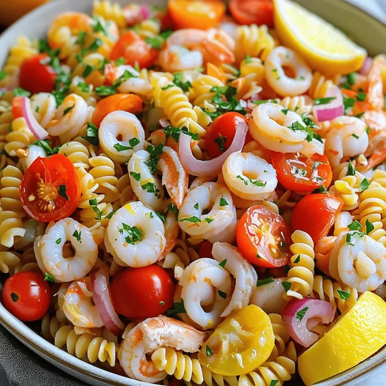 For this seafood pasta salad, you want a mix of tasty seafood. Here are my top picks: - 1 cup cooked shrimp, peeled and deveined - 1 cup calamari rings, cooked - 1 cup scallops, cooked and quartered Using these seafood options gives your salad a fresh and rich flavor. Each type provides a unique taste and texture. Shrimp adds sweetness, calamari offers a nice bite, and scallops bring a buttery richness. The pasta and veggies play a big role in this dish. I recommend: - 8 ounces fusilli pasta - 1 cup cherry tomatoes, halved - 1/2 cup red bell pepper, diced - 1/4 cup red onion, finely chopped - 1/4 cup black olives, sliced - 1/3 cup fresh parsley, chopped Fusilli pasta holds the dressing well. Cherry tomatoes add a pop of color and sweetness. The bell pepper and red onion give a nice crunch, while black olives add a salty bite. Fresh parsley brings brightness and a lovely aroma. The dressing ties everything together. You’ll need: - 1/4 cup olive oil - 2 tablespoons lemon juice - 1 teaspoon garlic powder - 1 teaspoon dried oregano - Salt and pepper to taste This dressing is zesty and light. Olive oil adds richness, while lemon juice brings brightness. Garlic powder and oregano add depth, enhancing the seafood’s flavor. Adjust salt and pepper to your liking for a perfect balance. For the full recipe, check out the Full Recipe section. To start, cook 8 ounces of fusilli pasta in boiling water. Follow the package instructions until the pasta is al dente. This means it should still have a bit of bite. Once done, drain the pasta in a colander. Rinse it under cold water to stop the cooking. This helps keep the pasta firm and fresh. Now, place the cooled pasta in a large bowl. Next, grab another bowl. Here, mix 1 cup of halved cherry tomatoes, 1 cup of cooked shrimp, 1 cup of cooked calamari rings, and 1 cup of cooked scallops. Add in 1/2 cup of diced red bell pepper, 1/4 cup of finely chopped red onion, and 1/4 cup of sliced black olives. Then, sprinkle in 1/3 cup of chopped fresh parsley. This colorful mix adds flavor and texture to the salad. In a small bowl, whisk together 1/4 cup of olive oil and 2 tablespoons of lemon juice. Add 1 teaspoon of garlic powder and 1 teaspoon of dried oregano. Season with salt and pepper to taste. Whisk until the dressing looks smooth and well-mixed. This tangy dressing will elevate the flavors of the salad. Now, pour the dressing over the seafood and vegetable mixture. Gently toss everything together to coat evenly. After that, add this mixture to the bowl with the cooled pasta. Toss gently again until all ingredients are well combined. Cover the bowl and refrigerate for at least 30 minutes. This allows the flavors to blend. For the full recipe, check out the details above. To make great seafood pasta salad, you must cook the pasta just right. I recommend using fusilli pasta. This shape holds the dressing well and mixes with the seafood nicely. Cook the pasta until it's al dente, which means it's firm to the bite. This keeps the pasta from getting mushy. After cooking, drain the pasta and rinse it under cold water. This stops the cooking process and cools the pasta quickly. Flavor is key in any dish, especially in seafood pasta salad. I love to use fresh ingredients like cherry tomatoes and herbs. They add color and taste. A mix of garlic powder and dried oregano in the dressing boosts the flavor. Don't forget to add a splash of lemon juice for a bright finish. Salt and pepper are also important; they help bring all the flavors together. How you serve the salad matters. I like to use a large, shallow bowl for a beautiful display. It allows the colorful ingredients to shine. Garnish with extra parsley on top for a fresh look. Lemon wedges on the side offer a pop of color and can be squeezed over the salad for added zing. These small touches make your seafood pasta salad not just tasty but also a feast for the eyes. For the full recipe, check out the Zesty Seafood Pasta Salad Extravaganza. {{image_2}} You can switch up the seafood in your pasta salad. Try using crab meat or lobster for a rich taste. Cooked mussels or clams also add a nice touch. Each type brings its unique flavor. Mix and match to find what you love. While fusilli creates a great base, other pasta shapes work well too. You could use penne, farfalle, or even spaghetti. Each shape holds onto the dressing differently. Choose what sounds good to you! For a vegan twist, swap seafood for plant-based proteins. Use chickpeas or marinated tofu for protein. You can also add more crunchy veggies like cucumber and carrots. A lemon-tahini dressing would taste great here. This way, everyone can enjoy a fresh, flavorful delight. Check out the Full Recipe for more options! To keep your seafood pasta salad fresh, store it in an airtight container. This will keep out air and moisture. Place the salad in the fridge right after serving. It stays good for up to three days. If you notice any changes in color or smell, toss it out. Freezing is not the best option for seafood pasta salad. The texture of seafood changes when frozen and thawed. If you must freeze it, use a freezer-safe container. It can last for up to a month. When ready to eat, thaw it overnight in the fridge. Check for any off smells before serving. When you reheat, do it gently. Use the microwave or a stovetop. Heat only what you plan to eat. Seafood can become tough if heated too long. If it's cold, you can enjoy it straight from the fridge. The flavors will still be great! For the full recipe, check out the Zesty Seafood Pasta Salad Extravaganza. You can make this pasta salad a day before. Just follow the full recipe, and store it in the fridge. The flavors will mix well overnight. Before serving, give it a good stir. If it looks dry, add a little olive oil or lemon juice. The best seafood for a pasta salad is shrimp, scallops, and calamari. These options provide great taste and texture. You can also try crab or lobster for a twist. Make sure the seafood is cooked well and cut into bite-sized pieces. Yes, you can switch up the dressing. A creamy dressing, like ranch or Caesar, works well too. You can even make a simple vinaigrette with vinegar and mustard. Just make sure your dressing complements the seafood and veggies. Seafood pasta salad lasts about three days in the fridge. Keep it in an airtight container to maintain freshness. If you notice any off smells or changes in texture, it's best to discard it. In this blog post, we explored key seafood, pasta, and vegetable choices. You learned how to prepare these ingredients, create a tasty dressing, and mix everything together. I shared tips for cooking perfect pasta and enhancing flavors, plus fun presentation ideas. You also discovered variations, storage tips, and answers to common questions. Overall, seafood pasta salad is flexible, tasty, and perfect for any meal. Enjoy your cooking, and don’t hesitate to experiment with new flavors!