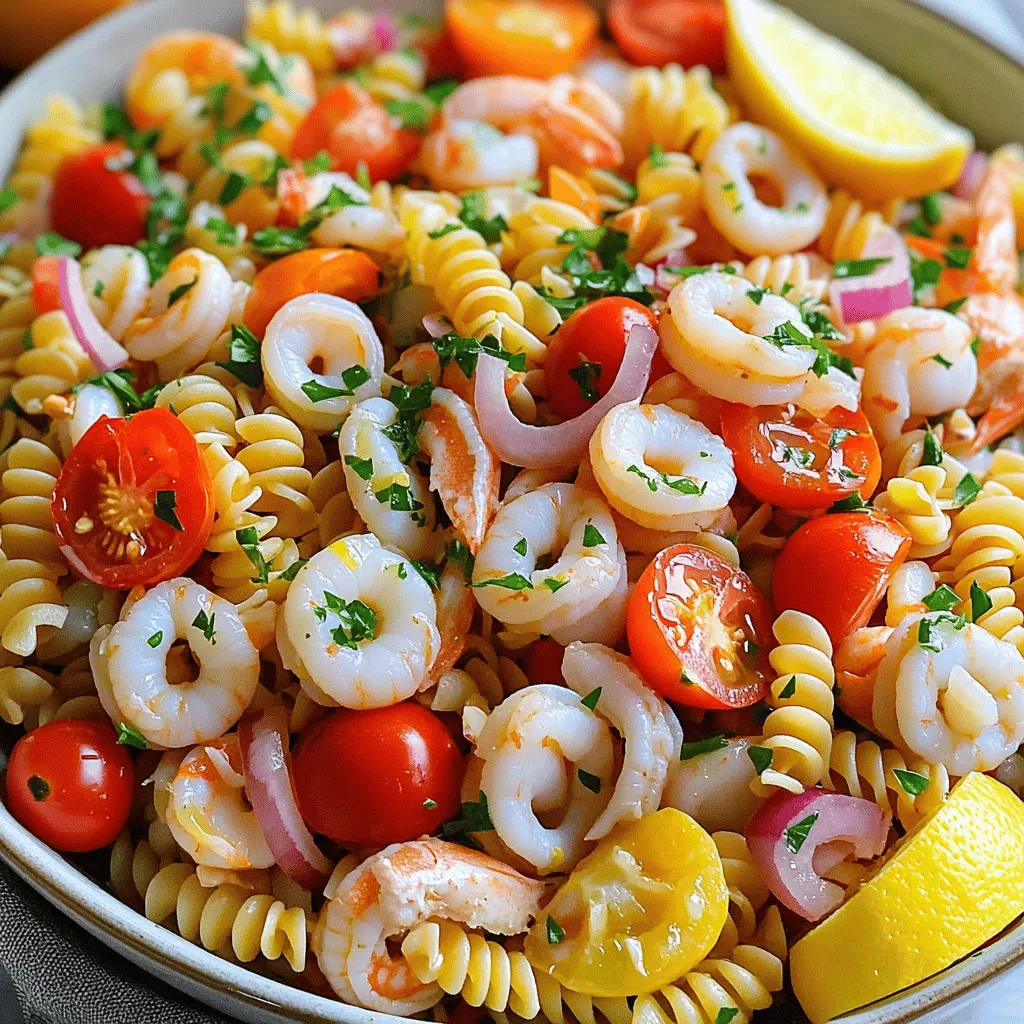 For this seafood pasta salad, you want a mix of tasty seafood. Here are my top picks: - 1 cup cooked shrimp, peeled and deveined - 1 cup calamari rings, cooked - 1 cup scallops, cooked and quartered Using these seafood options gives your salad a fresh and rich flavor. Each type provides a unique taste and texture. Shrimp adds sweetness, calamari offers a nice bite, and scallops bring a buttery richness. The pasta and veggies play a big role in this dish. I recommend: - 8 ounces fusilli pasta - 1 cup cherry tomatoes, halved - 1/2 cup red bell pepper, diced - 1/4 cup red onion, finely chopped - 1/4 cup black olives, sliced - 1/3 cup fresh parsley, chopped Fusilli pasta holds the dressing well. Cherry tomatoes add a pop of color and sweetness. The bell pepper and red onion give a nice crunch, while black olives add a salty bite. Fresh parsley brings brightness and a lovely aroma. The dressing ties everything together. You’ll need: - 1/4 cup olive oil - 2 tablespoons lemon juice - 1 teaspoon garlic powder - 1 teaspoon dried oregano - Salt and pepper to taste This dressing is zesty and light. Olive oil adds richness, while lemon juice brings brightness. Garlic powder and oregano add depth, enhancing the seafood’s flavor. Adjust salt and pepper to your liking for a perfect balance. For the full recipe, check out the Full Recipe section. To start, cook 8 ounces of fusilli pasta in boiling water. Follow the package instructions until the pasta is al dente. This means it should still have a bit of bite. Once done, drain the pasta in a colander. Rinse it under cold water to stop the cooking. This helps keep the pasta firm and fresh. Now, place the cooled pasta in a large bowl. Next, grab another bowl. Here, mix 1 cup of halved cherry tomatoes, 1 cup of cooked shrimp, 1 cup of cooked calamari rings, and 1 cup of cooked scallops. Add in 1/2 cup of diced red bell pepper, 1/4 cup of finely chopped red onion, and 1/4 cup of sliced black olives. Then, sprinkle in 1/3 cup of chopped fresh parsley. This colorful mix adds flavor and texture to the salad. In a small bowl, whisk together 1/4 cup of olive oil and 2 tablespoons of lemon juice. Add 1 teaspoon of garlic powder and 1 teaspoon of dried oregano. Season with salt and pepper to taste. Whisk until the dressing looks smooth and well-mixed. This tangy dressing will elevate the flavors of the salad. Now, pour the dressing over the seafood and vegetable mixture. Gently toss everything together to coat evenly. After that, add this mixture to the bowl with the cooled pasta. Toss gently again until all ingredients are well combined. Cover the bowl and refrigerate for at least 30 minutes. This allows the flavors to blend. For the full recipe, check out the details above. To make great seafood pasta salad, you must cook the pasta just right. I recommend using fusilli pasta. This shape holds the dressing well and mixes with the seafood nicely. Cook the pasta until it's al dente, which means it's firm to the bite. This keeps the pasta from getting mushy. After cooking, drain the pasta and rinse it under cold water. This stops the cooking process and cools the pasta quickly. Flavor is key in any dish, especially in seafood pasta salad. I love to use fresh ingredients like cherry tomatoes and herbs. They add color and taste. A mix of garlic powder and dried oregano in the dressing boosts the flavor. Don't forget to add a splash of lemon juice for a bright finish. Salt and pepper are also important; they help bring all the flavors together. How you serve the salad matters. I like to use a large, shallow bowl for a beautiful display. It allows the colorful ingredients to shine. Garnish with extra parsley on top for a fresh look. Lemon wedges on the side offer a pop of color and can be squeezed over the salad for added zing. These small touches make your seafood pasta salad not just tasty but also a feast for the eyes. For the full recipe, check out the Zesty Seafood Pasta Salad Extravaganza. {{image_2}} You can switch up the seafood in your pasta salad. Try using crab meat or lobster for a rich taste. Cooked mussels or clams also add a nice touch. Each type brings its unique flavor. Mix and match to find what you love. While fusilli creates a great base, other pasta shapes work well too. You could use penne, farfalle, or even spaghetti. Each shape holds onto the dressing differently. Choose what sounds good to you! For a vegan twist, swap seafood for plant-based proteins. Use chickpeas or marinated tofu for protein. You can also add more crunchy veggies like cucumber and carrots. A lemon-tahini dressing would taste great here. This way, everyone can enjoy a fresh, flavorful delight. Check out the Full Recipe for more options! To keep your seafood pasta salad fresh, store it in an airtight container. This will keep out air and moisture. Place the salad in the fridge right after serving. It stays good for up to three days. If you notice any changes in color or smell, toss it out. Freezing is not the best option for seafood pasta salad. The texture of seafood changes when frozen and thawed. If you must freeze it, use a freezer-safe container. It can last for up to a month. When ready to eat, thaw it overnight in the fridge. Check for any off smells before serving. When you reheat, do it gently. Use the microwave or a stovetop. Heat only what you plan to eat. Seafood can become tough if heated too long. If it's cold, you can enjoy it straight from the fridge. The flavors will still be great! For the full recipe, check out the Zesty Seafood Pasta Salad Extravaganza. You can make this pasta salad a day before. Just follow the full recipe, and store it in the fridge. The flavors will mix well overnight. Before serving, give it a good stir. If it looks dry, add a little olive oil or lemon juice. The best seafood for a pasta salad is shrimp, scallops, and calamari. These options provide great taste and texture. You can also try crab or lobster for a twist. Make sure the seafood is cooked well and cut into bite-sized pieces. Yes, you can switch up the dressing. A creamy dressing, like ranch or Caesar, works well too. You can even make a simple vinaigrette with vinegar and mustard. Just make sure your dressing complements the seafood and veggies. Seafood pasta salad lasts about three days in the fridge. Keep it in an airtight container to maintain freshness. If you notice any off smells or changes in texture, it's best to discard it. In this blog post, we explored key seafood, pasta, and vegetable choices. You learned how to prepare these ingredients, create a tasty dressing, and mix everything together. I shared tips for cooking perfect pasta and enhancing flavors, plus fun presentation ideas. You also discovered variations, storage tips, and answers to common questions. Overall, seafood pasta salad is flexible, tasty, and perfect for any meal. Enjoy your cooking, and don’t hesitate to experiment with new flavors!