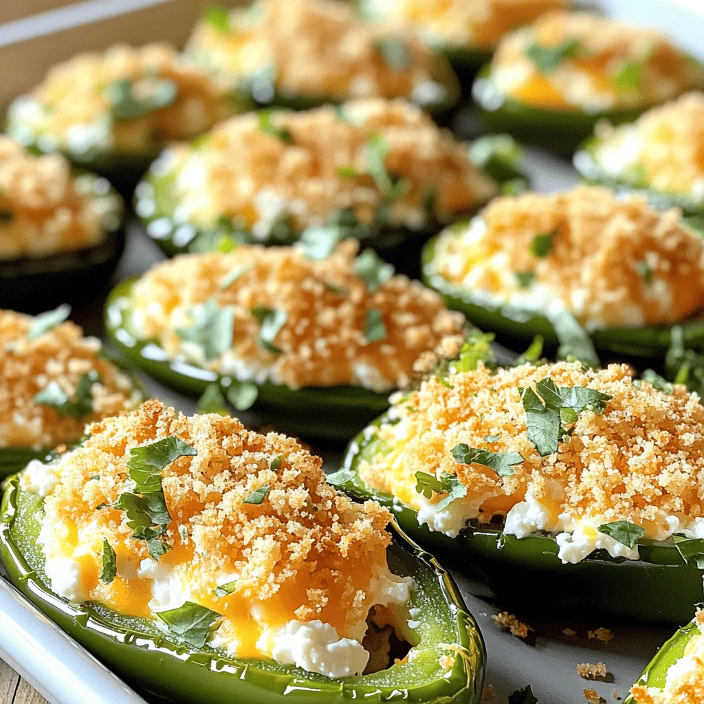 To make the best jalapeño poppers, gather these key items: - 12 fresh jalapeño peppers, halved and deseeded - 8 oz cream cheese, softened - 1 cup shredded sharp cheddar cheese - ½ cup crumbled feta cheese - 2 cloves garlic, minced - 1 teaspoon smoked paprika - ½ teaspoon black pepper - ½ teaspoon salt - ½ cup breadcrumbs - 2 tablespoons olive oil - Fresh cilantro or parsley for garnish These ingredients create a creamy and spicy filling. The cream cheese adds richness, while cheddar gives a nice bite. Feta cheese adds a hint of saltiness, making each popper burst with flavor. You can customize your poppers with some fun add-ins. Here are a few ideas: - Cooked bacon bits for added crunch and flavor. - Chopped green onions for a fresh taste. - Different cheeses like pepper jack for extra heat. - Black beans for a heartier filling. If you're out of jalapeños, try using mini sweet peppers. They are milder and still delicious. Having the right tools makes cooking easier. For jalapeño poppers, I recommend: - A mixing bowl for your filling. - A baking sheet lined with parchment paper. - A sharp knife for slicing jalapeños. - A spoon for stuffing the peppers. - An oven to get them perfectly crispy. Using the right tools helps ensure your poppers turn out great. You can find the full recipe here to guide you through each step. To make the best jalapeño poppers, start by preheating your oven to 375°F (190°C). Next, grab a mixing bowl. Combine the softened cream cheese, shredded cheddar cheese, crumbled feta cheese, minced garlic, smoked paprika, black pepper, and salt. Mix these until smooth and creamy. Take your halved jalapeños and stuff each one with the cheese mixture. Fill them generously for a tasty bite. In another bowl, mix breadcrumbs with olive oil. This makes them crunchy. Sprinkle this mixture over each stuffed jalapeño. Place them on a baking sheet lined with parchment paper. Bake in the oven for 20-25 minutes. You want the jalapeños soft and the tops golden. Once done, let them cool for a few minutes. Finally, add fresh cilantro or parsley for a pop of color. For perfect texture, make sure your cream cheese is soft. This helps in mixing and stuffing. Don’t skip the breadcrumbs! They add a nice crunch on top. Watch your baking time closely. If you bake them too long, they'll become mushy. If you want them extra crispy, turn on the broiler for the last minute. Just keep an eye on them to avoid burning. When serving jalapeño poppers, think about colors and flavors. Arrange them on a bright platter. Add a few lime wedges on the side for zest. You can also serve them with a small bowl of ranch or salsa for dipping. For a fun twist, place them on a wooden board with fresh herbs. This makes your poppers look gourmet and inviting. Enjoy your flavorful and fun snack! When choosing jalapeños, look for firm peppers. They should have a bright green color. Avoid any that feel soft or have dark spots. Fresh jalapeños have a shiny skin. A fresh pepper should feel heavy for its size. You can also smell them. A good jalapeño has a spicy scent. To stuff your jalapeños well, use a small spoon. Fill each half with your cheese mix. Make sure to pack it tight but don’t overfill. The cheese should not spill out while cooking. You can also use a piping bag for a neater look. This trick helps to keep everything tidy. For milder poppers, remove all seeds and membranes. These parts hold most of the heat. You can also mix in some sour cream or yogurt with the cheese. This will tone down the spice. If you like heat, leave some seeds in. Experiment until you find your perfect balance. {{image_2}} You can change the cheese to suit your taste. Try mozzarella for a gooey texture. For a stronger flavor, use pepper jack. Goat cheese adds a tangy twist. Mix and match cheeses for fun surprises! If you love heat, choose fresh jalapeños with stems. The seeds hold most spice. For milder poppers, use poblano peppers instead. You can also soak jalapeños in water to tone down the heat. Adjust the spice to fit your crowd's taste. You can make jalapeño poppers without meat or dairy. Use a mix of vegan cream cheese and nutritional yeast. For extra flavor, add chopped spinach or artichokes. This way, everyone can enjoy this tasty snack! For the full recipe, check out the Spicy Cheesy Jalapeño Poppers . To keep your jalapeño poppers fresh, let them cool first. Place them in an airtight container. They will stay good in the fridge for up to three days. Make sure to separate layers with parchment paper. This helps them stay crispy. When you're ready to enjoy leftovers, preheat your oven to 350°F (175°C). Spread the poppers on a baking sheet. Heat them for about 10-15 minutes. This keeps the cheese melty and the jalapeños tender. You can also use an air fryer. Set it to 350°F (175°C) and cook for about 5-7 minutes for a quick reheat. If you want to save jalapeño poppers for later, freezing is a great option! Place the cooked poppers on a baking sheet. Freeze them for about an hour until firm. Then, pack them in a freezer-safe bag. They can last up to three months in the freezer. To cook from frozen, bake them at 375°F (190°C) for 25-30 minutes. Enjoy the spicy, cheesy goodness anytime! Check the full recipe for more details. The best jalapeño poppers come from brands that focus on quality. Look for poppers made with fresh ingredients. Check for brands that use real cheese and avoid fillers. I recommend trying local shops or farmers' markets. You can also find tasty frozen options in stores. Just read the label to ensure quality. Always choose poppers that have a good balance of spice and cheese. Yes, you can make jalapeño poppers ahead of time. Prepare the filling and stuff the jalapeños. Then, cover them well and store them in the fridge. They can stay fresh for up to a day. When you're ready to bake, place them in the oven straight from the fridge. This saves time and gives you a tasty snack when you need it. Jalapeño poppers have roots in Tex-Mex cuisine. These tasty bites became popular in the 1980s. Cooks started stuffing jalapeños with cheese and other fillings. Over time, they grew in fame across the United States. People love them for their spicy kick and creamy filling. Today, they appear at parties and gatherings everywhere. For a full recipe, check out the Spicy Cheesy Jalapeño Poppers recipe! Jalapeño poppers are tasty snacks. We covered key ingredients, cooking steps, and fun ideas. You learned how to pick juicy jalapeños and stuff them right. We also shared ways to mix up the cheese. Remember to store leftovers properly for later. Enjoy making these poppers for friends and family. Try all the tips to make your snacks great. Happy cooking!