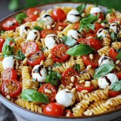 - 8 oz. pasta (fusilli or penne) - 1 cup cherry tomatoes, halved - 1 cup fresh mozzarella balls, halved - 1 cup fresh basil leaves, roughly chopped - 1/4 cup extra virgin olive oil - 2 tablespoons balsamic vinegar - Salt and pepper to taste - 1 tablespoon honey - 1/4 cup pine nuts, toasted (optional) When making Caprese pasta salad, fresh ingredients make a big difference. The pasta should be cooked al dente. This gives it the right texture. Cherry tomatoes add a burst of flavor. Halved fresh mozzarella balls bring creaminess. The basil leaves add a lovely aroma. Together, these ingredients create a fresh and tasty dish. With extra virgin olive oil and balsamic vinegar, you get a rich dressing. Honey balances the acidity perfectly. Salt and pepper enhance all the flavors. Toasted pine nuts add a nice crunch. You can skip them if you want. For a complete guide, check the Full Recipe. Each ingredient works together to make this salad shine! To make Caprese pasta salad, start by cooking the pasta. Boil water in a large pot. Add 8 oz. of pasta and cook until it is al dente. This usually takes about 8 to 10 minutes. Drain it and rinse with cold water to stop cooking. This step helps keep the pasta firm. Next, prepare the fresh ingredients. Halve 1 cup of cherry tomatoes and 1 cup of fresh mozzarella balls. You want these pieces to be bite-sized. Then, chop 1 cup of fresh basil leaves roughly. This adds a fragrant touch. Now, it’s time to mix the salad. In a large bowl, combine the cooked pasta, halved tomatoes, and mozzarella. Then, add the chopped basil to the bowl. To make the dressing, whisk together 1/4 cup of extra virgin olive oil, 2 tablespoons of balsamic vinegar, 1 tablespoon of honey, and salt and pepper. This mixture brings a sweet and tangy flavor. Drizzle this dressing over the salad. Toss gently to coat all the ingredients evenly. Let the salad sit for about 15 minutes at room temperature. This allows the flavors to blend. It makes each bite more delicious. For balancing flavors, taste the salad after it sits. You can add more salt, pepper, or a splash of olive oil. If you want extra crunch, sprinkle 1/4 cup of toasted pine nuts on top. This adds a nice texture and flavor. Enjoy your Caprese pasta salad fresh and vibrant! For the full recipe, check out the details above. - Overcooking pasta: Keep an eye on the pasta. Cook it until it is al dente. This means it should have a little bite to it. - Not using fresh ingredients: Fresh basil, tomatoes, and mozzarella make a big difference. Use the best quality you can find for great taste. - Importance of letting flavors meld: After mixing, let the salad sit for 15 minutes. This time allows the flavors to blend. It makes each bite taste better. - Using high-quality olive oil and balsamic vinegar: Don’t skimp here! Good olive oil adds richness. A fine balsamic vinegar brings a sweet tang that enhances the whole dish. - Presentation tips: Serve in a large bowl or individual portions. Garnish with fresh basil leaves and a balsamic drizzle for a lovely look. - Pairing with other dishes: This salad goes well with grilled meats or seafood. It also pairs nicely with crusty bread for a full meal. For the complete recipe, check out the Full Recipe section! {{image_2}} You can easily change your Caprese pasta salad to fit your taste. Adding proteins can make the dish heartier. Try grilled chicken for a mild flavor or shrimp for a seafood twist. Both options add a nice protein boost. You can also switch up the veggies. Avocado adds creaminess, while bell peppers bring a sweet crunch. These small changes create a unique spin on the classic recipe. If you need gluten-free options, use gluten-free pasta. Many brands offer excellent alternatives that taste great. For a vegan version, swap fresh mozzarella with vegan cheese or tofu. You can also skip the cheese entirely and still enjoy a fresh salad. These swaps ensure everyone can enjoy this dish. Caprese pasta salad can change with the seasons. In spring, add asparagus or peas for brightness. Summer is perfect for sweet corn or zucchini. In fall, roasted butternut squash adds warmth. Winter allows for hearty greens like kale or spinach. Always try to use local produce. This not only supports farmers but also gives your salad the freshest flavors. To keep your Caprese pasta salad fresh, start by using an airtight container. This prevents air from spoiling the ingredients. Make sure the salad is cool before sealing the container. If you have extra dressing, store it separately. This keeps the pasta from getting soggy. You can serve this salad cold or at room temperature. If you want to warm it, use the microwave. Heat in short bursts, about 15 seconds. Stir the salad gently between bursts to avoid hot spots. This method helps maintain texture without cooking the fresh ingredients. Your Caprese pasta salad lasts about 3 days in the fridge. Keep an eye on the tomatoes and basil, as they spoil first. Signs of spoilage include a slimy texture, off smells, or discoloration. If you notice any of these signs, it’s best to toss the salad. Enjoy your meal knowing you can make it last with these simple tips! For the complete dish, check the Full Recipe. Caprese Pasta Salad is a fresh dish that mixes pasta, tomatoes, mozzarella, and basil. It brings together classic Caprese flavors in a new way. The salad is colorful and tasty, making it a hit for any meal. Yes, you can prepare Caprese Pasta Salad ahead of time. Cook the pasta and cool it. Mix the other ingredients in a bowl, but add the dressing just before serving. This keeps the salad fresh and crunchy. Store it in the fridge for up to two days. You can add many things for extra flavor! Here are some ideas: - Grilled chicken for protein - Avocado for creaminess - Bell peppers for crunch - Olives for brininess - Pesto for a herby twist You can also try different dressings like Italian or lemon vinaigrette. Yes, Caprese Pasta Salad can be healthy. It has fresh veggies, healthy fats, and protein. Here’s a quick breakdown: - Calories: About 250 per serving - Fats: Healthy fats from olive oil - Proteins: Protein from mozzarella - Carbs: Carbs from pasta This salad is also a good source of vitamins and minerals. To make Caprese Pasta Salad gluten-free, use gluten-free pasta. Many options are available, like rice or chickpea pasta. Also, check labels for other ingredients, like dressings, to ensure they are gluten-free. Caprese Pasta Salad is best served cold. The flavors blend well when chilled. If you prefer it warm, serve it right after mixing. Just keep in mind that the texture may change. Enjoy it however you like! For the full recipe, check out the Caprese Pasta Salad with a Balsamic Drizzle. This Caprese Pasta Salad is a tasty, simple dish. You learned the best ingredients and how to mix them. I shared tips to avoid mistakes and enhance flavors. You can also customize the salad to fit your tastes. Remember, using fresh ingredients makes all the difference. Store leftovers properly to keep them fresh. Enjoy your delicious creation and make it again for friends! This dish can be healthy and fun with many options. Now, it's time to get cooking!