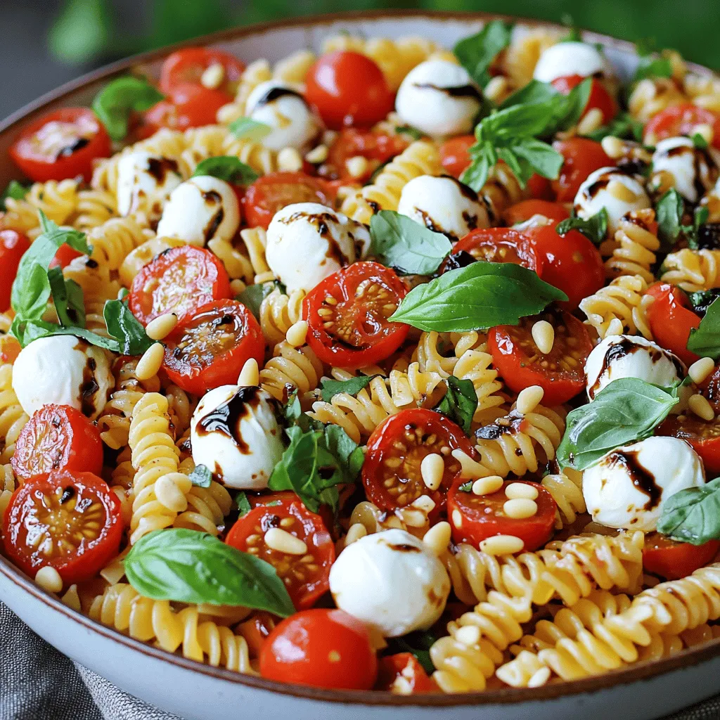 - 8 oz. pasta (fusilli or penne) - 1 cup cherry tomatoes, halved - 1 cup fresh mozzarella balls, halved - 1 cup fresh basil leaves, roughly chopped - 1/4 cup extra virgin olive oil - 2 tablespoons balsamic vinegar - Salt and pepper to taste - 1 tablespoon honey - 1/4 cup pine nuts, toasted (optional) When making Caprese pasta salad, fresh ingredients make a big difference. The pasta should be cooked al dente. This gives it the right texture. Cherry tomatoes add a burst of flavor. Halved fresh mozzarella balls bring creaminess. The basil leaves add a lovely aroma. Together, these ingredients create a fresh and tasty dish. With extra virgin olive oil and balsamic vinegar, you get a rich dressing. Honey balances the acidity perfectly. Salt and pepper enhance all the flavors. Toasted pine nuts add a nice crunch. You can skip them if you want. For a complete guide, check the Full Recipe. Each ingredient works together to make this salad shine! To make Caprese pasta salad, start by cooking the pasta. Boil water in a large pot. Add 8 oz. of pasta and cook until it is al dente. This usually takes about 8 to 10 minutes. Drain it and rinse with cold water to stop cooking. This step helps keep the pasta firm. Next, prepare the fresh ingredients. Halve 1 cup of cherry tomatoes and 1 cup of fresh mozzarella balls. You want these pieces to be bite-sized. Then, chop 1 cup of fresh basil leaves roughly. This adds a fragrant touch. Now, it’s time to mix the salad. In a large bowl, combine the cooked pasta, halved tomatoes, and mozzarella. Then, add the chopped basil to the bowl. To make the dressing, whisk together 1/4 cup of extra virgin olive oil, 2 tablespoons of balsamic vinegar, 1 tablespoon of honey, and salt and pepper. This mixture brings a sweet and tangy flavor. Drizzle this dressing over the salad. Toss gently to coat all the ingredients evenly. Let the salad sit for about 15 minutes at room temperature. This allows the flavors to blend. It makes each bite more delicious. For balancing flavors, taste the salad after it sits. You can add more salt, pepper, or a splash of olive oil. If you want extra crunch, sprinkle 1/4 cup of toasted pine nuts on top. This adds a nice texture and flavor. Enjoy your Caprese pasta salad fresh and vibrant! For the full recipe, check out the details above. - Overcooking pasta: Keep an eye on the pasta. Cook it until it is al dente. This means it should have a little bite to it. - Not using fresh ingredients: Fresh basil, tomatoes, and mozzarella make a big difference. Use the best quality you can find for great taste. - Importance of letting flavors meld: After mixing, let the salad sit for 15 minutes. This time allows the flavors to blend. It makes each bite taste better. - Using high-quality olive oil and balsamic vinegar: Don’t skimp here! Good olive oil adds richness. A fine balsamic vinegar brings a sweet tang that enhances the whole dish. - Presentation tips: Serve in a large bowl or individual portions. Garnish with fresh basil leaves and a balsamic drizzle for a lovely look. - Pairing with other dishes: This salad goes well with grilled meats or seafood. It also pairs nicely with crusty bread for a full meal. For the complete recipe, check out the Full Recipe section! {{image_2}} You can easily change your Caprese pasta salad to fit your taste. Adding proteins can make the dish heartier. Try grilled chicken for a mild flavor or shrimp for a seafood twist. Both options add a nice protein boost. You can also switch up the veggies. Avocado adds creaminess, while bell peppers bring a sweet crunch. These small changes create a unique spin on the classic recipe. If you need gluten-free options, use gluten-free pasta. Many brands offer excellent alternatives that taste great. For a vegan version, swap fresh mozzarella with vegan cheese or tofu. You can also skip the cheese entirely and still enjoy a fresh salad. These swaps ensure everyone can enjoy this dish. Caprese pasta salad can change with the seasons. In spring, add asparagus or peas for brightness. Summer is perfect for sweet corn or zucchini. In fall, roasted butternut squash adds warmth. Winter allows for hearty greens like kale or spinach. Always try to use local produce. This not only supports farmers but also gives your salad the freshest flavors. To keep your Caprese pasta salad fresh, start by using an airtight container. This prevents air from spoiling the ingredients. Make sure the salad is cool before sealing the container. If you have extra dressing, store it separately. This keeps the pasta from getting soggy. You can serve this salad cold or at room temperature. If you want to warm it, use the microwave. Heat in short bursts, about 15 seconds. Stir the salad gently between bursts to avoid hot spots. This method helps maintain texture without cooking the fresh ingredients. Your Caprese pasta salad lasts about 3 days in the fridge. Keep an eye on the tomatoes and basil, as they spoil first. Signs of spoilage include a slimy texture, off smells, or discoloration. If you notice any of these signs, it’s best to toss the salad. Enjoy your meal knowing you can make it last with these simple tips! For the complete dish, check the Full Recipe. Caprese Pasta Salad is a fresh dish that mixes pasta, tomatoes, mozzarella, and basil. It brings together classic Caprese flavors in a new way. The salad is colorful and tasty, making it a hit for any meal. Yes, you can prepare Caprese Pasta Salad ahead of time. Cook the pasta and cool it. Mix the other ingredients in a bowl, but add the dressing just before serving. This keeps the salad fresh and crunchy. Store it in the fridge for up to two days. You can add many things for extra flavor! Here are some ideas: - Grilled chicken for protein - Avocado for creaminess - Bell peppers for crunch - Olives for brininess - Pesto for a herby twist You can also try different dressings like Italian or lemon vinaigrette. Yes, Caprese Pasta Salad can be healthy. It has fresh veggies, healthy fats, and protein. Here’s a quick breakdown: - Calories: About 250 per serving - Fats: Healthy fats from olive oil - Proteins: Protein from mozzarella - Carbs: Carbs from pasta This salad is also a good source of vitamins and minerals. To make Caprese Pasta Salad gluten-free, use gluten-free pasta. Many options are available, like rice or chickpea pasta. Also, check labels for other ingredients, like dressings, to ensure they are gluten-free. Caprese Pasta Salad is best served cold. The flavors blend well when chilled. If you prefer it warm, serve it right after mixing. Just keep in mind that the texture may change. Enjoy it however you like! For the full recipe, check out the Caprese Pasta Salad with a Balsamic Drizzle. This Caprese Pasta Salad is a tasty, simple dish. You learned the best ingredients and how to mix them. I shared tips to avoid mistakes and enhance flavors. You can also customize the salad to fit your tastes. Remember, using fresh ingredients makes all the difference. Store leftovers properly to keep them fresh. Enjoy your delicious creation and make it again for friends! This dish can be healthy and fun with many options. Now, it's time to get cooking!
