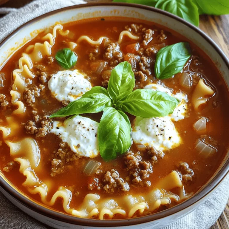 - 1 lb ground beef or Italian sausage - 1 medium onion, chopped - 3 cloves garlic, minced - 1 can (28 oz) crushed tomatoes - 4 cups beef broth - 2 teaspoons dried basil - 1 teaspoon dried oregano - 1 teaspoon salt - ½ teaspoon black pepper These main ingredients create a rich and hearty base for the soup. Ground beef or sausage gives it depth. The onion and garlic add sweetness and aroma. Crushed tomatoes bring acidity and color, while beef broth provides a savory backdrop. The herbs and spices tie everything together, making each bite flavorful. - 1 cup ricotta cheese - 1 cup shredded mozzarella cheese - ½ cup grated Parmesan cheese - 8 lasagna noodles, broken into pieces Cheese is a key part of lasagna soup. Ricotta adds creaminess, while mozzarella melts beautifully on top. Parmesan gives a salty bite that balances the dish. The lasagna noodles, broken into pieces, mimic the traditional dish while soaking up all the flavors. - Fresh basil leaves for garnish - Possible substitutions like turkey or vegetable broth You can customize your soup with fresh basil for a pop of color and taste. If you want a lighter option, consider using ground turkey. For a vegetarian version, swap beef broth with vegetable broth. These changes let you enjoy lasagna soup in different ways, making it your own. For the complete recipe, check out the [Full Recipe]. To make Easy Lasagna Soup, follow these steps carefully. They will help you create a tasty meal. 1. Sautéing onions and garlic: Heat a splash of olive oil in a large pot over medium heat. Add the chopped onion. Cook it for about five minutes until it turns soft and clear. Then, add the minced garlic. Cook it for one more minute. The smell will be amazing! 2. Browning the meat and draining fat: Stir in the ground beef or Italian sausage. Break it apart with a wooden spoon. Cook it until it is brown all over. If there is extra fat in the pot, drain it out. This keeps the soup light and flavorful. 1. Adding tomatoes and broth: Pour in the crushed tomatoes and beef broth. Stir everything together. The mixture will look rich and colorful. 2. Seasoning the soup: Now, add the dried basil, oregano, salt, and black pepper. Mix well. This will give the soup a warm, comforting flavor. Bring the pot to a boil, then lower the heat. Let it simmer for about ten minutes. 1. How long to cook lasagna noodles: Take the broken lasagna noodles and add them to the pot. Cook them for about ten to twelve minutes. You want them to be tender but not mushy. 2. Tips for achieving the right texture: Stir the noodles a few times while they cook. This helps them not stick together. Keep an eye on them. You can taste one to check if it is just right. Now you're ready to enjoy a warm bowl of Easy Lasagna Soup! For the complete instructions and ingredients, check the Full Recipe. To make your easy lasagna soup truly pop with flavor, focus on building layers. Start by cooking your onions and garlic until soft. This step gives your soup a rich base. Avoid mushy noodles by adding them at the right time. Break the lasagna noodles into smaller pieces. This helps them cook evenly. Add them in the last 10 minutes of cooking. This ensures they stay firm and not overcooked. Pair your lasagna soup with some fresh bread. Garlic bread or a simple side salad works well. They add crunch and balance the dish. For the perfect cheese topping, use a mix of cheeses. Ricotta, mozzarella, and Parmesan blend nicely. Add a spoonful of ricotta on top when serving. Then sprinkle mozzarella and Parmesan for that gooey finish. To make ahead, prepare the soup but don’t add the noodles. Store the soup in the fridge for up to three days. When ready to eat, reheat it on the stove. Add noodles and cook until tender. Use airtight containers for storage. Glass or plastic containers work great. They help keep your soup fresh. If you want to freeze it, leave out the noodles. This keeps the texture nice. Reheat and add noodles when ready to enjoy your meal. {{image_2}} You can easily change the recipe to fit your needs. If you need gluten-free options, swap regular lasagna noodles for gluten-free ones. Many brands offer these now. They work just as well in the soup. For those who prefer a vegetarian dish, consider adding more veggies. Spinach, mushrooms, or zucchini can all add great flavor. You can also use beans for protein. They will make your soup hearty and filling. Want to spice things up? Add red pepper flakes to your soup. This small touch can lift the flavor to new heights. Start with a pinch and add more as you like. You can also play with herbs and sauces. Try adding fresh basil or thyme for a fresh taste. A splash of balsamic vinegar can bring a rich depth. These small changes can transform the entire dish. If you love creaminess, consider adding heavy cream or cream cheese. This will give your soup a rich texture. It makes each bite feel indulgent and warm. Not a fan of ricotta? No problem! You can use mascarpone or cream cheese instead. Both options work well and add a different flavor profile. This way, you can enjoy a creamy lasagna soup just the way you like it. For the full recipe, check out the easy lasagna soup instructions. You can store lasagna soup in the fridge for about 3 to 5 days. To keep it fresh, let it cool down first. Avoid putting hot soup directly in the fridge. Use a big bowl to cool it off before sealing. This helps prevent sogginess and keeps the flavors intact. To freeze lasagna soup, follow these simple steps. First, let it cool completely. Then, pour it into freezer-safe containers. Leave some space at the top, as soup expands when it freezes. Seal the containers tightly to avoid freezer burn. For thawing, place the soup in the fridge overnight. When ready to reheat, use a pot on low heat. Stir often to warm it evenly. Check for signs of spoilage before eating. If the soup smells sour or looks strange, throw it away. To maintain its taste and texture, avoid reheating more than once. Always cover the soup when storing. This keeps the flavors fresh and prevents drying out. Enjoy your tasty lasagna soup, knowing it stays delicious for days! Making Easy Lasagna Soup is quick and simple. It takes about 15 minutes to prep and 20 minutes to cook. So, you can have this comforting dish on the table in just 35 minutes. Yes, you can use store-bought sauces for convenience. They save time and effort. However, homemade sauces let you control the flavors. Store-bought can lack depth and freshness. I recommend trying both to find what you like best. Lasagna soup pairs well with garlic bread or a crisp salad. You can also add a side of roasted vegetables for a healthy touch. These sides balance the rich flavors of the soup. They make your meal feel complete and satisfying. Lasagna soup is a warm and satisfying dish. We explored the key ingredients, like meat, tomatoes, and cheese, along with easy steps to prepare it. I shared tips for cooking noodles perfectly and ways to add flavor and creativity. Don’t forget the storage tips to keep your soup fresh. With variations for different diets, there’s something for everyone. Whether you're cooking for family or prepping meals, this soup can fit your needs. Dive in, enjoy the process, and savor the rich tastes of your creation!