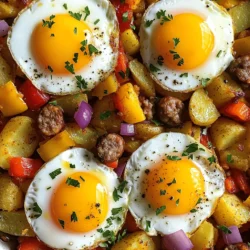 To make a tasty savory breakfast hash, gather these key items: - 3 medium potatoes, diced (preferably Yukon gold or red) - 1 cup bell peppers, diced (mixed colors for vibrancy) - 1 small red onion, finely chopped - 1 cup cooked sausage or plant-based sausage, crumbled - 2 cloves garlic, minced - 4 large eggs - 2 tablespoons olive oil - 1 teaspoon smoked paprika - Salt and pepper to taste - Fresh parsley, chopped for garnish You can mix it up to fit your taste. Here are some fun options: - Spinach or kale for added greens - Cheese like cheddar or feta for creaminess - Avocado slices for extra flavor - Hot sauce for a spicy kick If you lack some ingredients, don’t worry! Here are some swaps: - Use sweet potatoes instead of regular potatoes for sweetness. - Try onion powder or shallots if you don't have a red onion. - Ground turkey or chicken can replace sausage. - You can use vegetable oil instead of olive oil. Feel free to explore these options in the full recipe for savory breakfast hash! Start by prepping the potatoes. Place them in a pot and cover with water. Bring to a boil, then reduce to a simmer for about 5 minutes until they are just tender but not fully cooked. Drain and set them aside. This step helps the potatoes cook faster later. Next, heat the olive oil in a large skillet over medium heat. Add the diced potatoes. Cook for about 8 to 10 minutes, stirring occasionally. You want them to turn golden and crispy on the outside. This will give your hash a nice texture. Now, add the diced bell peppers and onion to the skillet. Sauté for an additional 5 minutes. This softens the veggies and adds flavor. Then, add the minced garlic, crumbled sausage, smoked paprika, salt, and pepper. Stir well to combine. Cook for another 3 to 4 minutes until everything is heated and aromatic. To finish, create four small wells in the hash mixture. Crack an egg into each well. Cover the skillet with a lid. Cook for about 4 to 5 minutes. This lets the eggs cook to your preference, whether sunny side up or more cooked. Once done, remove from heat and garnish with chopped parsley. Serve hot for a delicious meal. For crispy potatoes, don’t skip the parboiling step. It helps cook them evenly. When you add them to the skillet, make sure they are dry. Excess water can make them soggy. Use a large skillet to give them space. If they are too crowded, they won’t crisp up well. Stir them less often at first. Letting them sit will help develop a nice crust. You can also try using a cast-iron skillet if you have one. It will retain heat well and provide a great sear. For sunny side up eggs, cook them just until the whites are firm and the yolks are runny. If you prefer firmer yolks, cover the skillet for a bit longer. This helps them cook through without flipping. You can also crack the eggs into a bowl first. This way, you can easily add them to the wells in the hash. If you want to scramble the eggs, beat them in a bowl and pour them over the hash. Stir gently until they cook through. Enjoy your flavorful and easy breakfast hash! One common mistake is overcooking the potatoes. You want them tender but not mushy. Another issue is not seasoning enough. Salt and pepper bring out the flavors. Also, avoid crowding the skillet. This can lead to steaming instead of browning. Lastly, be careful with the eggs. Cook them to your liking, but don’t let them overcook. Savory breakfast hash pairs well with toast or warm tortillas. A side of fresh fruit adds a nice touch. You can also serve it with avocado slices or a dollop of sour cream. For a spicy kick, try adding hot sauce on top. This dish is great for brunch or a cozy breakfast. A large skillet is essential for cooking the hash. I recommend a non-stick skillet for easy cleanup. A pot is needed for boiling the potatoes. You will also need a lid for the skillet to cook the eggs properly. Lastly, a spatula helps to stir and serve the hash. For the full recipe, check out the detailed instructions above. {{image_2}} You can easily make this hash vegetarian or vegan. For a vegetarian option, skip the meat and use extra veggies. Try adding mushrooms, zucchini, or spinach for flavor and color. If you want a vegan hash, replace the eggs with tofu or chickpea flour scramble. You can also use plant-based sausage for a meaty taste without using meat. This way, everyone can enjoy a hearty breakfast. Savory Breakfast Hash is versatile with proteins. You can swap sausage for bacon or ham for a smoky taste. If you want leaner options, use turkey sausage or chicken. For a vegetarian twist, try adding cooked lentils or black beans. These options provide protein while keeping the dish filling and tasty. Just remember to adjust cooking times based on the protein you choose. If you like heat, you can spice up your hash. Add diced jalapeños or red pepper flakes for a kick. If you prefer milder flavors, stick to smoked paprika and avoid extra spicy ingredients. Always taste as you go. This way, you can find the perfect balance that suits your palate. Don't be afraid to play with spices to make this dish your own! To keep your Savory Breakfast Hash fresh, let it cool first. Place it in an airtight container. Store it in the fridge for up to 3 days. Make sure to label your container with the date. You can freeze your breakfast hash for longer storage. Cool the dish completely. Then, pack it tightly in a freezer-safe container. It will last for about 2 months. When ready to use, thaw it in the fridge before reheating. Reheat leftovers on the stove for best results. Add a splash of water or broth to prevent sticking. Cook over low heat, stirring often, until hot. You can also use a microwave. Heat in short bursts, stirring in between, to ensure even warming. Enjoy your delicious hash! Yes, you can make Savory Breakfast Hash ahead of time. Cook the hash as usual but stop before adding the eggs. Let it cool and store it in the fridge for up to three days. When ready to eat, reheat the hash in a skillet. Add the eggs and cook until they are done. This method saves time on busy mornings. I prefer Yukon gold or red potatoes for this recipe. They have a creamy texture and hold their shape well during cooking. You can also use russet potatoes, but they tend to be more starchy. The key is to dice the potatoes evenly for even cooking. This way, they brown nicely and get crispy. You can easily customize the hash to fit different diets. For a vegetarian option, swap the sausage for mushrooms or black beans. If you want it vegan, use plant-based sausage and replace eggs with tofu or chickpea flour scramble. Adjust spices to match your taste. You can also add more veggies like spinach or zucchini for extra nutrients. You’ve learned the key ingredients and steps to make a savory breakfast hash. We covered how to cook crispy potatoes, adjust flavors, and avoid common mistakes. Remember to store leftovers properly for later meals. Feel free to get creative with variations or dietary needs. Cooking can be fun and simple. With practice, you’ll master this dish. Enjoy your delicious breakfast hash!