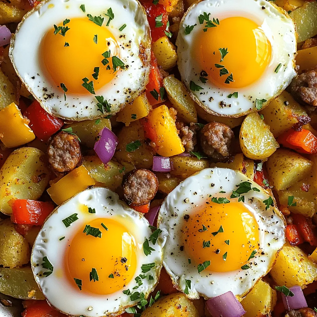 To make a tasty savory breakfast hash, gather these key items: - 3 medium potatoes, diced (preferably Yukon gold or red) - 1 cup bell peppers, diced (mixed colors for vibrancy) - 1 small red onion, finely chopped - 1 cup cooked sausage or plant-based sausage, crumbled - 2 cloves garlic, minced - 4 large eggs - 2 tablespoons olive oil - 1 teaspoon smoked paprika - Salt and pepper to taste - Fresh parsley, chopped for garnish You can mix it up to fit your taste. Here are some fun options: - Spinach or kale for added greens - Cheese like cheddar or feta for creaminess - Avocado slices for extra flavor - Hot sauce for a spicy kick If you lack some ingredients, don’t worry! Here are some swaps: - Use sweet potatoes instead of regular potatoes for sweetness. - Try onion powder or shallots if you don't have a red onion. - Ground turkey or chicken can replace sausage. - You can use vegetable oil instead of olive oil. Feel free to explore these options in the full recipe for savory breakfast hash! Start by prepping the potatoes. Place them in a pot and cover with water. Bring to a boil, then reduce to a simmer for about 5 minutes until they are just tender but not fully cooked. Drain and set them aside. This step helps the potatoes cook faster later. Next, heat the olive oil in a large skillet over medium heat. Add the diced potatoes. Cook for about 8 to 10 minutes, stirring occasionally. You want them to turn golden and crispy on the outside. This will give your hash a nice texture. Now, add the diced bell peppers and onion to the skillet. Sauté for an additional 5 minutes. This softens the veggies and adds flavor. Then, add the minced garlic, crumbled sausage, smoked paprika, salt, and pepper. Stir well to combine. Cook for another 3 to 4 minutes until everything is heated and aromatic. To finish, create four small wells in the hash mixture. Crack an egg into each well. Cover the skillet with a lid. Cook for about 4 to 5 minutes. This lets the eggs cook to your preference, whether sunny side up or more cooked. Once done, remove from heat and garnish with chopped parsley. Serve hot for a delicious meal. For crispy potatoes, don’t skip the parboiling step. It helps cook them evenly. When you add them to the skillet, make sure they are dry. Excess water can make them soggy. Use a large skillet to give them space. If they are too crowded, they won’t crisp up well. Stir them less often at first. Letting them sit will help develop a nice crust. You can also try using a cast-iron skillet if you have one. It will retain heat well and provide a great sear. For sunny side up eggs, cook them just until the whites are firm and the yolks are runny. If you prefer firmer yolks, cover the skillet for a bit longer. This helps them cook through without flipping. You can also crack the eggs into a bowl first. This way, you can easily add them to the wells in the hash. If you want to scramble the eggs, beat them in a bowl and pour them over the hash. Stir gently until they cook through. Enjoy your flavorful and easy breakfast hash! One common mistake is overcooking the potatoes. You want them tender but not mushy. Another issue is not seasoning enough. Salt and pepper bring out the flavors. Also, avoid crowding the skillet. This can lead to steaming instead of browning. Lastly, be careful with the eggs. Cook them to your liking, but don’t let them overcook. Savory breakfast hash pairs well with toast or warm tortillas. A side of fresh fruit adds a nice touch. You can also serve it with avocado slices or a dollop of sour cream. For a spicy kick, try adding hot sauce on top. This dish is great for brunch or a cozy breakfast. A large skillet is essential for cooking the hash. I recommend a non-stick skillet for easy cleanup. A pot is needed for boiling the potatoes. You will also need a lid for the skillet to cook the eggs properly. Lastly, a spatula helps to stir and serve the hash. For the full recipe, check out the detailed instructions above. {{image_2}} You can easily make this hash vegetarian or vegan. For a vegetarian option, skip the meat and use extra veggies. Try adding mushrooms, zucchini, or spinach for flavor and color. If you want a vegan hash, replace the eggs with tofu or chickpea flour scramble. You can also use plant-based sausage for a meaty taste without using meat. This way, everyone can enjoy a hearty breakfast. Savory Breakfast Hash is versatile with proteins. You can swap sausage for bacon or ham for a smoky taste. If you want leaner options, use turkey sausage or chicken. For a vegetarian twist, try adding cooked lentils or black beans. These options provide protein while keeping the dish filling and tasty. Just remember to adjust cooking times based on the protein you choose. If you like heat, you can spice up your hash. Add diced jalapeños or red pepper flakes for a kick. If you prefer milder flavors, stick to smoked paprika and avoid extra spicy ingredients. Always taste as you go. This way, you can find the perfect balance that suits your palate. Don't be afraid to play with spices to make this dish your own! To keep your Savory Breakfast Hash fresh, let it cool first. Place it in an airtight container. Store it in the fridge for up to 3 days. Make sure to label your container with the date. You can freeze your breakfast hash for longer storage. Cool the dish completely. Then, pack it tightly in a freezer-safe container. It will last for about 2 months. When ready to use, thaw it in the fridge before reheating. Reheat leftovers on the stove for best results. Add a splash of water or broth to prevent sticking. Cook over low heat, stirring often, until hot. You can also use a microwave. Heat in short bursts, stirring in between, to ensure even warming. Enjoy your delicious hash! Yes, you can make Savory Breakfast Hash ahead of time. Cook the hash as usual but stop before adding the eggs. Let it cool and store it in the fridge for up to three days. When ready to eat, reheat the hash in a skillet. Add the eggs and cook until they are done. This method saves time on busy mornings. I prefer Yukon gold or red potatoes for this recipe. They have a creamy texture and hold their shape well during cooking. You can also use russet potatoes, but they tend to be more starchy. The key is to dice the potatoes evenly for even cooking. This way, they brown nicely and get crispy. You can easily customize the hash to fit different diets. For a vegetarian option, swap the sausage for mushrooms or black beans. If you want it vegan, use plant-based sausage and replace eggs with tofu or chickpea flour scramble. Adjust spices to match your taste. You can also add more veggies like spinach or zucchini for extra nutrients. You’ve learned the key ingredients and steps to make a savory breakfast hash. We covered how to cook crispy potatoes, adjust flavors, and avoid common mistakes. Remember to store leftovers properly for later meals. Feel free to get creative with variations or dietary needs. Cooking can be fun and simple. With practice, you’ll master this dish. Enjoy your delicious breakfast hash!