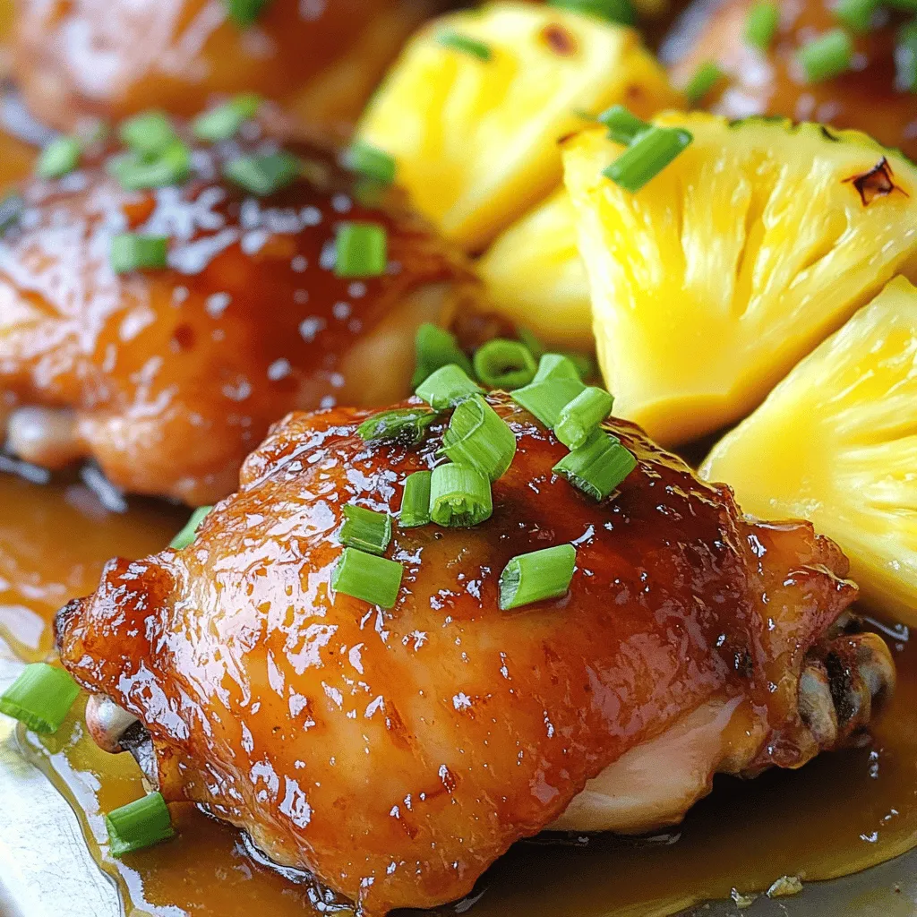- 4 bone-in, skin-on chicken thighs - 1/4 cup soy sauce - 1/4 cup packed brown sugar - 1/4 cup pineapple juice The main ingredients create a tasty base for the dish. The chicken thighs stay juicy and flavorful. Soy sauce adds saltiness and depth. Brown sugar brings sweetness, while pineapple juice gives a fruity twist. - 2 tablespoons ketchup - 1 tablespoon apple cider vinegar - 1 tablespoon fresh ginger, minced - 2 cloves garlic, minced These extras make the chicken even more delicious. Ketchup adds a touch of tanginess. Apple cider vinegar brightens the flavors. Fresh ginger gives a warm spice, and garlic adds depth and aroma. - 2 green onions, sliced (for garnish) - Fresh pineapple slices (for serving) Garnishing with green onions adds color and freshness. Serving with fresh pineapple slices gives a sweet and juicy contrast. You can enjoy Baked Huli Huli Chicken with rice or salad for a full meal. Check out the Full Recipe for all the details! Start by making the marinade. In a medium bowl, whisk together these ingredients: - 1/4 cup soy sauce - 1/4 cup packed brown sugar - 1/4 cup pineapple juice - 2 tablespoons ketchup - 1 tablespoon apple cider vinegar - 1 tablespoon fresh ginger, minced - 2 cloves garlic, minced - 1 teaspoon sesame oil - 1/2 teaspoon black pepper - 1/2 teaspoon salt Whisk until everything mixes well. This marinade gives the chicken its sweet and tangy flavor. The longer you marinate, the better it tastes. Aim for at least 1 hour. If you can, let it sit overnight. This time allows the flavors to soak in deeply. Preheat your oven to 375°F (190°C). While the oven heats up, prepare your baking dish. Line it with aluminum foil for easy cleanup. Place a roasting rack inside the dish. Next, take your marinated chicken thighs from the fridge. Remove them from the marinade and place them on the rack, skin-side up. Reserve the marinade for later. Bake the chicken for about 35 to 40 minutes. It should reach an internal temperature of 165°F (75°C) and look crispy. While the chicken bakes, make the glaze. Pour the reserved marinade into a small saucepan. Bring it to a boil over medium heat. Cook for about 5 to 7 minutes until it thickens slightly. This glaze adds a nice finish. Once the chicken is done, brush the thickened glaze over the chicken thighs. Return them to the oven for an extra 5 minutes. This step caramelizes the glaze. When ready, take the chicken out and let it rest for a few minutes. Garnish with sliced green onions. Serve with fresh pineapple slices on the side for a tasty contrast. You can find the full recipe for Baked Huli Huli Chicken for more details. To get crispy skin on your chicken, use a roasting rack. This keeps the chicken elevated. It allows hot air to flow all around. Also, ensure your oven is fully preheated to 375°F (190°C). This helps the skin crisp up nicely. After baking, let the chicken rest for a few minutes. This keeps the juices inside and makes it moist. For the best flavor, marinate the chicken for at least one hour. If you can, marinate it overnight. The longer it sits, the more flavor it absorbs. If you are short on time, even 30 minutes will help. To marinate in advance, just place the chicken in a resealable bag with the marinade. Store it in the fridge until you are ready to bake. One common mistake is overcooking the chicken. Use a meat thermometer to check for doneness. The internal temperature should reach 165°F (75°C). Another mistake is not using a roasting rack. Without it, the chicken can sit in its juices, making the skin soggy. Always use a roasting rack for the best results. For the full recipe, check out the instructions above. {{image_2}} You can use different cuts of chicken for this dish. If you can’t find chicken thighs, try chicken breasts or drumsticks. Breasts cook faster, so check them at 30 minutes. Drumsticks may need an extra 5 to 10 minutes. Always ensure your chicken reaches 165°F (75°C) for safety. Want to change up the flavor? Add spices like paprika or chili powder to the marinade. You can also mix in some fresh herbs like cilantro or parsley for a fresh twist. If you prefer a vegetarian option, try using tofu or portobello mushrooms. Marinate them just like the chicken for great flavor. For side dishes, I recommend rice or steamed vegetables. A light salad with a tangy dressing goes well too. To drink, pair this dish with a fruity soda or a chilled white wine. These choices balance the sweet and savory flavors of the chicken perfectly. For the full recipe, don’t forget to check out the link! After enjoying your Baked Huli Huli Chicken, you need to store any leftovers properly. To keep it fresh, place the chicken in an airtight container. Make sure to cool it down to room temperature first. This helps avoid moisture build-up inside the container. Baked Huli Huli Chicken lasts up to four days in the fridge. If you want to keep it longer, consider freezing it. Just remember to wrap it well to prevent freezer burn. When reheating, it's key to keep the chicken moist. The best way is to use the oven. Preheat it to 350°F (175°C). Place the chicken in a baking dish and cover it with foil. This helps keep the moisture in. Heat for about 15-20 minutes or until warm. You can also freeze the chicken for up to three months. Make sure to seal it tightly in freezer bags. Thaw it in the fridge before reheating for the best texture. Leftover Huli Huli Chicken is super versatile. You can shred it for tacos or salads. It adds a sweet and savory flavor to any dish. You can also mix it into fried rice or pasta for a quick meal. Try making a Huli Huli chicken sandwich, too. Just pile the chicken on a bun with some slaw. It's a fun way to enjoy your leftovers. For the full recipe, check out the original instructions above! Huli Huli Chicken is a popular dish from Hawaii. The name "Huli Huli" means "turn, turn" in Hawaiian. This comes from the way the chicken was cooked on a grill. Traditionally, it is marinated with a mix of soy sauce, sugar, and pineapple juice. The flavors blend well, creating a sweet and savory taste. This dish often gets grilled, giving it a nice smoky flavor. You can bake Huli Huli Chicken without marinating, but it won’t taste as good. Marinating allows the chicken to soak up all the flavors. The sweet and tangy mix makes the chicken juicy and tasty. If you skip this step, the chicken may taste plain. I recommend marinating for at least an hour or overnight for the best flavor. To check if the chicken is done, use a meat thermometer. The chicken should reach an internal temperature of 165°F (75°C). Look for clear juices when you cut into the chicken. If the juices run pink, it needs more time. The skin should also look golden brown and crispy. To make Huli Huli Chicken gluten-free, swap out the soy sauce. Use gluten-free soy sauce or tamari instead. The other ingredients, like brown sugar and pineapple juice, are usually gluten-free. Check labels to be sure. This way, you can enjoy the same great taste without any gluten. Baked Huli Huli Chicken combines simple, tasty ingredients. The marinade gives it great flavor, while cooking tips help achieve crispy skin. Variations allow for different chicken cuts and side dishes. Proper storage keeps leftovers fresh and ready for new meals. Remember, marinating really boosts the taste. By following these steps, you’ll make a dish that pleases everyone. Enjoy creating your perfect Huli Huli Chicken!